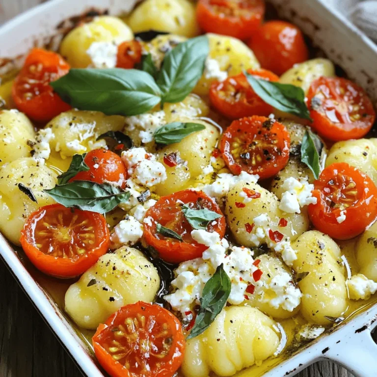- 500g gnocchi (store-bought or homemade) - 250g cherry tomatoes, halved - 200g feta cheese, crumbled - 2 tablespoons olive oil - 3 cloves garlic, minced - 1 teaspoon dried oregano - 1 teaspoon red chili flakes (optional) - Salt and pepper to taste - Fresh basil leaves for garnish Gather these items before you start. The gnocchi will be the base. You can buy it or make your own. Fresh cherry tomatoes add sweetness and color. Crumbled feta brings a salty kick. Olive oil helps with cooking and adds flavor. Garlic gives a nice aroma. Dried oregano adds a touch of herbiness. You can spice it up with red chili flakes if you like heat. Salt and pepper enhance all the flavors. Fresh basil is perfect for a pretty finish. This dish is simple but full of taste. You’ll love how easy it is to make. For the full recipe, check the section above. - Preheat your oven to 200°C (400°F). This helps cook the dish evenly. - In a large baking dish, combine the halved cherry tomatoes, crumbled feta cheese, minced garlic, olive oil, and dried oregano. If you like a little heat, add red chili flakes too. Season with salt and pepper to taste. Mix everything gently until well combined. This step builds the flavor base for our dish. - Bring a pot of salted water to a boil. Add the gnocchi and cook according to package instructions. Usually, this takes about 2-3 minutes. You know they’re ready when they float to the top. Drain the gnocchi and let them sit for a moment. Then, add the cooked gnocchi to the baking dish. Carefully mix it with the tomato and feta mixture. Make sure each gnocchi is coated well. - Place the baking dish in your preheated oven. Bake for about 20-25 minutes. Keep an eye on it. You want the tomatoes to soften and the feta to turn lightly brown. Your kitchen will smell amazing! Once done, remove it from the oven and let it cool for a minute. Now it’s ready to serve. Enjoy your hearty meal! You can find the full recipe with detailed steps above. To cook gnocchi just right, follow these steps: - Boil water: Start with a big pot of salted water. - Add gnocchi: Drop the gnocchi in when the water boils. - Watch for floating: Cook them until they float, about 2-3 minutes. - Drain gently: Use a slotted spoon to lift them out. These steps give you light and fluffy gnocchi. Overcooking makes them mushy, so keep an eye on them. Feta adds a nice tang, but you can try other cheeses too. Here are a few ideas: - Mozzarella: Creamy and melts well. - Parmesan: Sharp and nutty flavor. - Goat cheese: Adds a different tang. Mixing cheeses can give your dish a new twist. Don't be afraid to experiment! Herbs and spices can make your baked gnocchi pop. Here are some great options: - Basil: Fresh or dried, it works well with tomatoes. - Thyme: Adds a nice earthy flavor. - Rosemary: Strong and fragrant, use it sparingly. You can also sprinkle in some lemon zest for a bright touch. Adding these flavors makes every bite exciting. For the full recipe, check out the details above. {{image_2}} You can add more vegetables to your baked gnocchi. Spinach is a great choice. It cooks down nicely and adds a rich color. Bell peppers bring a sweet crunch. Just chop them into bite-sized pieces. Toss them in with the tomatoes and feta. You can even use zucchini or mushrooms for extra flavor. Feel free to mix and match to your liking. Want to boost the protein? Chicken is a fantastic option. Cook and cube it before adding it to the dish. Shrimp works well too. Just peel and devein them, then mix them in. Both options will make your meal heartier. You can also use cooked sausage for a savory twist. Just slice it up and add it in. If you need a gluten-free meal, swap the gnocchi for gluten-free options. Look for gluten-free gnocchi at the store. You can also use potato gnocchi made from only potatoes and rice flour. This keeps the dish tasty and safe. Always check labels to ensure the ingredients fit your needs. Enjoy this dish without worry! To store your leftover baked gnocchi, let it cool first. Use an airtight container. This keeps the flavors fresh. Place it in the fridge. It will last for about 3 to 5 days. Always label your container with the date. This way, you won’t forget about it. When you're ready to enjoy your leftovers, preheat your oven to 180°C (350°F). Place the gnocchi in an oven-safe dish. Add a splash of water or olive oil to keep it moist. Cover the dish with foil. This helps prevent drying out. Heat for about 15 to 20 minutes. Check to see if it’s warmed through. If you want to freeze the dish, do it before baking. Prepare the gnocchi as per the recipe. Once combined, place it in a freezer-safe container. Seal it tightly. It can stay in the freezer for up to 3 months. When you’re ready to cook, thaw it in the fridge overnight. Then, bake as usual. For the best results, do not refreeze after baking. Enjoy your Feta and Tomato Baked Gnocchi later with ease! Feta and Tomato Baked Gnocchi lasts about 3 to 5 days in the fridge. Keep it in an airtight container. If you notice any signs of spoilage, like a sour smell or mold, it's best to throw it out. Always check your food before eating! Yes, you can use frozen gnocchi! Just cook it directly from the freezer. Boil it for an extra minute or two. This helps to keep the texture nice. Follow the same steps in the recipe after cooking the gnocchi. Baked gnocchi pairs well with a light salad or crusty bread. A simple arugula salad with lemon dressing adds a nice touch. You could also enjoy it with a glass of white wine. These options elevate your meal and make it more special! This blog post covered a delicious baked gnocchi recipe. We explored the main ingredients like gnocchi, cherry tomatoes, and feta. I shared easy steps to make it, from mixing to baking. I also gave tips for perfecting the gnocchi and adding your favorite flavors. Remember, you can customize it with veggies or proteins. The storage and reheating tips will help you enjoy leftovers easily. This dish delivers warmth and flavor. Enjoy making this tasty meal for friends or family!