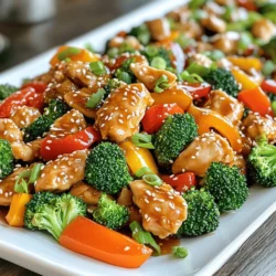 - 1 lb boneless, skinless chicken thighs - Fresh vegetables: broccoli, bell pepper, carrot - Honey and soy sauce blend The chicken thighs give this dish a juicy texture. They cook quickly and absorb flavors well. Fresh vegetables add color and crunch. I love using broccoli for its nutrients. Bell peppers offer sweetness, and carrots bring a nice pop of color. The honey and soy sauce blend creates that sweet and savory taste we crave. - Garlic and ginger - Cornstarch for thickening - Vegetable oil for cooking Garlic and ginger add a fragrant kick. They make the dish aromatic and lively. Cornstarch helps thicken the sauce, making it stick to the chicken and veggies. Vegetable oil is perfect for stir-frying. It has a high smoke point and won’t burn easily. - Chopped green onions - Sesame seeds - Salt and pepper to taste Chopped green onions give a fresh, sharp flavor. They also brighten the dish’s look. Sesame seeds add a nutty crunch. I like to sprinkle them on top for texture. Don't forget salt and pepper. They enhance all the flavors in the dish. You can find the full recipe for precise measurements and steps. To make Honey Garlic Chicken Stir Fry, you will follow a few simple steps. Each step builds on the last, ensuring your dish turns out tasty and colorful. - Start by slicing 1 lb of boneless, skinless chicken thighs into strips. Thin strips cook fast and stay juicy. - Next, mince 2 cloves of garlic and 1 tablespoon of fresh ginger. These add great flavor. - For the veggies, julienne 1 carrot and slice 1 bell pepper into strips. Use any color bell pepper you like. - Heat 1 tablespoon of vegetable oil in a large skillet or wok over medium-high heat. The oil helps cook the chicken evenly. - Once the oil is hot, add the chicken strips. Stir-fry them until they are browned and cooked through, about 5-7 minutes. Make sure they are not pink inside. - After the chicken is cooked, remove it from the skillet and set it aside. - In the same skillet, add the minced garlic and ginger. Sauté them for about 30 seconds until they smell great. - Next, toss in the broccoli, bell pepper, and carrot. Stir-fry the vegetables for about 3-4 minutes until they are tender-crisp. You want them to still have a bit of crunch. - Return the chicken to the skillet with the veggies. Pour your honey-garlic sauce over everything. Toss well until all the ingredients are coated and the sauce thickens. This takes about 2 minutes. - Finally, remove the stir fry from the heat and serve it hot. You can garnish it with chopped green onions and sesame seeds for a nice touch. You can find the full recipe for detailed measurements and tips. Enjoy your cooking adventure! - Best temperature for stir-frying: Use medium-high heat. This keeps the chicken juicy and the veggies crisp. - Ensuring even cooking of ingredients: Cut all ingredients into similar sizes. This helps them cook at the same rate. Stir frequently to avoid burning. - Modifying sweetness and spice levels: If you like it sweeter, add more honey. For heat, try adding red pepper flakes. - Alternatives for soy sauce: Use coconut aminos for a soy-free option. You can also use tamari for a gluten-free choice. - Plating suggestions for appealing visuals: Serve the stir fry on a large white plate. This makes the colors pop. Drizzle extra sauce on top for a shiny finish. - Complementing sides like rice or noodles: Serve with steamed jasmine rice or thin rice noodles. They soak up the sauce well and add texture. For more tips, check the full recipe! {{image_2}} You can change the protein in this dish. Tofu works great for a vegetarian option. Shrimp adds a nice touch too. Try a mix of both if you want. For veggies, you can swap broccoli for snap peas or green beans. Cauliflower or zucchini also taste good in this stir fry. Use what you have on hand! Want to kick up the flavor? Add red pepper flakes for a spicy twist. You can also squeeze in some lime or lemon juice. This adds a fresh taste and balances the sweetness of the honey. Try adding chopped herbs like cilantro or basil for extra flavor. These small changes can make a big difference! If you're looking for gluten-free options, use tamari instead of soy sauce. It has a similar taste without gluten. For those watching sugar, use less honey or a sugar substitute. You can still enjoy this dish while keeping it healthy. Don't hesitate to adjust the recipe to fit your needs! For the full recipe, check out the details above. Store your leftover honey garlic chicken stir fry in an airtight container. Make sure it cools down to room temperature before sealing. This step helps keep it fresh. Glass containers or BPA-free plastic ones work well. Label the container with the date to track freshness. You can freeze cooked stir fry for up to three months. Place it in a freezer-safe bag or container. Remove as much air as possible to prevent freezer burn. To thaw, move it to the fridge overnight. For reheating, warm it in a skillet over medium heat until hot. You can also microwave it, stirring halfway through. In the fridge, your stir fry lasts about three to four days. If it develops an off smell or changes color, discard it. Also, if you see any mold, throw it away right away. Keeping an eye on these signs ensures your meals stay safe and tasty. You can find the full recipe in the article above. Honey Garlic Chicken Stir Fry is a delightful dish. It combines tender chicken with vibrant vegetables. The sauce blends sweet honey with savory soy sauce. This creates a tasty, sticky glaze that coats everything. You get a nice balance of flavors. The garlic gives it a warm, rich taste. The fresh ginger adds a hint of spice. Altogether, it’s a dish that pleases everyone at the table. You can easily make a vegetarian version of this stir fry. Swap the chicken for firm tofu or tempeh. These options provide a great texture. Use the same marinade for flavor. You can add more veggies, like snap peas or mushrooms. For a vegan option, use maple syrup instead of honey. This keeps the dish sweet and satisfying. Yes, you can make this recipe ahead of time. Prep the chicken and chop the veggies the night before. Store them in airtight containers in the fridge. You can also mix the sauce in advance. Just keep it sealed until you're ready to cook. When you’re ready to eat, it will save you time. This makes dinner easy and quick. Serve your Honey Garlic Chicken Stir Fry with steamed rice or noodles. Both options soak up the sauce well. You can also add a side of fresh salad. A light cucumber salad pairs nicely with the dish. If you want something crunchy, try serving it with spring rolls. These sides complement the stir fry perfectly. You can easily adjust the spice level to your taste. If you like it mild, skip the spices. For some heat, add red pepper flakes to the sauce. You can also include sliced jalapeños in the stir fry. Start with a small amount and taste as you go. This way, you can find your perfect balance. This blog post covered how to make a tasty Honey Garlic Chicken Stir Fry. We explored the main ingredients, seasonings, and garnishes that make it special. You learned step-by-step cooking instructions and useful tips to enhance your dish. We also discussed variations for dietary needs and ingredients you can swap. With these insights, you can create a meal that suits your taste. Enjoy making this dish your own!