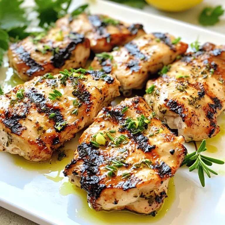 - 4 boneless, skinless chicken breasts - 4 tablespoons olive oil - 4 cloves garlic, minced - 1 tablespoon fresh rosemary, chopped - 1 tablespoon fresh thyme, chopped - 1 tablespoon fresh parsley, chopped - Juice of 1 lemon - Salt and pepper to taste - Mixing bowl - Whisk - Resealable plastic bag or shallow dish - Grill - Meat thermometer - Tongs When picking chicken, look for bright pink meat. It should feel firm but not too hard. Fresh herbs should look vibrant and smell strong. Avoid any wilted or brown leaves. For garlic, choose bulbs that feel heavy and firm. If the garlic is sprouted, it's still good but might taste sharper. Use fresh lemons for juice; they should be firm and yield slightly when you squeeze them. Always inspect your ingredients carefully to ensure the best taste. For the full recipe, check the instructions above. To make the marinade, gather these ingredients: - 4 tablespoons olive oil - 4 cloves garlic, minced - 1 tablespoon fresh rosemary, chopped - 1 tablespoon fresh thyme, chopped - 1 tablespoon fresh parsley, chopped - Juice of 1 lemon - Salt and pepper to taste In a bowl, whisk together the olive oil, garlic, rosemary, thyme, parsley, lemon juice, salt, and pepper. This mixture gives your chicken a fresh and zesty flavor. The garlic and herbs blend well, making each bite tasty. Take 4 boneless, skinless chicken breasts and place them in a resealable plastic bag or shallow dish. Pour the marinade over the chicken, making sure each piece is well-coated. Seal the bag or cover the dish tightly. Refrigerate for at least 1 hour, but up to 4 hours is best for more flavor. This step is key to making your chicken juicy and full of taste. Preheat your grill to medium-high heat. Once ready, remove the chicken from the marinade. Let any extra marinade drip off. Place the chicken on the grill and cook for about 6-7 minutes on each side. Use a meat thermometer to check if the chicken reaches 165°F (75°C). This ensures it is safe to eat and fully cooked. Once done, take it off the grill and let it rest for about 5 minutes before slicing. Resting helps keep the chicken moist. Serve the grilled chicken with extra fresh herbs for a lovely touch. For the full recipe, check out the details above. To get those perfect grill marks, start with a hot grill. Make sure your grill reaches medium-high heat before placing the chicken on it. Dry the chicken with paper towels. A dry surface gets better marks. Place the chicken on the grill at a 45-degree angle. After about 3-4 minutes, rotate the chicken 90 degrees for those nice crosshatch marks. Flip the chicken after 6-7 minutes and repeat the process. Juicy chicken starts with marinating. Use the marinade from the recipe to soak the chicken. The olive oil and lemon juice help keep it moist. Don't skip the resting step after grilling. Let the chicken rest for 5 minutes before slicing. This allows the juices to redistribute throughout the meat, keeping it tender and delicious. Having the right tools makes cooking easier. Here are some must-haves: - A sharp chef's knife for cutting the chicken. - A cutting board for safe prep. - A whisk for mixing the marinade. - A resealable plastic bag or shallow dish for marinating. - A grill thermometer to check the chicken's doneness. These tools will help you create the best garlic herb grilled chicken. For the full recipe, check the section above. {{image_2}} You can change the herbs in this recipe to suit your taste. Try using basil instead of parsley for a sweeter note. Oregano adds a warm, earthy flavor that pairs well with chicken. If you love a stronger taste, use sage. Each herb brings its own charm. You can even mix and match to find your favorite blend. Adding more flavor is easy. Consider including crushed red pepper flakes for a spicy kick. A tablespoon of honey can balance the garlic with a touch of sweetness. You might also add a splash of balsamic vinegar for richness. Each of these additions will change the dish while keeping it simple and tasty. If you don’t have a grill, don’t worry! You can use your oven or a skillet. For the oven, preheat it to 400°F (200°C). Place the marinated chicken on a baking sheet. Cook for about 20-25 minutes, or until the chicken is done. Using a skillet is another great option. Heat a little olive oil over medium heat. Cook the chicken for about 6-7 minutes on each side, just like on the grill. This method gives a nice sear and keeps the chicken juicy. No matter how you cook it, you can enjoy this garlic herb grilled chicken. Don’t forget to check the full recipe for all the details. After enjoying your Garlic Herb Grilled Chicken, cool the leftovers. Place them in an airtight container. This keeps the chicken fresh. Store it in the fridge for up to three days. If you want to keep it longer, freezing is a great option. To reheat your chicken, use the oven or stovetop. For the oven, preheat it to 350°F (175°C). Place the chicken on a baking tray. Heat for about 15-20 minutes. If using the stovetop, warm it in a skillet over low heat. Add a splash of water or broth to keep it moist. To freeze, wrap each piece of chicken in plastic wrap. Place the wrapped chicken in a freezer bag. Squeeze out as much air as possible. This helps to prevent freezer burn. You can freeze it for up to three months. When ready to eat, thaw it in the fridge overnight before reheating. For best flavor, use the chicken within a month. Enjoy your delicious Garlic Herb Grilled Chicken even later! To butterfly chicken breasts, lay the breast flat on a cutting board. Hold the breast steady with one hand. Use a sharp knife to slice horizontally through the thickest part. Stop before cutting all the way through. Open the breast like a book. This method helps it cook evenly. Yes, you can. Chicken thighs add more flavor and stay moist. They also grill well and are forgiving if overcooked. Just ensure the thighs reach 165°F (75°C) for safe eating. You may need to adjust grilling time since thighs are thicker. Marinate the chicken for at least 1 hour. For the best flavor, marinate for up to 4 hours. This allows the herbs and garlic to soak in. Avoid marinating longer than 24 hours, as the chicken can become mushy. For a full recipe, check the detailed steps provided. In this blog post, we covered key ingredients, tools, and tips for grilling chicken. I shared step-by-step instructions for preparing marinades and grilling techniques. We also discussed ensuring juicy chicken, achieving perfect grill marks, and offered variations for your recipes. Don't forget how to store leftovers and reheat them properly. With these tips, you’ll become a grilling pro in no time. Remember, cooking chicken can be simple and fun with the right approach. Enjoy your meals and share your tasty results!