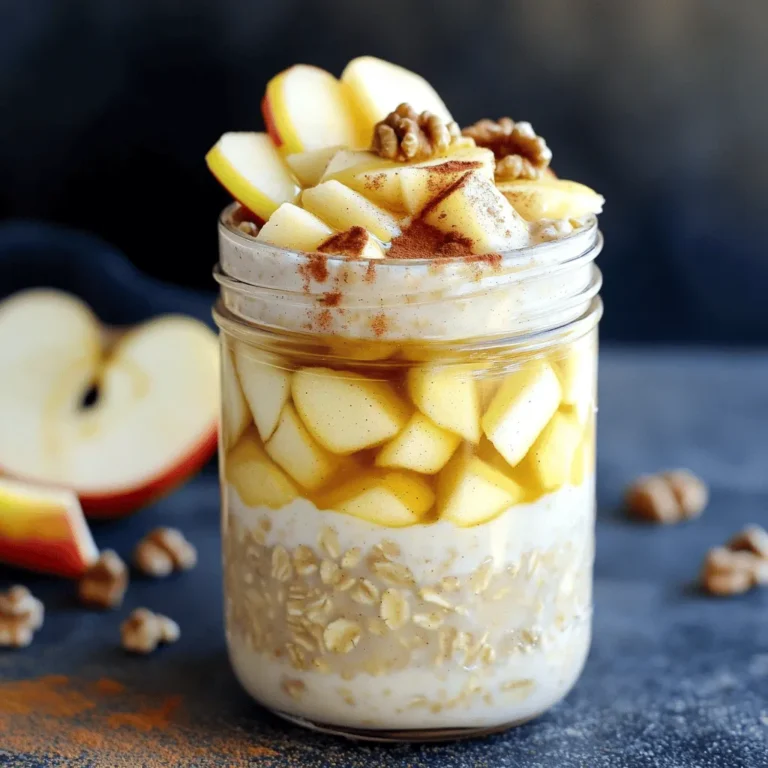 To make delicious apple pie overnight oats, you will need: - 1 cup rolled oats - 1 cup unsweetened almond milk (or any milk of choice) - 1 medium apple, cored and diced - 1 tablespoon maple syrup (or honey) - 1 teaspoon cinnamon - 1/2 teaspoon vanilla extract - 1/4 cup Greek yogurt (optional, for creaminess) - 1 tablespoon chia seeds (optional, for added nutrition) - Chopped walnuts or pecans for topping (optional) - Extra apple slices and a sprinkle of cinnamon for garnish You can change up the taste by adding: - Nutmeg for a warm flavor - Dried cranberries or raisins for sweetness - A scoop of protein powder for an energy boost If you need to swap ingredients, here are some ideas: - Use regular milk or oat milk instead of almond milk. - Swap out maple syrup for agave nectar or brown sugar. - Replace Greek yogurt with a dairy-free yogurt for a vegan option. - Omit chia seeds if you're not a fan; the oats will still be tasty! I hope these ideas help you create your own version of apple pie overnight oats! For the full recipe, check out the details above. Start by gathering your ingredients. You need rolled oats, almond milk, and a medium apple. Dice the apple into small pieces. In a bowl, mix the oats, almond milk, diced apple, maple syrup, cinnamon, and vanilla extract. If you want more nutrition, add chia seeds. Stir until everything blends together well. If you like it creamy, fold in Greek yogurt. Take two clean jars or containers. Divide the oat mixture equally between them. Make sure each jar has the same amount. Seal the jars with lids to keep the contents fresh. This helps the oats soak up the flavors. Place the jars in the fridge for at least four hours or overnight. This chilling time lets the oats soften and absorb the liquid. In the morning, stir the oats. If they seem too thick, add a splash of almond milk. Top with nuts, extra apple slices, and a sprinkle of cinnamon before eating. For the full recipe, check the section above. To make your oats creamy, add Greek yogurt. This gives a rich texture. You can also blend the oats with milk before mixing everything. This helps break down the oats. For a nutty flavor, consider adding a spoonful of nut butter. Almond or peanut butter works great. You can change up the flavors in many ways. Try adding nutmeg for warmth. Dried fruits like raisins or cranberries bring sweetness. You can also mix in some chopped pecans for crunch. Each twist can make the oats feel new and exciting. The right texture is key for great oats. Use rolled oats, as they soak up milk well. If the oats are too thick after soaking, just add more milk. Stir well to combine everything again. For a thicker mix, add chia seeds. They absorb moisture and create a firmer base. For the full recipe, check the earlier section to get started on your delicious Apple Pie Overnight Oats. {{image_2}} You can make vegan apple pie overnight oats easily. Just swap the dairy milk for almond milk or oat milk. Use maple syrup for sweetness, and skip the Greek yogurt. You still get a creamy texture from the oats and chia seeds. To make gluten-free apple pie overnight oats, choose oats labeled gluten-free. Some oats may have traces of gluten. Always check the label before you buy. The rest of the ingredients in this recipe are naturally gluten-free. Enjoy a tasty treat without worry. For a protein boost, add a scoop of protein powder. You can also mix in more Greek yogurt if you like. Chia seeds are great too, as they add protein and healthy fats. Try topping your oats with nut butter for more flavor and nutrition. For the complete recipe, refer to the [Full Recipe]. To keep your apple pie overnight oats fresh, use airtight containers. Glass jars work great. Make sure the lids seal well. Store them in the fridge. This keeps the oats creamy and tasty. You can store your oats for up to five days in the fridge. After that, the texture may change. If you notice any odd smells or colors, it’s best to toss them. You can freeze your overnight oats for later use. Just pack them into freezer-safe jars. Leave some space at the top for expansion. When you’re ready to eat, thaw them in the fridge overnight. Enjoy them cold or warm them up! For the full recipe, check out the details above. Yes, you can use quick oats. They will soak up liquid faster. This makes your oats softer and creamier. Quick oats may not give the same chewy texture as rolled oats. If you prefer a softer bite, go for quick oats. Just remember to adjust the soaking time. You can reduce the maple syrup or honey in the recipe. You can also use unsweetened almond milk. This milk has no added sugar, making it a great choice. Another option is to add more spices like cinnamon or nutmeg. These spices add flavor without the sugar. You can try many fun toppings for your oats! Here are some tasty ideas: - Chopped walnuts or pecans for crunch - Sliced bananas for added sweetness - A dollop of Greek yogurt for creaminess - Dried cranberries or raisins for a fruity twist - A drizzle of nut butter for richness - Fresh berries for a pop of color Experiment with these toppings to find your favorite mix! For the full recipe, check the details above. In this blog post, we explored apple pie overnight oats. We discussed the key ingredients, substitution options, and tips for a creamy texture. I shared step-by-step instructions for preparing and layering your oats in jars. You learned about variations, like vegan and gluten-free options, plus storage tips to keep your oats fresh. In conclusion, overnight oats are simple, tasty, and versatile. They make a great breakfast. You can mix and match flavors to suit your taste. Enjoy this easy recipe every morning!