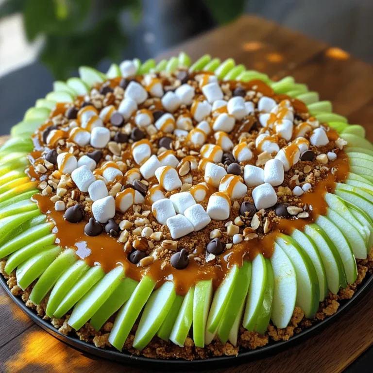 - 3 medium-sized apples (Granny Smith or Honeycrisp) - 1 cup caramel sauce (store-bought or homemade) - 1/2 cup semi-sweet chocolate chips - 1/2 cup mini marshmallows - 1/2 cup crushed graham crackers - 1/4 cup chopped nuts (pecans or walnuts) - 1 teaspoon cinnamon (optional) - Whipped cream for drizzling (optional) To make caramel apple nachos, you need simple ingredients. Start with apples. I love using Granny Smith or Honeycrisp for their crispness and tang. You will also need caramel sauce. You can buy it or make your own. Semi-sweet chocolate chips add a rich taste. Mini marshmallows bring a fun texture. Crushed graham crackers add crunch. Chopped nuts, like pecans or walnuts, give a nice finish. Cinnamon is optional but adds warmth. And don’t forget the whipped cream for drizzling! - Alternative fruits for different flavors - Varieties of caramel sauce to use or make Feel free to switch up the fruits. Pears or bananas work well too. You can also explore different caramel sauces. Some people love salted caramel for a sweet and salty mix. Others may choose chocolate caramel for an extra treat. - Microwave-safe bowl - Baking sheet or serving platter - Parchment paper You will need a few tools to prepare this dish. A microwave-safe bowl helps melt the caramel. A baking sheet or serving platter is perfect for arranging the nachos. Parchment paper makes cleanup easy and keeps the nachos from sticking. For the full recipe, refer to the instructions in the earlier section. Enjoy creating this delicious dessert! 1. First, wash the apples under cold water. This helps remove any dirt. 2. Next, core the apples. You want to take out the seeds and stem. 3. Now, slice the apples into thin wedges. Aim for even pieces for better layering. 1. Take your large platter and spread the apple slices in a circular pattern. 2. Drizzle caramel sauce over the apple slices. Make sure to cover them well. 1. Sprinkle semi-sweet chocolate chips evenly on top of the apples. 2. Add mini marshmallows for a sweet, fluffy touch. 3. Next, sprinkle crushed graham crackers. This will give a nice crunch. 4. Finish with chopped nuts for extra texture. If you like, add a sprinkle of cinnamon on top. For the full recipe, check out the details above. Enjoy making this fun dessert! To ensure a smooth caramel sauce, heat it slowly. If you use a microwave, check every 30 seconds. Stir well to avoid hot spots. If you make homemade caramel, keep it warm. Use a pot on low heat for easy pouring. Get creative when serving caramel apple nachos. Try using colorful plates or fun platters to catch the eye. Arrange the nachos in a circle to draw attention. You can also add seasonal decorations like leaves or small pumpkins for a festive touch. Consider adding fun flavors to your nachos. You can mix in sliced bananas or pears for a twist. Drizzle some peanut butter or white chocolate for extra sweetness. Pair with warm cider or a scoop of vanilla ice cream for a delightful experience. For a kick, add a pinch of sea salt on top. For the full recipe of caramel apple nachos, check out the recipe section above. {{image_2}} You can have fun with different fruits! Try using pears or bananas for a new twist. They add a nice sweetness and different texture. For fall, think of seasonal fruits. Slices of ripe figs or pomegranate seeds can make your nachos pop with color and flavor. Switching up the toppings can make your nachos stand out. White chocolate chips offer a creamy touch that pairs well with fruit. Peanut butter drizzles add a nutty flavor that many enjoy. You can also use different nuts, like almonds or hazelnuts, to bring in crunch. Sprinkles can add a festive look and a bit of fun. If you want a vegan version, you can find plant-based caramel. Many brands offer vegan options that taste great. For toppings, use dairy-free chocolate chips and nuts. If you need gluten-free nachos, swap graham crackers for gluten-free options. This way, everyone can enjoy this delicious treat! Check out the Full Recipe for more ideas. To store caramel apple nachos, place them in an airtight container. Cover the nachos with plastic wrap or a lid. This keeps them fresh in the fridge. They will last for about 1 to 2 days. The apples may soften over time, but they will still taste good. If your nachos get soggy, you can refresh them easily. Place them on a baking sheet and pop them in the oven at 350°F for about 5 minutes. This helps crisp them up again. If you need to reheat the caramel sauce, use the microwave. Heat it in short bursts of 15 seconds, stirring after each time. This ensures it warms evenly and stays smooth. You can prep some ingredients ahead. Wash and slice the apples a few hours before serving. Store them in lemon water to keep them fresh. You can also make the caramel sauce early. Just warm it before you assemble the nachos. Assemble everything just before serving for the best taste and look. For the complete process, check the Full Recipe. Yes, you can use many types of apples. The best apples for flavor and texture are Granny Smith or Honeycrisp. Granny Smith brings a tartness that pairs well with sweet toppings. Honeycrisp offers a sweet and juicy bite. You can also try Fuji or Gala apples for a sweeter taste. To make this recipe vegan, you can use dairy-free caramel sauce. Many stores sell vegan caramel. You can also make your own using coconut milk and maple syrup. For toppings, choose dairy-free chocolate chips and avoid whipped cream or use a vegan version. Get creative with toppings! Some fun ideas include: - Sliced bananas for extra sweetness - Coconut flakes for a tropical twist - Dried fruits like cranberries or raisins - Peanut butter for a nutty flavor - Colorful sprinkles for a festive look Yes, you can make this recipe gluten-free. Use gluten-free graham crackers or crushed nuts as a crunchy layer. Many brands offer gluten-free options at the store. Always check labels to ensure they meet your dietary needs. You can find the full recipe to make this delicious dessert and explore more ideas! Caramel apple nachos make a fun dessert for everyone. You start with apples, then layer on caramel and tasty toppings. I showed you how to prepare the apples and add different flavors. Remember to store leftovers well and consider variations. This recipe is easy to adjust for your taste. Enjoy making your perfect nachos anytime!