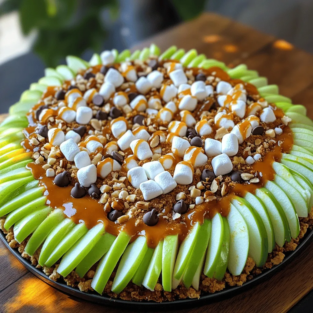 - 3 medium-sized apples (Granny Smith or Honeycrisp) - 1 cup caramel sauce (store-bought or homemade) - 1/2 cup semi-sweet chocolate chips - 1/2 cup mini marshmallows - 1/2 cup crushed graham crackers - 1/4 cup chopped nuts (pecans or walnuts) - 1 teaspoon cinnamon (optional) - Whipped cream for drizzling (optional) To make caramel apple nachos, you need simple ingredients. Start with apples. I love using Granny Smith or Honeycrisp for their crispness and tang. You will also need caramel sauce. You can buy it or make your own. Semi-sweet chocolate chips add a rich taste. Mini marshmallows bring a fun texture. Crushed graham crackers add crunch. Chopped nuts, like pecans or walnuts, give a nice finish. Cinnamon is optional but adds warmth. And don’t forget the whipped cream for drizzling! - Alternative fruits for different flavors - Varieties of caramel sauce to use or make Feel free to switch up the fruits. Pears or bananas work well too. You can also explore different caramel sauces. Some people love salted caramel for a sweet and salty mix. Others may choose chocolate caramel for an extra treat. - Microwave-safe bowl - Baking sheet or serving platter - Parchment paper You will need a few tools to prepare this dish. A microwave-safe bowl helps melt the caramel. A baking sheet or serving platter is perfect for arranging the nachos. Parchment paper makes cleanup easy and keeps the nachos from sticking. For the full recipe, refer to the instructions in the earlier section. Enjoy creating this delicious dessert! 1. First, wash the apples under cold water. This helps remove any dirt. 2. Next, core the apples. You want to take out the seeds and stem. 3. Now, slice the apples into thin wedges. Aim for even pieces for better layering. 1. Take your large platter and spread the apple slices in a circular pattern. 2. Drizzle caramel sauce over the apple slices. Make sure to cover them well. 1. Sprinkle semi-sweet chocolate chips evenly on top of the apples. 2. Add mini marshmallows for a sweet, fluffy touch. 3. Next, sprinkle crushed graham crackers. This will give a nice crunch. 4. Finish with chopped nuts for extra texture. If you like, add a sprinkle of cinnamon on top. For the full recipe, check out the details above. Enjoy making this fun dessert! To ensure a smooth caramel sauce, heat it slowly. If you use a microwave, check every 30 seconds. Stir well to avoid hot spots. If you make homemade caramel, keep it warm. Use a pot on low heat for easy pouring. Get creative when serving caramel apple nachos. Try using colorful plates or fun platters to catch the eye. Arrange the nachos in a circle to draw attention. You can also add seasonal decorations like leaves or small pumpkins for a festive touch. Consider adding fun flavors to your nachos. You can mix in sliced bananas or pears for a twist. Drizzle some peanut butter or white chocolate for extra sweetness. Pair with warm cider or a scoop of vanilla ice cream for a delightful experience. For a kick, add a pinch of sea salt on top. For the full recipe of caramel apple nachos, check out the recipe section above. {{image_2}} You can have fun with different fruits! Try using pears or bananas for a new twist. They add a nice sweetness and different texture. For fall, think of seasonal fruits. Slices of ripe figs or pomegranate seeds can make your nachos pop with color and flavor. Switching up the toppings can make your nachos stand out. White chocolate chips offer a creamy touch that pairs well with fruit. Peanut butter drizzles add a nutty flavor that many enjoy. You can also use different nuts, like almonds or hazelnuts, to bring in crunch. Sprinkles can add a festive look and a bit of fun. If you want a vegan version, you can find plant-based caramel. Many brands offer vegan options that taste great. For toppings, use dairy-free chocolate chips and nuts. If you need gluten-free nachos, swap graham crackers for gluten-free options. This way, everyone can enjoy this delicious treat! Check out the Full Recipe for more ideas. To store caramel apple nachos, place them in an airtight container. Cover the nachos with plastic wrap or a lid. This keeps them fresh in the fridge. They will last for about 1 to 2 days. The apples may soften over time, but they will still taste good. If your nachos get soggy, you can refresh them easily. Place them on a baking sheet and pop them in the oven at 350°F for about 5 minutes. This helps crisp them up again. If you need to reheat the caramel sauce, use the microwave. Heat it in short bursts of 15 seconds, stirring after each time. This ensures it warms evenly and stays smooth. You can prep some ingredients ahead. Wash and slice the apples a few hours before serving. Store them in lemon water to keep them fresh. You can also make the caramel sauce early. Just warm it before you assemble the nachos. Assemble everything just before serving for the best taste and look. For the complete process, check the Full Recipe. Yes, you can use many types of apples. The best apples for flavor and texture are Granny Smith or Honeycrisp. Granny Smith brings a tartness that pairs well with sweet toppings. Honeycrisp offers a sweet and juicy bite. You can also try Fuji or Gala apples for a sweeter taste. To make this recipe vegan, you can use dairy-free caramel sauce. Many stores sell vegan caramel. You can also make your own using coconut milk and maple syrup. For toppings, choose dairy-free chocolate chips and avoid whipped cream or use a vegan version. Get creative with toppings! Some fun ideas include: - Sliced bananas for extra sweetness - Coconut flakes for a tropical twist - Dried fruits like cranberries or raisins - Peanut butter for a nutty flavor - Colorful sprinkles for a festive look Yes, you can make this recipe gluten-free. Use gluten-free graham crackers or crushed nuts as a crunchy layer. Many brands offer gluten-free options at the store. Always check labels to ensure they meet your dietary needs. You can find the full recipe to make this delicious dessert and explore more ideas! Caramel apple nachos make a fun dessert for everyone. You start with apples, then layer on caramel and tasty toppings. I showed you how to prepare the apples and add different flavors. Remember to store leftovers well and consider variations. This recipe is easy to adjust for your taste. Enjoy making your perfect nachos anytime!