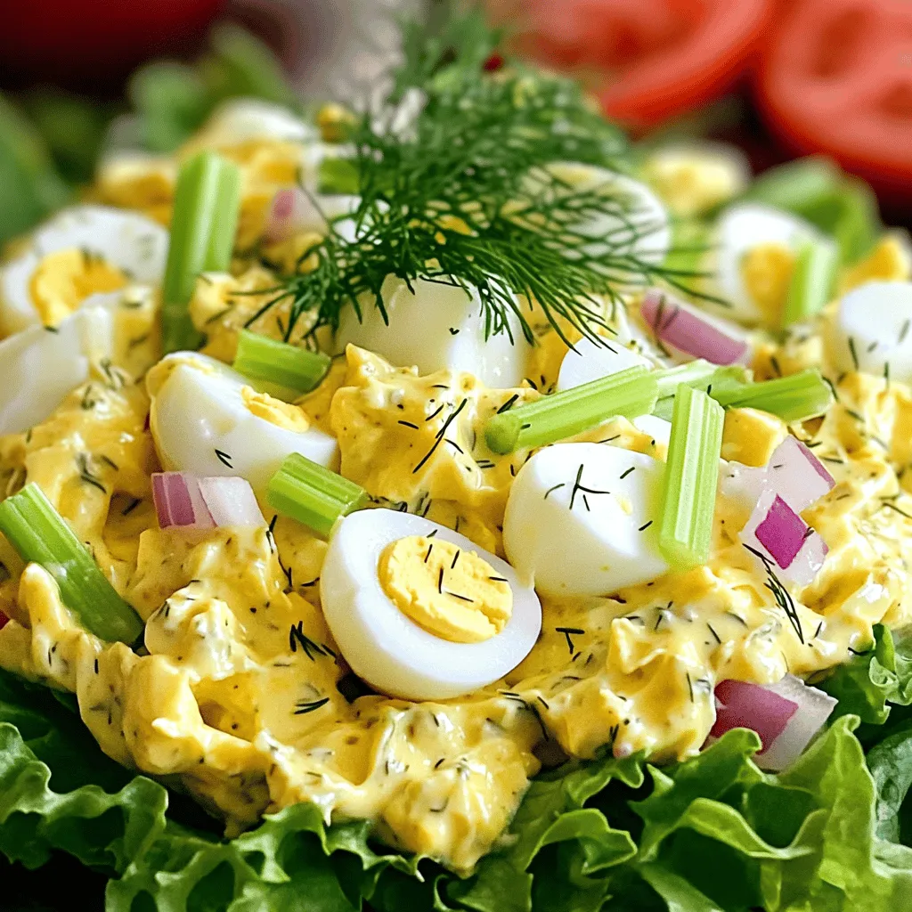 - 6 large eggs - 1/4 cup mayonnaise - 1 tablespoon Dijon mustard - 1 tablespoon lemon juice - 1/4 cup celery, finely chopped - 1/4 cup red onion, finely chopped - 1 tablespoon fresh dill (or 1 teaspoon dried dill) - Salt and pepper to taste - Lettuce leaves (for serving) - Whole grain bread or wraps (optional) When making classic egg salad, I focus on fresh, high-quality ingredients. The base starts with eggs, which are rich in protein and flavor. I always choose large eggs for a nice, creamy texture. Mayonnaise adds creaminess, while Dijon mustard gives a tangy kick. Lemon juice brightens the dish and adds a fresh taste. Next, I add crunch and flavor with finely chopped celery and red onion. The celery adds a nice bite, while the onion gives a mild sweetness. Dill is a must for that classic flavor. I recommend using fresh dill when possible, but dried dill works too. For serving, you can keep it simple with lettuce leaves. They make a great base for the egg salad. If you prefer a sandwich, whole grain bread or wraps are perfect. They add a hearty touch and are great for lunch! Check the Full Recipe for more details on how to prepare this delicious egg salad. How to hard boil eggs properly To hard boil eggs, place them in a saucepan. Cover them with cold water. Heat on medium-high until it boils. Once boiling, cover the pan and turn off the heat. Let the eggs sit for 12-15 minutes. Cooling and peeling the eggs After 12-15 minutes, transfer the eggs to a bowl of ice water. Let them cool for about 5 minutes. Once they cool, tap each egg on the counter to crack the shell. Peel the eggs under running water for easier removal. Making the dressing with mayonnaise, mustard, and lemon juice In a mixing bowl, combine 1/4 cup of mayonnaise, 1 tablespoon of Dijon mustard, and 1 tablespoon of lemon juice. Stir well until it looks creamy and smooth. Gently combining all ingredients Chop the cooled eggs into small pieces. Add them to the bowl with the dressing. Then, add 1/4 cup of finely chopped celery, 1/4 cup of finely chopped red onion, and 1 tablespoon of fresh dill. Fold everything together gently. Best ways to serve egg salad: in lettuce wraps or on bread For serving, you can use lettuce leaves as wraps. This keeps it light and fresh. You can also spread the egg salad between slices of whole grain bread or in wraps. Presentation tips to enhance visual appeal To make it look nice, serve the egg salad on a colorful plate. Add extra fresh dill on top. A few slices of tomato will add a pop of color. Enjoy your Classic Egg Salad Delightful and Easy Recipe! For the full recipe, check out the details above. - To boil eggs, place them in a pan and cover with water. - Bring the water to a boil over medium-high heat. - Once boiling, cover the pan and turn off the heat. - Let the eggs sit for 12-15 minutes. - Transfer eggs to ice water to cool for 5 minutes. - For peeling, tap the shell gently and start from the large end. - For flavor, add more mustard for tang or lemon juice for zest. - Overmixing can make your egg salad mushy. - Skip no seasoning; salt and pepper are key for taste. - You can prepare egg salad a day in advance. - Store it in an airtight container in the fridge. - For freshness, consume within three days. {{image_2}} You can change the flavor of your egg salad with fresh herbs. Adding chopped basil or chives gives a bright taste. For a spicy kick, try diced jalapeño or a splash of hot sauce. These herbs and spices can make a simple dish feel special. Experiment with different herbs to find your favorite mix! Feel free to swap out some ingredients in your egg salad. If you want a lighter option, use Greek yogurt or mashed avocado instead of mayonnaise. You can also add fun ingredients like crispy bacon, sweet peas, or tangy pickles. These swaps add texture and flavor, making your salad unique. For those following a vegan or vegetarian diet, you can still enjoy egg salad. Use tofu or chickpeas to replace the eggs. For a low-carb option, skip the bread and serve it in lettuce wraps. These adjustments cater to different diets while keeping your egg salad tasty and satisfying. For the full recipe, check out the Egg-cellent Classic Egg Salad. To keep your egg salad fresh, store it in the refrigerator right away. Place it in an airtight container to prevent air exposure. This helps maintain its creamy texture. I recommend using glass or BPA-free plastic containers. They seal well and do not retain odors. For the best taste, eat your egg salad within three to five days. Any longer, and the flavors start to fade. Look for signs of spoilage, like an off smell or changes in texture. If it looks watery or has an unusual color, it's better to toss it. You can freeze egg salad, but I don’t recommend it. Freezing changes the texture and makes it watery. If you decide to freeze it, use a freezer-safe container and leave some space for expansion. When ready to eat, thaw it in the fridge overnight. Use it within a day or two after thawing for the best flavor. Homemade egg salad lasts about 3 to 5 days in the fridge. Store it in an airtight container for best results. Always check for any off-smells or changes in texture before eating. If you see any signs of spoilage, it’s best to discard it right away. Keeping it cold is key to maintaining its freshness. Yes, you can use different types of mustard in egg salad. Each mustard adds its own unique flavor. For a milder taste, yellow mustard works well. If you want a sharper kick, try spicy brown mustard. Honey mustard adds sweetness, while Dijon gives a tangy twist. Experiment with what you like best! Egg salad pairs well with several side dishes. Fresh veggies like carrot sticks or cucumber slices offer a nice crunch. You can also serve it with chips for some extra texture. A light salad with greens makes a refreshing side. For a heartier meal, try pairing it with soup. These sides complete your meal nicely! In this blog post, we explored how to make the perfect egg salad. We covered essential ingredients, preparation tips, and common mistakes to avoid. You learned ways to mix flavors and serve the salad beautifully. Remember, you can customize it with various herbs and substitute ingredients. With proper storage, your egg salad stays fresh for days. Now, you can enjoy this tasty dish anytime. Simple steps lead to great meals! Happy cooking!
