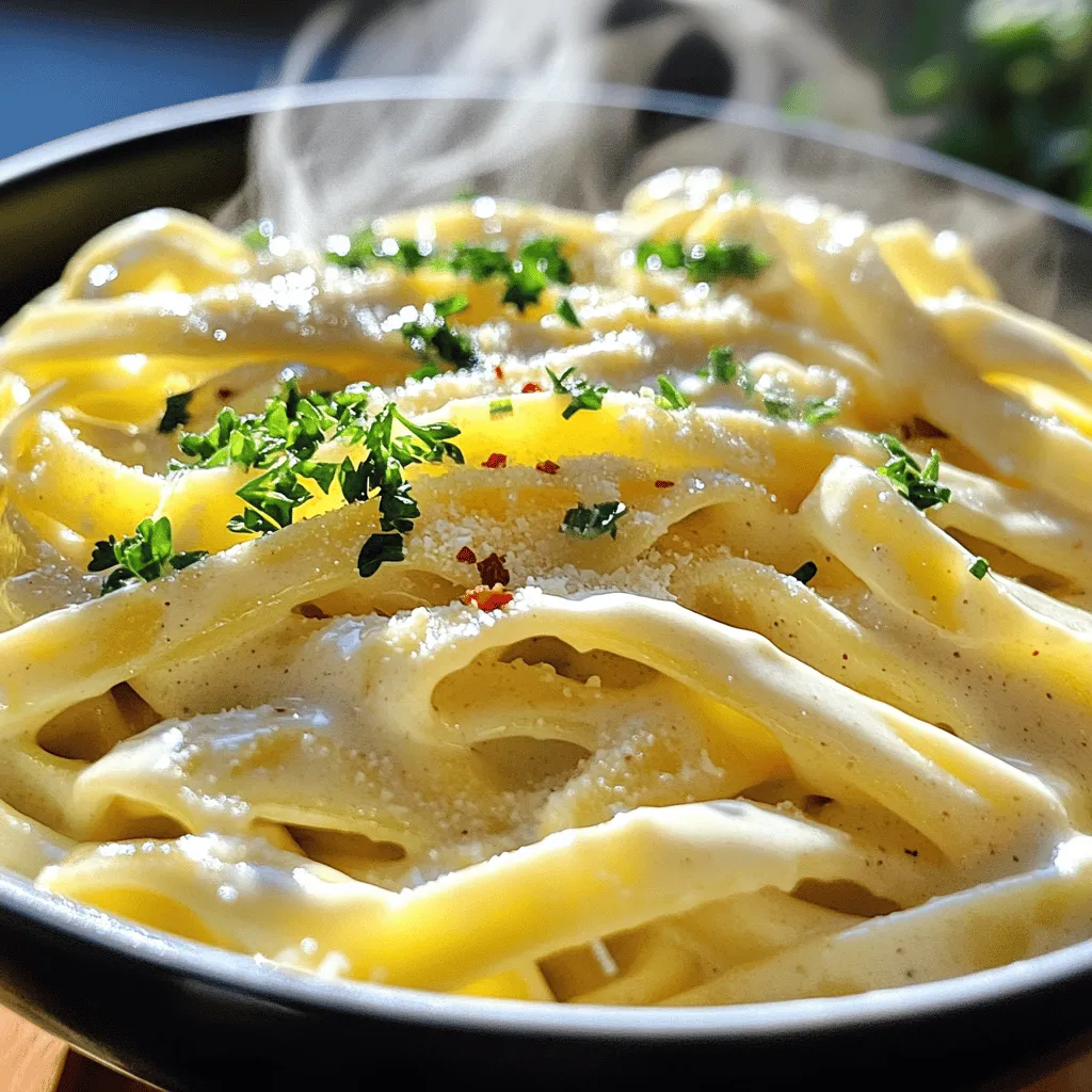 To make creamy garlic pasta, you need a few simple ingredients. These will help you create a rich and tasty meal. Here’s what you need: - 300g spaghetti or fettuccine - 4 cloves garlic, minced - 1 tablespoon olive oil - 1 cup heavy cream - 1 cup grated Parmesan cheese - 1 teaspoon Italian seasoning - Salt and pepper to taste - Fresh parsley, chopped (for garnish) - Optional: a pinch of red pepper flakes for heat Each ingredient plays a key role in building flavor. The garlic gives a strong taste, while cream adds richness. Parmesan cheese makes the sauce smooth and cheesy. Olive oil helps sauté the garlic without burning it. Italian seasoning ties everything together. Salt and pepper enhance the dish, and parsley adds a fresh touch. Feel free to adjust the ingredients based on your taste. You can use more garlic for a bolder flavor or add red pepper flakes for a spicy kick. This recipe allows for creativity while keeping the core flavors intact. For the full recipe, check out the instructions to make this delightful dish! To boil spaghetti or fettuccine, fill a large pot with water. Add salt and bring it to a rolling boil. Once the water is boiling, add the pasta. Check the package for cooking time. Drain the pasta when it is al dente, which means it should be firm but not hard. This usually takes about 8 to 10 minutes. You want it to have a slight bite. Always save one cup of pasta water before you drain. This water is starchy and can help your sauce later. Heat olive oil in the same pot over medium heat. Add your minced garlic. Stir it gently for 1-2 minutes. You want the garlic to smell amazing, but not brown. If it burns, it gets bitter. To enhance the flavor, you can add a pinch of salt while sautéing. This brings out the garlic's natural sweetness, making the dish more tasty. Lower the heat and add the heavy cream to the pot. Stir well to mix it with the garlic. Allow the cream to simmer for about 3-5 minutes. This helps thicken the sauce. Stir often to avoid sticking. You want a nice, creamy texture that coats the back of a spoon. If you skip this step, your sauce will not be rich and smooth. Once the cream has thickened, add the grated Parmesan cheese. Stir continuously as the cheese melts into the sauce. This gives your pasta that creamy, cheesy goodness. If the sauce is too thick, use that reserved pasta water. Just add a little at a time until you reach your desired consistency. Finally, add the drained pasta to the sauce and toss it well. Mix in Italian seasoning, salt, and pepper to taste. You can follow the Full Recipe for exact measurements and additional tips! To make the best creamy garlic sauce, choose good cheese. I recommend using Parmesan or Pecorino Romano. These cheeses melt well and add rich flavor. You can also mix in a bit of cream cheese for extra creaminess. Adjusting flavors is key. If you like it spicy, add red pepper flakes. For a more herbal taste, toss in fresh basil or thyme. Always taste your sauce as you go. This way, you can tweak it to fit your mood. Timing is everything when making this dish. Start boiling your pasta first. While it cooks, you can make the sauce. This method saves time and keeps everything warm. Creamy garlic pasta goes well with many dishes. Try serving it with a simple salad or garlic bread. Grilled chicken or shrimp also pair nicely with this meal. Presentation matters! Make your plate look nice. Twirl the pasta with a fork for a fancy look. Top it with fresh parsley for color and taste. For sides, think light and fresh. A green salad or roasted vegetables work well. These sides balance the richness of the pasta and add a nice crunch. Enjoy your meal! {{image_2}} You can easily add protein to your creamy garlic pasta. Chicken or shrimp works well. Simply cook your choice of protein in the olive oil before adding garlic. Cook until golden and then add garlic to the pan. This adds rich flavor to the dish. If you prefer vegetarian options, try mushrooms or spinach. Sauté mushrooms until they brown nicely, then add the garlic. Spinach wilts quickly, so toss it in after the garlic. Both options add a nice texture and taste. For a dairy-free option, try cashew cream or coconut milk. Blend soaked cashews with water for a creamy base. Coconut milk adds a unique flavor and works well in this dish. You can also use different cheeses. Goat cheese or cream cheese can add a tangy twist. Mix in your favorite cheese for a fun variation! Fresh herbs can take your pasta to the next level. Adding basil or thyme gives a nice pop of flavor. Chop them fine and stir them in right before serving. For a little heat, add red pepper flakes or lemon zest. Just a pinch of flakes warms up the dish. A little lemon zest brightens the flavors and adds freshness. These variations make creamy garlic pasta fun and unique. You can mix and match to create your perfect meal. For the full recipe, check out the complete guide! To store creamy garlic pasta properly, place it in an airtight container. Make sure it cools to room temperature before sealing. This helps keep the pasta fresh. You can store it in the fridge for up to three days. After that time, the texture may change, and the flavors may fade. To reheat creamy garlic pasta, the best method is to use the stovetop. Place the pasta in a pan over low heat. Add a splash of milk or cream to help keep the sauce creamy. Stir often to warm it evenly. You can also use a microwave. Heat it in short bursts, stirring in between. This helps avoid hot spots and keeps the pasta from drying out. What is the best type of pasta for creamy garlic pasta? I recommend using spaghetti or fettuccine. Both types hold the creamy sauce well. Spaghetti is classic, while fettuccine adds a nice, rich feel. The choice is yours! Can I make this recipe ahead of time? Yes, you can prepare the sauce ahead of time. Store it in the fridge. Just cook the pasta fresh when you're ready to eat. This keeps your pasta from becoming mushy. Is it possible to freeze creamy garlic pasta? Freezing creamy garlic pasta can change its texture. It's best to freeze just the sauce. Cook fresh pasta when you reheat the sauce for a great meal. Can I use crushed garlic instead of minced? Yes, crushed garlic works well. It offers a stronger garlic flavor. Use about half the amount, as it is more potent than minced garlic. What can I use instead of heavy cream? You can use whole milk or a dairy-free cream substitute. Coconut cream adds richness too. Just know that these options may change the flavor a bit. Is creamy garlic pasta suitable for vegetarian diets? Yes, this dish is vegetarian-friendly. The recipe contains no meat, making it a tasty option for everyone. How to make this dish gluten-free? To make this dish gluten-free, use gluten-free pasta. Many brands offer great options. Just follow the package instructions for cooking. Creamy garlic pasta combines simple ingredients for a delightful meal. You learned how to cook the pasta and create a rich sauce. I also shared tips for perfecting flavor and suggested tasty variations. Whether you add protein or herbs, this dish is versatile and easy. Enjoy it warm, and don't forget to store leftovers properly. Experimenting with this recipe can lead to your own culinary creativity. Keep it simple and delicious, and you’ll love every bite.