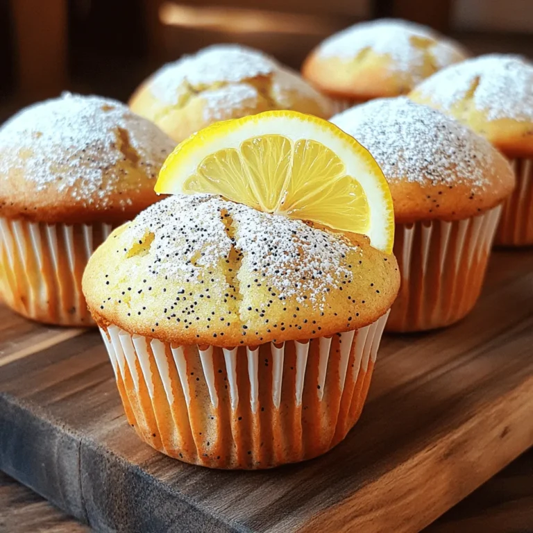 To make Lemon Poppy Seed Muffins, you will need the following ingredients: - 1 ½ cups all-purpose flour - ½ cup granulated sugar - 2 teaspoons baking powder - ¼ teaspoon baking soda - ¼ teaspoon salt - 1 tablespoon poppy seeds - ½ cup unsalted butter, melted - 2 large eggs - ½ cup buttermilk - Zest of 1 large lemon - 2 tablespoons fresh lemon juice - 1 teaspoon vanilla extract You can easily swap some ingredients if you need to. Here are a few ideas: - Use whole wheat flour for a healthier option. - Swap granulated sugar with brown sugar for a richer taste. - If you don’t have buttermilk, mix regular milk with a splash of vinegar. - Olive oil can replace unsalted butter if you want a dairy-free option. - For eggs, consider using applesauce or flaxseed meal for a vegan choice. Choosing fresh ingredients is key to making great muffins. Here are some tips: - Look for flour that is not past its expiration date. - Check sugar for clumps; it should feel dry and free-flowing. - Poppy seeds should be fresh and aromatic. If they smell stale, don’t use them. - Choose lemons that are heavy for their size; they should feel firm. - Use eggs that are clean and free from cracks. Fresh eggs have a bright yellow yolk. Using the right ingredients makes a big difference in flavor. Enjoy making Lemon Poppy Seed Muffins! For the full recipe, check the earlier part of the article. To start making lemon poppy seed muffins, gather your ingredients. This recipe needs simple items, so it’s easy to prepare. Begin by preheating your oven to 350°F (175°C). This step is important for even baking. Next, line a muffin tin with paper liners or grease it lightly with cooking spray. This helps the muffins release easily after baking. In a large bowl, whisk together the dry ingredients. Combine 1 ½ cups of all-purpose flour, ½ cup of granulated sugar, 2 teaspoons of baking powder, ¼ teaspoon of baking soda, ¼ teaspoon of salt, and 1 tablespoon of poppy seeds. Make sure to mix well so every bite is tasty. In another bowl, mix the wet ingredients. Combine ½ cup of melted unsalted butter, 2 large eggs, ½ cup of buttermilk, the zest of 1 large lemon, 2 tablespoons of fresh lemon juice, and 1 teaspoon of vanilla extract. Stir until everything is smooth and blended. Now it’s time to combine the wet and dry mixtures. Pour the wet ingredients into the dry ones. Use a spatula to gently fold them together. Be careful not to overmix; a few lumps are okay. This helps keep the muffins light and fluffy. Next, use a spoon or an ice cream scoop to fill each muffin cup about ¾ full with the batter. This gives them room to rise. Then, place the muffin tin in the preheated oven. Bake for 18 to 20 minutes. To check if they are done, insert a toothpick into the center. If it comes out clean, your muffins are ready. Once baked, take the muffins out of the oven. Let them cool in the tin for about 5 minutes. After that, transfer them to a wire rack to cool completely. This helps them stay fluffy. To make perfect lemon poppy seed muffins, here are a few tips. First, make sure your ingredients are fresh. Old baking powder or butter can ruin your muffins. Second, don’t overmix the batter. Mixing too much can lead to tough muffins. For added flavor, you can dust the cooled muffins with powdered sugar. A slice of lemon on top adds a nice touch. Serve them warm for the best taste. These little tips will help you create a delightful treat that everyone will love. For the full recipe, check out the detailed instructions above. To make great lemon poppy seed muffins, follow these tips: - Measure Ingredients Accurately: Use measuring cups for dry and liquid ingredients. - Mix Gently: Combine wet and dry ingredients without overmixing. A few lumps are fine. - Preheat Oven Properly: Ensure your oven is at 350°F (175°C) before baking. - Use Fresh Ingredients: Fresh lemons and buttermilk bring out the best flavors. Here are some common mistakes to watch for: - Overmixing the Batter: This can lead to tough muffins. Mix just until combined. - Skipping Lemon Zest: The zest adds a bright flavor. Don’t skip it! - Not Filling Muffin Cups Enough: Fill them about ¾ full for the right height. - Ignoring Baking Time: Check muffins a few minutes before the timer goes off. Having the right tools makes baking easier: - Muffin Tin: Use a standard 12-cup muffin tin for even baking. - Mixing Bowls: Have a large bowl for dry ingredients and a medium bowl for wet. - Whisk and Spatula: A whisk helps mix ingredients well, and a spatula gently folds the batter. - Cooling Rack: A cooling rack allows muffins to cool evenly after baking. With these tips and tricks in mind, you'll create delicious lemon poppy seed muffins every time! Check out the Full Recipe for all the details. {{image_2}} You can make gluten-free lemon poppy seed muffins easily. Start by using gluten-free flour. Look for a blend that works well for baking. This helps keep the muffins light and fluffy. Make sure to check for a good rise. You could also add a bit of xanthan gum. This ingredient helps bind the muffins together. To create a vegan version, swap the eggs for flax eggs. Mix one tablespoon of flaxseed meal with three tablespoons of water to replace one egg. Use almond milk or soy milk instead of buttermilk. You can also use coconut oil in place of melted butter. These changes keep the muffins soft and tasty. You can mix things up by adding ingredients. Try blueberries or raspberries for a fruity twist. Chopped nuts like walnuts or almonds add a nice crunch. For a spicy kick, add a bit of cinnamon or ginger. You can also experiment with different citrus fruits. Orange zest or lime zest can give a fresh flavor. You can find the full recipe for lemon poppy seed muffins above. To keep lemon poppy seed muffins fresh, place them in an airtight container. You can store them at room temperature for up to two days. If you want them to last longer, keep them in the fridge. Just make sure to seal them well to avoid drying out. If you have more muffins than you can eat, freezing is a great option. Let the muffins cool completely first. Wrap each muffin tightly in plastic wrap, then place them in a freezer-safe bag. They can last in the freezer for up to three months. When you're ready to enjoy, simply take out a muffin and let it thaw at room temperature. To make your muffins taste fresh again, reheat them in the oven. Preheat your oven to 350°F (175°C). Place the muffins on a baking sheet and heat for about 5 to 10 minutes. You can also microwave them for about 15 to 20 seconds, but the oven method keeps them crispier. Enjoy your warm, tasty muffins! For the full recipe, check out [Full Recipe]. The secret to moist lemon poppy seed muffins lies in the buttermilk and melted butter. Buttermilk adds moisture and a slight tang, while melted butter gives a rich flavor. The balance of wet and dry ingredients matters too. If you mix them just right, you’ll get that soft, fluffy texture. Yes, you can use whole wheat flour instead of all-purpose flour. Whole wheat adds fiber and a nutty taste. Start by replacing half the all-purpose flour with whole wheat flour. This way, you keep the muffins light and fluffy while adding extra nutrients. Lemon poppy seed muffins can last for up to three days at room temperature. Store them in an airtight container to keep them fresh. If you want them to last longer, consider freezing them. They can stay good for up to three months in the freezer. To cut back on sweetness, reduce the sugar by one-third. You can also add more lemon juice or zest for a tangy kick. If you want a hint of sweetness, consider using a natural sweetener like honey or maple syrup. This blog post covered everything you need to make great lemon poppy seed muffins. We explored the key ingredients, tips for proper baking, and tasty variations you can try. I shared advice on storage and answered common questions. Making muffins can be fun and easy if you follow these simple steps. Remember, fresh ingredients and careful baking lead to tasty results. Enjoy your muffins, and feel free to experiment with flavors and textures!