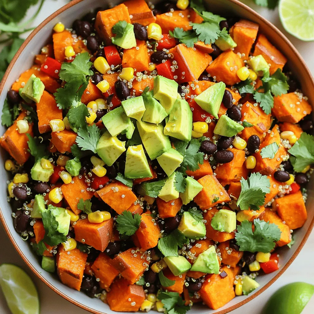 - 2 large sweet potatoes, peeled and diced - 1 cup quinoa, rinsed - 1 cup black beans, rinsed and drained - 1 red bell pepper, diced - 1 cup corn kernels (fresh or frozen) - 1 avocado, diced - 1/4 cup fresh cilantro, chopped Sweet potatoes are the star of this dish. Their natural sweetness shines when roasted until golden. Quinoa adds a nice texture and protein boost. Black beans bring fiber and a hearty feel. The red bell pepper and corn add bright colors and crunch. Finally, the creamy avocado ties it all together. - 1 tablespoon olive oil - 1 teaspoon smoked paprika - Salt and pepper to taste - Juice of 1 lime - 1 tablespoon honey or agave syrup - Optional: Feta cheese for topping Seasoning is key to a great salad. Olive oil helps the sweet potatoes roast perfectly. Smoked paprika gives a warm, rich flavor. Lime juice adds a zesty kick and balances the sweetness. Honey or agave syrup enhances the dressing. If you want a tangy finish, sprinkle some feta cheese on top. For the full recipe, check out the details in the article. Preheating the Oven First, you need to preheat your oven to 400°F (200°C). This helps the sweet potatoes roast perfectly. While the oven warms up, you can prepare the sweet potatoes. Tossing with Seasonings In a large bowl, take 2 diced sweet potatoes. Add 1 tablespoon of olive oil, 1 teaspoon of smoked paprika, salt, and pepper to taste. Mix everything well until the sweet potatoes are coated. This step brings out the natural sweetness in the potatoes and adds a nice flavor. Combining Ingredients While the sweet potatoes roast, it's time to cook the quinoa. In a medium saucepan, combine 1 cup of rinsed quinoa with 2 cups of vegetable broth. This adds flavor to the quinoa. Bring it to a boil, then lower the heat to a simmer. Cover the pot and let it cook for about 15 minutes. Fluffing and Finishing After 15 minutes, check if the liquid is absorbed. If it is, remove it from the heat. Use a fork to fluff the quinoa gently. This makes it light and fluffy, perfect for the salad. Combining All Ingredients Once the sweet potatoes are done roasting, combine them in a large bowl with the cooked quinoa, 1 cup of black beans, 1 diced red bell pepper, and 1 cup of corn. Mix them gently to keep everything intact. Adding Dressing and Seasoning In a small bowl, whisk together the juice of 1 lime and 1 tablespoon of honey or agave syrup. Pour this dressing over the salad mixture. Toss everything gently to coat. Finally, fold in 1 diced avocado and 1/4 cup of chopped cilantro. Adjust seasoning with salt and pepper as needed. If you like, sprinkle feta cheese on top. This step creates a colorful and tasty salad. For the full recipe, check the earlier sections! Achieving the Right Texture To get the best sweet potatoes, cut them into even pieces. Aim for about one inch. This helps them cook at the same rate. Toss them well with olive oil and spices. This ensures they roast evenly. Roast them until golden brown and tender. You want a nice caramelized edge. This adds a sweet flavor to your salad. Flavor Enhancements Smoked paprika adds a warm, smoky taste. You can also try cinnamon for warmth. A pinch of cayenne can add a kick. Don’t skip the salt and pepper. They enhance all the flavors in your dish. Avoiding Soggy Quinoa Rinse the quinoa before cooking. This removes bitter saponins. Cook it in vegetable broth instead of water. This gives it a richer taste. Use a 2:1 ratio of broth to quinoa. This helps you get fluffy grains. Using Broth for Added Flavor Using broth instead of water is key. It adds depth to the dish. You can use any broth you like. Vegetable broth works best for this salad. It complements the sweet potatoes and other veggies. Presentation Ideas Present your salad in a large, shallow bowl. This makes it look inviting. Garnish with extra cilantro and lime wedges. This adds color and makes it fresh. Pairing with Other Dishes This salad pairs well with grilled chicken or tofu. You can serve it alongside fish for a light meal. It also works great with a warm soup on a cool day. Enjoy the mix of flavors and textures! {{image_2}} You can add protein to your salad in many ways. Grilled chicken or tofu works well. The chicken adds a hearty touch, while tofu provides a great vegan option. Both soak up flavors nicely. You can also add nuts and seeds for crunch. Almonds, walnuts, or pumpkin seeds add texture and healthy fats. They make the salad more filling and tasty. Feel free to switch the veggies based on what's in season. For example, use butternut squash or zucchini in place of sweet potatoes. This keeps the salad fresh and exciting. You can also substitute ingredients based on your taste. If you don't like black beans, try chickpeas instead. This makes the dish your own. The dressing can change the whole flavor. A vegan cashew cream adds a rich, creamy touch without dairy. It pairs well with the sweet potatoes. You can also try tahini or yogurt dressings. Tahini gives a nutty flavor, while yogurt makes it light and zesty. Both options are delicious and unique. For the full recipe, check out the details above. To keep your roasted sweet potato salad fresh, store it in an airtight container. This helps lock in moisture and flavor. Place it in the fridge right after it cools down. The salad stays good for about 3 to 5 days. The main ingredients have different shelf lives: - Cooked sweet potatoes: 3 to 5 days - Quinoa: up to a week - Black beans: 3 to 5 days If you want to save some salad for later, freezing is a great option. First, let the salad cool completely. Then, pack it into a freezer-safe container or bag. Be sure to remove as much air as possible to avoid freezer burn. The salad can last up to 3 months in the freezer. When you're ready to eat it, thaw the salad in the fridge overnight. This keeps it safe and tasty. To reheat your salad, use the stove or microwave. If you use the stove, warm it gently in a pan over low heat. Stir often to prevent sticking. If you choose the microwave, heat it in short bursts. Stir in between to keep it even. Make sure to keep the texture and flavor intact. If it seems dry, add a splash of lime juice or olive oil to bring it back to life. Enjoy your vibrant and flavorful dish! Yes, you can make this salad ahead of time. It tastes great when chilled. To prepare, cook the sweet potatoes and quinoa first. Allow them to cool before mixing with other ingredients. Store the salad in an airtight container. Keep the avocado and dressing separate until serving. This way, the salad stays fresh and vibrant. If you need a substitute for quinoa, try bulgur or farro. Both are tasty and cook easily. You can also use rice, but adjust cooking times. Using different grains gives the salad a new twist. Feel free to mix and match based on your preference. To add spice, include jalapeños or red pepper flakes. If you want a smoky kick, try adding chipotle powder. For a fresh heat, mix in diced fresh chili peppers. These ingredients boost flavor and heat, making the salad exciting. Adjust the spice level to your taste. This blog post covered everything you need for a delicious roasted sweet potato salad. We talked about key ingredients, from sweet potatoes to black beans. I shared step-by-step cooking instructions and tips for perfect textures. You can also explore variations and storing tips to enjoy later. In the end, this salad is easy and fun to make. Don't hesitate to try new ingredients or dressings. Experimenting is part of the joy. Enjoy your time in the kitchen!