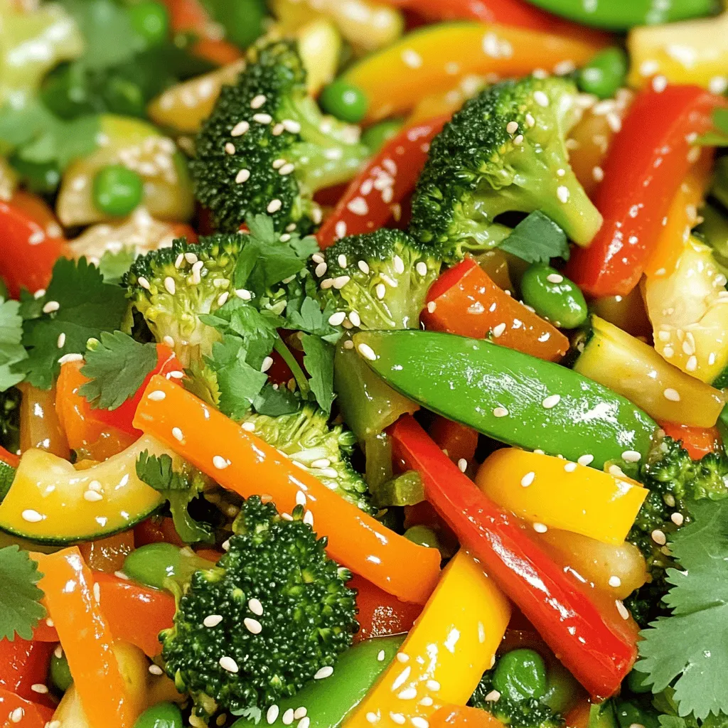 To make a vibrant Easy Veggie Stir Fry, gather your ingredients. Here’s what you need: - 1 cup broccoli florets - 1 cup bell peppers (red, yellow, green), sliced - 1 cup snap peas - 1 medium carrot, julienned - 1 small zucchini, sliced - 3 cloves garlic, minced - 2 tablespoons ginger, grated - 3 tablespoons soy sauce (or tamari for gluten-free) - 1 tablespoon sesame oil - 2 tablespoons vegetable oil - Sesame seeds for garnish - Fresh cilantro for garnish These ingredients create a colorful and tasty dish. You can mix and match vegetables based on what you have. Fresh veggies not only taste great, but they also bring nutrients. Cooking with seasonal produce improves flavor and supports local farmers. If you want to explore variations or add protein, feel free. You can throw in tofu or shrimp for a heartier meal. Try the Full Recipe for detailed steps, and enjoy your cooking journey! - First, wash all your vegetables. Rinse them well under cool water. - Now, slice the bell peppers into thin strips. Cut the zucchini into rounds. - Julienne the carrot into thin sticks. Trim the snap peas and broccoli florets. - Next, peel the garlic and ginger. Mince the garlic and grate the ginger. - Heat your vegetable oil in a large wok or skillet over medium-high heat. - Once the oil is hot, add the minced garlic and grated ginger. Sauté for about 30 seconds. This step brings out their flavors. - Add the broccoli florets and carrots first. Cook for about 2-3 minutes while stirring. - Next, toss in the sliced bell peppers and zucchini. Stir for another 2-3 minutes until they soften. - Finally, add the snap peas. Pour in the soy sauce and sesame oil. Stir everything together. Cook for about 2 more minutes. - Remove your stir fry from heat. - Garnish with sesame seeds and fresh cilantro for a nice touch. - Serve immediately for the best flavor and texture. For the complete recipe, refer to the [Full Recipe]. - To keep your veggies crispy, cook them fast. High heat works best. - Start with harder veggies like broccoli and carrots. Add softer ones later. - Adjust cooking time based on size. Smaller pieces cook faster than bigger ones. - Try making your own sauce. Mix soy sauce with honey and lime juice for zest. - Add crushed red pepper for heat or sesame seeds for crunch. - Fresh herbs like basil or mint can brighten the dish. - Pair your stir fry with rice or noodles for a filling meal. - For a colorful plate, arrange veggies in a rainbow pattern. - Drizzle a little extra sauce on top before serving for extra flavor. For the full recipe, check out the Colorful Crunchy Veggie Stir Fry! {{image_2}} You can use many types of vegetables for your stir fry. Some great options include: - Cauliflower - Green beans - Mushrooms - Asparagus - Bok choy - Spinach Think about the seasons. In spring, you might find fresh peas. In summer, zucchini shines. In fall, add squash or pumpkin. Winter calls for root veggies like carrots and beets. Each season brings new flavors. Adding protein makes your stir fry heartier. Tofu is a great choice. It soaks up flavors well. Tempeh is another option; it has a nutty taste. If you prefer meat, try chicken or beef. Thinly slice the meat for quick cooking. Shrimp also works well, cooking in just a few minutes. Cook the protein first, then add veggies for a balanced dish. Do you need gluten-free options? Use tamari instead of soy sauce. It has a similar taste without gluten. For vegan choices, stick with tofu or tempeh. You can also add lentils or chickpeas for protein. They keep the dish filling and tasty. Other alternatives include quinoa or brown rice, both packed with nutrients. This stir fry is flexible. You can change it up based on what you have. For the full recipe, check out the details above. After you make the veggie stir fry, let it cool down. Place it in an airtight container. This keeps the flavors fresh. You can store it in the fridge for 3-4 days. If you want to keep it longer, consider freezing. To freeze your stir fry, use freezer-safe containers. Make sure to leave some space for the food to expand. You can freeze it for up to 3 months. When you're ready to eat, take it out and reheat. You can use a microwave or a skillet. Heat it until it’s hot all the way through. Check for signs of spoilage before eating. If it smells bad or has a slimy texture, throw it away. Always wash your hands before cooking or handling food. This helps prevent germs. Keep raw and cooked foods separate to avoid cross-contamination. For more details, check the Full Recipe. How do I make an Easy Veggie Stir Fry? To make an Easy Veggie Stir Fry, gather your veggies. You’ll need broccoli, bell peppers, snap peas, carrots, and zucchini. Start by heating oil in a large pan. Add garlic and ginger, cooking until fragrant. Then, add your veggies in stages, starting with the broccoli and carrots. After a few minutes, add the bell peppers and zucchini. Finally, add snap peas, soy sauce, and sesame oil. Stir well and serve hot. For more details, check the Full Recipe. Can I use frozen vegetables for this recipe? Yes, you can use frozen vegetables. They save time and are often just as tasty. Just make sure to thaw them first. This helps avoid excess water in your stir fry. What are some common substitutions for soy sauce? You can use tamari for a gluten-free option. Other choices include coconut aminos or liquid aminos. These provide a similar salty flavor without gluten. What are the nutritional benefits of this dish? This dish is packed with vitamins and minerals. Broccoli is rich in fiber and vitamin C. Bell peppers provide antioxidants, while snap peas add protein. Overall, it’s a low-calorie meal that fuels your body. Can this recipe be made low-calorie? Yes, this recipe is already low in calories. You can cut down on oil and use less soy sauce. Adding more veggies also helps keep it light. What kitchen tools are best for stir-frying? A large wok or skillet works best for stir-frying. A spatula helps with tossing the veggies. A sharp knife and cutting board are also essential for prep. Do I need a wok? While a wok is great, it’s not necessary. A large skillet can work just as well. The key is to have enough space to stir your veggies freely. This stir fry is a simple, tasty way to enjoy fresh veggies. We covered the key ingredients, preparation steps, and cooking methods. I shared tips for enhancing flavor and suggested serving options to make your dish shine. You can also explore variations and storage ideas for leftovers. Remember, cooking should be fun and flexible. Feel free to experiment with your favorite veggies and proteins. Enjoy your stir fry adventure, and make it your own!