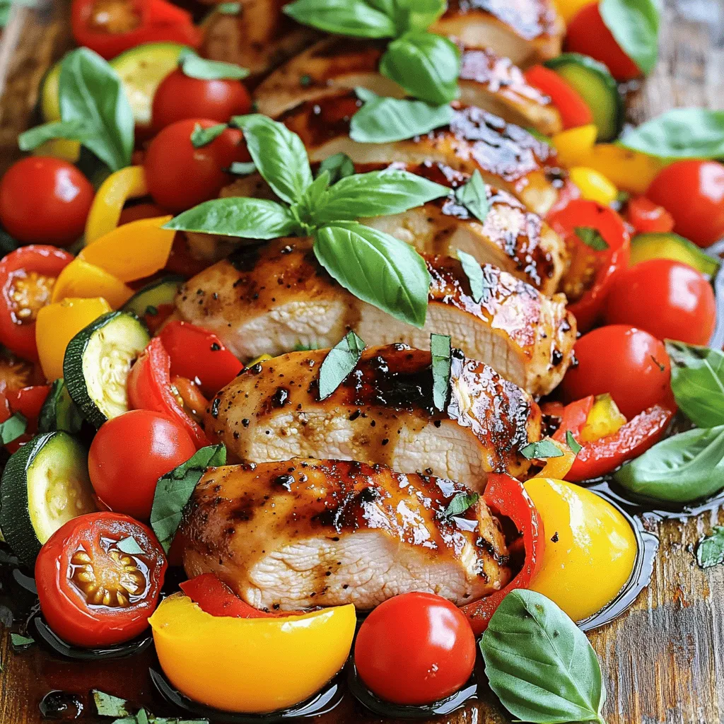 To make Balsamic Chicken with Veggies, you need the following main ingredients: - 4 boneless, skinless chicken breasts - 1/2 cup balsamic vinegar - 3 tablespoons honey - 2 tablespoons olive oil - 3 cloves garlic, minced - 1 teaspoon dried Italian herbs - Salt and pepper to taste - 1 red bell pepper, sliced - 1 yellow bell pepper, sliced - 1 zucchini, sliced - 1 cup cherry tomatoes, halved These ingredients create a tasty meal that is simple and healthy. The balsamic vinegar gives a nice tang. Honey adds a sweet touch. The veggies provide color and crunch. You can add more flavor with optional ingredients: - Fresh basil leaves for garnish - Lemon juice for brightness - Red pepper flakes for heat These extras can make your dish even better. Basil adds freshness, while lemon juice gives a zesty kick. Red pepper flakes can spice things up. For this recipe, you will need: - A mixing bowl - A whisk - A large baking dish - A sharp knife and cutting board - A meat thermometer These tools help you prepare and cook your meal. The mixing bowl is for the marinade. The baking dish holds everything while baking. The meat thermometer ensures your chicken is safe to eat. For the complete process, check out the Full Recipe. Start by making a tasty marinade. In a bowl, mix balsamic vinegar, honey, olive oil, minced garlic, dried Italian herbs, salt, and pepper. Whisk it well until smooth. Put the chicken breasts in a resealable bag or container. Pour the marinade over the chicken, making sure it covers all sides. Seal it tight and place it in the fridge. Let it marinate for at least 30 minutes. If you want a stronger flavor, marinate up to 2 hours. While the chicken marinates, it's time to prep the veggies. Grab a large mixing bowl. Add the sliced red and yellow bell peppers, zucchini, and halved cherry tomatoes. Drizzle some olive oil over them. Sprinkle salt and pepper to taste. Toss everything together with your hands. Make sure all the veggies are coated evenly. This step adds flavor and makes the dish colorful. Now, let's get cooking! Preheat your oven to 400°F (200°C). Take a large baking dish and place the marinated chicken breasts in the center. Arrange the seasoned veggies around the chicken. This not only adds flavor but also makes for a pretty presentation. Bake everything in the oven for 25-30 minutes. The chicken is ready when it reaches an internal temperature of 165°F. The veggies should be tender and bright. When done, let the chicken rest for a few minutes. Slice it up and serve with the delicious veggies. Drizzle any leftover juices from the pan over the top for extra taste. For the full recipe, check out the instructions above. Enjoy your meal! To get the best flavor, you must marinate the chicken. Use balsamic vinegar, honey, and garlic. These ingredients blend well and create a rich taste. Let the chicken sit in the marinade for at least 30 minutes. If you have more time, marinate it for two hours. This extra time makes a big difference. Cooking chicken can be tricky. To ensure it stays juicy, cook it to 165°F. Use a meat thermometer to check the temperature. This way, you avoid dry chicken. Bake it at 400°F for 25-30 minutes. Keep an eye on it. The chicken should be firm but not hard. A great dish deserves a great look. Serve the chicken and veggies on a large platter. Arrange the colorful veggies around the chicken. This makes the dish inviting. Add fresh basil leaves on top for color. You can also drizzle some balsamic reduction for extra flair. A beautiful plate makes the meal even better. For the full recipe, visit the section above. {{image_2}} You can easily swap chicken for turkey or tofu. Both options work well with balsamic flavors. Turkey offers a lean protein choice, while tofu provides a plant-based option. If you use tofu, press it first to remove extra water. This helps it soak up the marinade better. Feel free to mix your favorite veggies in this dish. Broccoli, asparagus, or carrots can add great taste and color. You can also use frozen veggies for convenience. Just adjust the cooking time so they don’t get too soft. To make your dish unique, add spices or herbs. Try paprika for a smoky flavor or rosemary for a fragrant twist. Fresh herbs like thyme or parsley can brighten the dish. A pinch of red pepper flakes adds heat if you like spice. For more ideas on how to make this dish your own, check out the Full Recipe. After you enjoy your balsamic chicken with veggies, store leftovers right away. Let the dish cool down to room temperature. Use an airtight container to keep the food fresh. It lasts in the fridge for up to three days. Keep the chicken and veggies separate if you can. This helps maintain their textures. When you are ready to eat the leftovers, you can reheat them easily. Preheat your oven to 350°F (175°C). Place the chicken and veggies in an oven-safe dish. Cover with foil to keep them moist. Heat for about 15-20 minutes. You can also use a microwave. Just cover the dish and heat for 2-3 minutes. Stir halfway for even heating. If you want to save some for later, freezing is a great option. First, let the dish cool completely. Use freezer-safe bags or containers. Be sure to remove as much air as possible to prevent freezer burn. It can stay frozen for up to three months. When you are ready to eat, thaw it in the fridge overnight before reheating. Enjoy your meal even after a long day! For the full recipe, check out the Balsamic Bliss Chicken with Colorful Veggies. To make Balsamic Chicken with Veggies gluten-free, check your balsamic vinegar. Most brands are gluten-free, but some may add ingredients that contain gluten. Always read labels carefully. You can also use gluten-free honey if you want to ensure it is safe. The chicken and veggies are naturally gluten-free, so the dish will still be delicious! This dish is great on its own, but you can add sides. Here are some ideas: - Quinoa: It adds a nice texture. - Brown Rice: This is filling and healthy. - Steamed Broccoli: It’s a great color match. - Garlic Bread: This adds a tasty crunch. Each of these sides will enhance your meal and make it more filling. Yes, you can prepare Balsamic Chicken with Veggies ahead of time. Marinate the chicken the night before. You can also chop the veggies and store them in the fridge. When you are ready to cook, just bake everything. This makes your cooking time quicker and easier, perfect for busy days. For the full recipe, check the earlier section. This post covered the steps to make Balsamic Chicken with Veggies. We discussed the key ingredients and equipment you need. I provided clear steps for marinating, preparing, and baking. You learned tips for flavor, cooking, and presentation. Variations allow for personal touches, and storage tips ensure fresh leftovers. In closing, this dish is simple, tasty, and adaptable. It can fit any meal plan and is an easy win for your table. Enjoy making it your own adventure in cooking!
