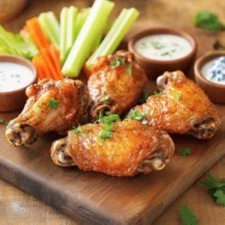 - 2 pounds chicken wings - 3 tablespoons olive oil - 1 tablespoon baking powder - 1 teaspoon salt - 1 teaspoon black pepper - 1 teaspoon garlic powder - 1 teaspoon onion powder - ½ teaspoon smoked paprika - ½ teaspoon cayenne pepper (optional) - Freshly chopped parsley for garnish - Your favorite wing sauce (Buffalo, garlic parmesan, or honey mustard) To make crispy baked chicken wings, we need fresh ingredients. First, choose good-quality chicken wings. I suggest getting 2 pounds. Next, we need olive oil. Three tablespoons will coat the wings well. Now, let's talk about the seasonings. Baking powder is key for crispy skin. You will need one tablespoon. Salt and black pepper add great flavor, each at one teaspoon. Garlic powder and onion powder each need one teaspoon too. For a smoky touch, use half a teaspoon of smoked paprika. If you like heat, add half a teaspoon of cayenne pepper. Finally, don't forget the garnish. Freshly chopped parsley looks nice and adds flavor. Pick your favorite wing sauce to toss the wings in after baking. Popular choices include Buffalo, garlic parmesan, or honey mustard. For the full recipe, check the detailed instructions. Set your oven to 250°F (120°C). This low heat starts the cooking process right. It helps render the fat from the wings, making them crispier. Take your chicken wings and pat them dry with paper towels. This step is key for getting that perfect crunch. If the wings are wet, they won’t crisp up. In a large mixing bowl, mix together the following ingredients: - 1 tablespoon baking powder - 1 teaspoon salt - 1 teaspoon black pepper - 1 teaspoon garlic powder - 1 teaspoon onion powder - ½ teaspoon smoked paprika - ½ teaspoon cayenne pepper (optional) Next, add the wings to the bowl and drizzle with 3 tablespoons of olive oil. Toss the wings until they are fully coated in the seasoning mix. This will add flavor and help with crispiness. Now, arrange the seasoned wings in a single layer on a wire rack set over a baking sheet. This setup allows air to circulate around the wings. Place the baking sheet in your oven and bake for 30 minutes. After 30 minutes, increase the oven temperature to 425°F (220°C). Bake the wings for another 40-50 minutes. Flip the wings halfway through cooking. This step will make them golden brown and super crispy. Once the wings are done, take them out of the oven and let them rest for about 5 minutes. This helps them stay juicy. Then, toss the wings in your favorite sauce. You can use Buffalo, garlic parmesan, or honey mustard. Coat them evenly for the best flavor. For the full recipe, including tips and tricks, refer to the earlier sections. Enjoy your crispy baked chicken wings! To make your chicken wings extra crispy, start by drying them well. Any moisture on the wings will create steam, which prevents crispiness. Use paper towels to pat them dry. Next, place the wings on a wire rack. This helps air flow around the wings and makes them crispier. The heat can reach all sides, which is key for that perfect crunch. For the best texture, follow these baking times. Start at a low temperature of 250°F (120°C) for 30 minutes. This step helps render fat from the skin. After that, boost the oven to 425°F (220°C). Bake for an additional 40 to 50 minutes. Flip the wings halfway to ensure they cook evenly. For even sauce coverage, toss the wings in sauce right after baking. Let them rest for about 5 minutes before tossing. This way, the sauce clings better. Use a large bowl to mix them well. You can experiment with sauces like Buffalo, garlic parmesan, or honey mustard. Just make sure to coat them evenly for the best flavor. For the full recipe, check out the Crispy Baked Chicken Wings section. {{image_2}} You can change the taste of your wings with different seasonings. For a classic kick, try Buffalo spice. It adds heat and flavor that many love. Another great option is lemon pepper. This blend gives a zesty twist that brightens the dish. Mix and match these flavors to find what you enjoy most! If you want to switch things up, consider using different sauces. BBQ sauce brings a sweet and tangy taste, perfect for a summer vibe. Teriyaki sauce adds an Asian flair, with a touch of sweetness and soy flavor. Feel free to explore other sauces like garlic parmesan or honey mustard for exciting new tastes! For a different texture, try cooking your wings in an air fryer. This method gives you crispy wings without the oven. Simply season your wings as usual. Then, place them in the air fryer basket and cook at 400°F for about 25-30 minutes. Flip them halfway through for even crispiness. This way, you can enjoy delicious wings in less time! To store your crispy baked chicken wings, let them cool first. Place the wings in an airtight container. You can keep them in the fridge for up to four days. If you want to enjoy them later, make sure to separate the wings from the sauce to keep them crispy. Just cover the wings tightly to keep moisture out. To reheat your chicken wings while keeping them crispy, preheat your oven to 400°F (200°C). Spread the wings on a baking sheet lined with foil or parchment. Bake them for about 10-15 minutes or until they are hot and crispy again. Avoid using the microwave as it can make them soggy. You can also use an air fryer for about 5-7 minutes at 375°F (190°C) if you have one. If you want to freeze your wings, first let them cool completely. Place them in a freezer-safe container or a plastic bag. Remove as much air as possible to prevent freezer burn. They can stay in the freezer for up to three months. To thaw, move them to the fridge overnight. Then, reheat them using the methods above for the best results. Yes, you can! To make crispy baked chicken wings in an air fryer, adjust the temperature and time. Set your air fryer to 400°F (200°C). Cook the wings for 25 to 30 minutes, flipping them halfway through. This method gives you that crispy outside without oil. You still want to dry the wings and season them the same way. To ensure crispy wings without frying, follow these tips: - Pat the wings dry with paper towels. Removing moisture helps them crisp up. - Use a wire rack over a baking sheet. This allows air to flow around the wings. - Bake at a low temp first. Start at 250°F (120°C) to render fat, then raise to 425°F (220°C) for crispiness. - Season with baking powder. It helps create that crunchy exterior. The best sauce for baked chicken wings really depends on your taste. Here are some popular options: - Buffalo sauce for a classic kick. - Garlic parmesan for a rich flavor. - Honey mustard for a sweet and tangy touch. Feel free to mix and match! Toss the wings in your favorite sauce after they bake. To adjust the recipe for more servings, simply scale the ingredients by the number of wings you need. For example, if you want to serve eight people, use four pounds of wings. Keep the seasoning ratios the same. Just ensure your baking sheet can hold the wings in a single layer. This way, they will cook evenly and stay crispy. This blog post gave you a clear path to making delicious chicken wings. You learned about the key ingredients, step-by-step cooking, and various tips for crispiness. I shared storage methods and answered common questions too. Perfecting wings is easy and fun with the right approach. Try different flavors and sauces to find your favorite. Enjoy your tasty creations, and share them with friends!