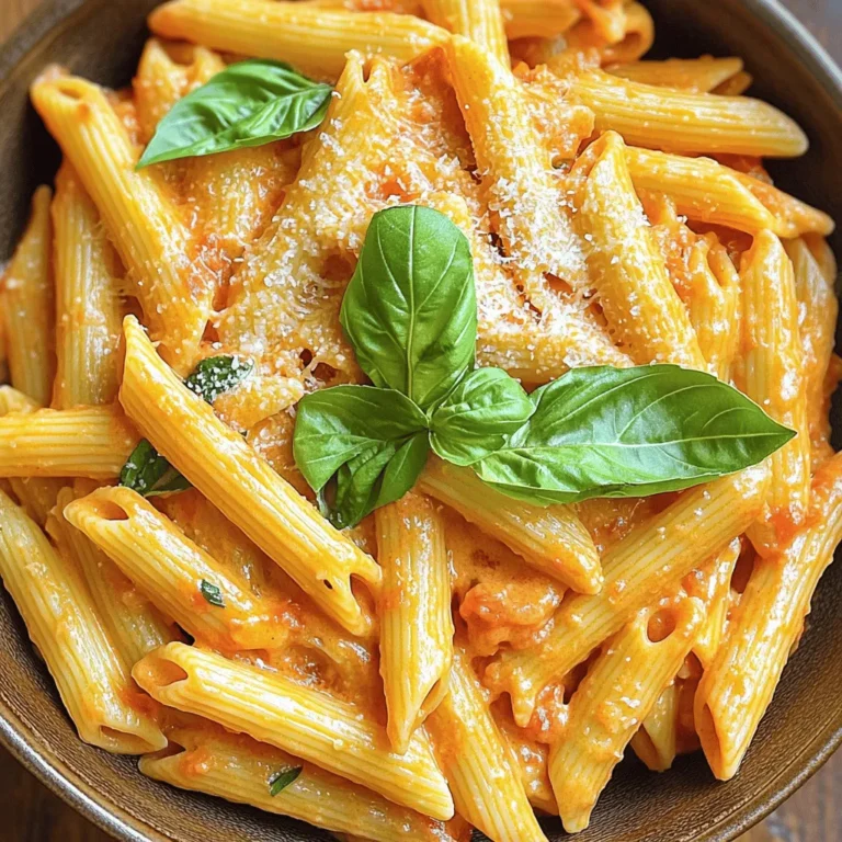 - 12 oz pasta (penne or fusilli) - 2 tablespoons olive oil - 1 medium onion, finely chopped - 3 garlic cloves, minced - 1 can (14 oz) crushed tomatoes - 1 cup heavy cream - 1 teaspoon dried oregano - 1 teaspoon sugar - Salt and pepper to taste - Fresh basil leaves for garnish - Grated Parmesan cheese for serving Gathering the right ingredients is key to making creamy tomato pasta. Start with your choice of pasta. Penne or fusilli works best. Both hold sauce well and offer a nice bite. Next, you'll need olive oil. This adds a rich flavor and helps cook the onions. A medium onion, finely chopped, gives a sweet base to the sauce. The onions should cook until soft and clear. For flavor, garlic is a must. Three cloves, minced, will bring warmth to the dish. Crushed tomatoes add depth. A 14 oz can gives the sauce its body and tang. To make it creamy, heavy cream is essential. One cup will turn the sauce rich and smooth. For seasoning, dried oregano enhances the tomato flavor. A teaspoon of sugar balances the acidity. Salt and pepper add taste. Fresh basil leaves are perfect for garnish and aroma. Finally, grated Parmesan cheese adds the finishing touch, bringing all the flavors together. You can check the full recipe for more details! - Step 1: Cook the Pasta Start by boiling a large pot of salted water. Add 12 ounces of your favorite pasta, like penne or fusilli. Cook it until it's al dente, which takes about 8 to 10 minutes. Stir the pasta occasionally to prevent sticking. - Step 2: Drain and Reserve Pasta Water Once done, drain the pasta in a colander. Don't forget to save about 1 cup of that starchy pasta water. This water helps to thicken your sauce later and gives it a nice texture. - Step 3: Sauté the Aromatics In a large skillet, heat 2 tablespoons of olive oil over medium heat. Add 1 finely chopped medium onion and sauté it until it becomes soft and translucent, which should take about 5 minutes. Next, stir in 3 minced garlic cloves. Cook them for another minute until they smell amazing. - Step 4: Add Tomatoes and Simmer Pour in a 14-ounce can of crushed tomatoes. Bring this mixture to a simmer. Add 1 teaspoon of dried oregano and 1 teaspoon of sugar. Season with salt and pepper to taste. Let this cook for about 10 minutes, stirring now and then. This step builds rich flavors. - Step 5: Make It Creamy Lower the heat and slowly stir in 1 cup of heavy cream. Mix it well until everything combines. If your sauce feels too thick, add some of that reserved pasta water a little at a time until you get the right consistency. - Step 6: Combine and Serve Toss in the cooked pasta into the sauce. Gently mix to coat the pasta evenly. Let it cook on low heat for another 2 to 3 minutes to warm everything through. Serve it hot, and top with fresh basil leaves and grated Parmesan cheese. Enjoy your creamy tomato pasta delight! For the full recipe, check the section above. To get the right creamy texture, start with heavy cream. Add it slowly to the sauce. This helps it blend well. If you find it too thick, use some reserved pasta water to loosen it. For seasoning, always taste as you go. You might want more salt or pepper. Add a pinch of sugar to balance the acidity from the tomatoes. When sautéing, keep your heat medium. This helps the onions and garlic cook evenly. Stir often to avoid burning. For pasta, always use salted boiling water. This adds flavor to the pasta itself. Cook until al dente, as it will finish cooking in the sauce. Garnishing is key for a beautiful dish. Add fresh basil leaves on top for color and flavor. A sprinkle of grated Parmesan cheese enhances the look and taste. Serve it in a large bowl or individual plates. This makes each serving feel special. Pair it with crusty bread for dipping, and enjoy! {{image_2}} When it comes to creamy tomato pasta, the fun really begins with variations. You can change up ingredients and flavors to suit your taste or diet. Let's explore some great swaps and additions. - Substituting pasta types: You can use any pasta you like. Try whole wheat or gluten-free pasta for a healthier option. Spiralized veggies also make a great low-carb base. - Using alternative creams: If you want a vegan dish, swap heavy cream for coconut cream or cashew cream. Both give a creamy taste without dairy. - Incorporating vegetables: Adding veggies like spinach or mushrooms boosts nutrition and flavor. Sauté them with the onions for a tasty twist. - Adding proteins: For a heartier meal, toss in cooked chicken or shrimp. Both add protein and make the dish even more filling. - Italian-inspired variations: To give it an Italian flair, mix in some sun-dried tomatoes or olives. These add a burst of flavor that pairs well with the creamy sauce. - Fusion ideas: Get creative! Add some taco seasoning for a Mexican twist or stir in soy sauce and sesame oil for an Asian flavor. These can change the whole vibe of the dish. Remember, these variations allow you to make creamy tomato pasta your own. For the full details on the classic recipe, check the Full Recipe section. Enjoy experimenting! To keep creamy tomato pasta fresh, store it in an airtight container. This helps prevent air from spoiling your dish. I recommend using glass containers for easy viewing. You can also use plastic containers if you prefer. Make sure to let the pasta cool before sealing it up. This step helps avoid condensation, which can make the pasta mushy. If you want to freeze leftovers, let the pasta cool first. Then, portion it into freezer-safe bags. Squeeze out as much air as you can before sealing. This helps prevent freezer burn. When you are ready to eat, thaw it in the fridge overnight. Reheat it slowly in a pan over low heat. If it seems too thick, you can add a splash of water or milk for creaminess. In the fridge, creamy tomato pasta lasts about 3 to 5 days. Always check for signs of spoilage before eating. Look for any off smells or changes in color. If you see mold, it’s best to toss it. Enjoy your creamy tomato pasta while it’s fresh for the best taste! You can find the full recipe [here](#). How to make creamy tomato pasta? To make creamy tomato pasta, start by cooking your pasta in salted boiling water. While the pasta cooks, heat olive oil in a skillet. Sauté chopped onion and minced garlic until soft. Add crushed tomatoes, oregano, and sugar. Let it simmer for about ten minutes. Then, stir in heavy cream until well mixed. Toss in the cooked pasta and serve with fresh basil and Parmesan. For the complete steps, check the Full Recipe. What can I substitute for heavy cream? You can use alternatives like half-and-half, whole milk, or coconut cream. For a lighter option, try Greek yogurt or silken tofu blended smooth. Each substitute will change the texture and flavor slightly, so choose one that fits your taste. Can I use fresh tomatoes instead of canned? Yes, you can use fresh tomatoes! Just chop about 4-5 medium tomatoes and cook them down until soft. You may need to add a bit more liquid since fresh tomatoes have less moisture than canned ones. How do I prevent the sauce from curdling? To prevent curdling, add the cream to the sauce at a low heat. Avoid boiling the sauce after adding cream. Stir gently, and if the sauce seems too thick, add a splash of pasta water to help keep it smooth. What are the nutritional benefits of this dish? Creamy tomato pasta offers a good balance of carbs and fats. The tomatoes provide vitamins C and K, while the cream adds calcium. This dish can help fuel your day with energy and nutrition. Is creamy tomato pasta suitable for meal prep? Yes, creamy tomato pasta is great for meal prep. It stores well in the fridge for up to three days. Just reheat gently to enjoy later. This blog post gives you a clear recipe for creamy tomato pasta. You learned the essential ingredients, how to cook, and tips for perfecting the sauce. With these steps, your dish will impress anyone. Remember, you can adjust flavors and try new ingredients to make it your own. Store leftovers properly to savor them later. This dish is not just tasty; it's also easy to make and versatile. Now, grab your ingredients and start cooking! Enjoy every bite of your creation.