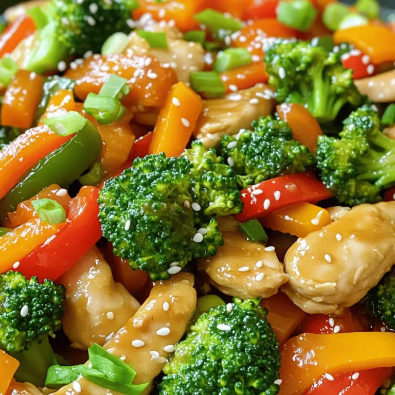- Chicken - Vegetables - Seasonings For this easy chicken stir fry, you need simple yet fresh ingredients. The chicken gives protein and flavor. Use boneless, skinless chicken breasts. They cook fast and stay tender. Next, grab colorful vegetables. I like using: - Bell peppers (mixed colors) - Broccoli - Carrots These veggies add crunch and nutrition. You can pick your favorites, too. Now, let’s talk about seasonings. They bring life to the dish. You will need: - Garlic - Ginger - Soy sauce - Sesame oil - Cornstarch - Chicken broth - Salt and pepper These seasonings enhance the taste of your stir fry. - Use 2 boneless, skinless chicken breasts, thinly sliced. - Add 1 cup of mixed bell peppers, sliced. - Include 1 cup of broccoli florets. - Use 1 medium carrot, julienned. For sauces and oils, measure: - 2 tablespoons of soy sauce - 1 tablespoon of sesame oil - 1 tablespoon of cornstarch - 1/2 cup of chicken broth - 2 tablespoons of vegetable oil Lastly, grab some salt and pepper to taste. You will also need 3 green onions, sliced for garnish and sesame seeds for a nice finish. This full recipe ensures you have all you need for a tasty meal. Preparing the chicken Start by cutting the chicken breasts into thin slices. This helps them cook evenly. In a bowl, mix the chicken with cornstarch, salt, and pepper. Let it sit for about 10 minutes. This step makes the chicken tender and juicy. Sautéing the aromatics Heat 1 tablespoon of vegetable oil in a large skillet over medium-high heat. Add the chicken slices. Cook until they turn golden brown and are cooked through, about 5 to 7 minutes. Once done, take the chicken out and set it aside. In the same skillet, add another tablespoon of vegetable oil. Then, sauté minced garlic, grated ginger, and julienned carrots for about 2 minutes. This step builds a strong flavor base for your stir fry. Step-by-step cooking in the skillet Next, add the sliced bell peppers and broccoli florets to the pan. Stir-fry for 3 to 4 minutes. You want the veggies to be tender but still crisp. After that, return the cooked chicken to the skillet. Pour in the soy sauce and chicken broth. Stir everything well. Cook for another 2 to 3 minutes until the sauce thickens a bit. Finalizing the dish Once the sauce is thickened, drizzle the sesame oil over the stir fry. Toss everything gently to mix all the flavors. Taste and add more salt or pepper if needed. Plating tips To serve, place the stir fry on a large plate. Garnish it with sliced green onions and sesame seeds. This adds a nice touch and makes the dish look more appealing. Recommended sides I recommend serving this stir fry with steamed rice or noodles. They soak up the delicious sauce well. You can also add a side of spring rolls for a fun crunch. For a healthier option, pair it with a fresh salad. For the full recipe, you can refer to the earlier sections. Enjoy your cooking! To make your chicken stir fry pop with flavor, marinating the chicken helps. Mix chicken slices with soy sauce, garlic, and ginger. Let it sit for 15-30 minutes. This simple step makes the chicken tender and tasty. You can adjust spice levels based on your taste. If you like heat, add chili flakes or hot sauce. For a milder dish, use less spice. Always taste as you cook to find the right balance. Stir-frying is all about speed and heat. Use a hot skillet or wok. This helps the chicken cook fast and get a nice char. Make sure to keep stirring to avoid burning. High heat is key for great results. It helps seal in juices and flavors. If the pan cools down, the chicken will steam instead of fry. Keep your ingredients ready before you start cooking. It makes the process smooth. One common mistake is overcooking chicken. When chicken cooks too long, it becomes dry. Cook it just until it's no longer pink. This keeps it juicy and tender. Another mistake is under-seasoning vegetables. Fresh veggies need flavor, too. Always add salt and pepper when cooking them. You can also sprinkle some soy sauce for extra taste. This ensures every bite is delicious. {{image_2}} You can change up the protein in this stir fry. Tofu works well for a vegetarian option. If you want something heartier, try beef or shrimp. Each choice gives a new flavor and texture. For vegetables, feel free to mix and match. Use snap peas, zucchini, or mushrooms. You can also add baby corn or bok choy for a different crunch. The more colors you add, the better it looks and tastes! If you need gluten-free options, use tamari instead of soy sauce. This keeps your dish safe for gluten-sensitive diets. You can also skip the cornstarch if you want to avoid gluten. For low-carb or keto diets, swap out the sugar in sauces. You can add more veggies to replace noodles or rice. Cauliflower rice is a great alternative. It keeps the dish light and healthy. You can serve this chicken stir fry in many ways. Plating it over rice gives a classic touch. If you're in the mood for something lighter, try noodles. For a fun twist, use lettuce cups. Just scoop the stir fry into the cups for a fresh bite. You can also make wraps with tortillas for a tasty handheld meal. Check out the Full Recipe for more details on how to prepare this dish! To store leftovers, let the stir fry cool down first. Place it in a container with a tight lid. This helps keep it fresh. Glass or plastic containers work well. I prefer glass, as it does not hold odors and is easy to clean. You can freeze cooked stir-fry if you want to save it for later. Make sure to cool it completely before freezing. Use freezer-safe bags or containers. When ready to eat, take it out and let it thaw overnight in the fridge. For reheating, you can use the microwave or a skillet. If using a skillet, add a splash of water to help steam it. Stir often to heat it evenly. In the fridge, your chicken stir fry will last about 3 to 4 days. Make sure to check for any signs it's gone bad. If it smells sour or has a slimy texture, it’s best to throw it away. Always trust your senses! For more delicious recipes, check the Full Recipe. You can use coconut aminos as a soy sauce alternative. It has a similar flavor but is lower in sodium. Another option is tamari, which is gluten-free. You may also try Worcestershire sauce, though it has a different taste. Yes, you can make this dish ahead. Cook the chicken and veggies, then store them in separate containers. This keeps your stir fry fresh. Reheat them together when you're ready to eat. To check if the chicken is cooked, cut a piece in the thickest part. If it’s white and juices run clear, it's done. The internal temperature should reach 165°F. Always ensure no pink remains. Absolutely! This recipe is perfect for meal prep. You can cook a big batch and divide it into portions. Store them in airtight containers. This way, you’ll have quick meals ready for the week. Check the full recipe for detailed steps. This blog post covered key ingredients, preparation steps, and cooking techniques for a delicious stir-fry. We talked about how to enhance flavors, avoid common mistakes, and suggested tasty variations. Remember to store leftovers correctly for freshness. Cooking should be fun and easy! With these tips and guidelines, you can create a dish that excites your taste buds. Enjoy experimenting and making stir-fry your own. Happy cooking!