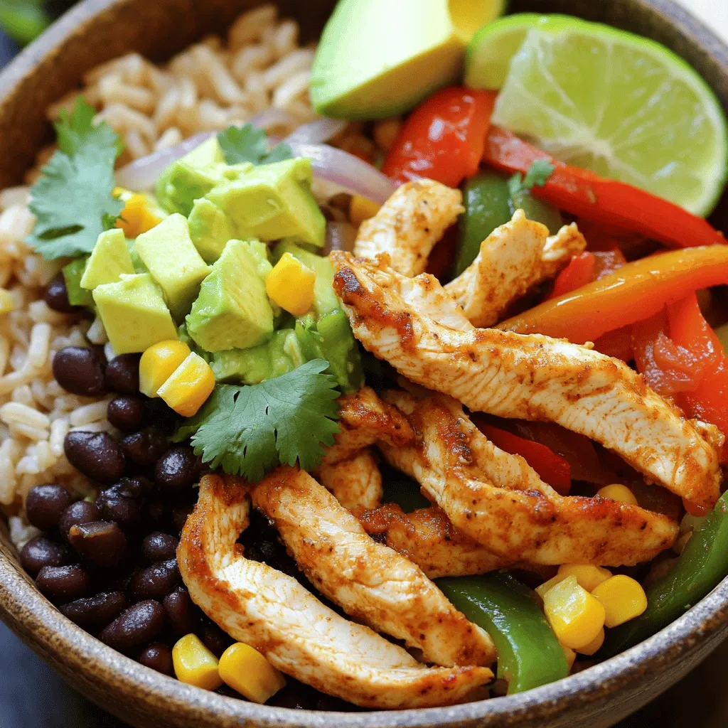 - 2 boneless, skinless chicken breasts, sliced into thin strips - 1 tablespoon olive oil - 1 red bell pepper, sliced - 1 green bell pepper, sliced - 1 medium onion, sliced - 1 cup cooked brown rice or quinoa - 1 cup black beans, rinsed and drained - 1 cup corn kernels (fresh, frozen, or canned) - 1 avocado, diced You need the chicken for protein. It adds great flavor and keeps you full. The colorful bell peppers and onion bring crunch and sweetness. For your base, use brown rice or quinoa. Both add fiber and nutrients to your meal. - 1 teaspoon cumin - 1 teaspoon paprika - 1 teaspoon garlic powder - 1 teaspoon onion powder - Salt and pepper to taste - Fresh cilantro, chopped, for garnish - Lime wedges, for serving Spices are key to flavor. Cumin and paprika give warmth; garlic and onion powder add depth. You can adjust salt and pepper to fit your taste. Top your bowl with fresh cilantro for a burst of freshness. Lime wedges add a zesty kick, perfect for squeezing over your dish. Feel free to check the Full Recipe for more details! To start, we need to marinate the chicken. In a large bowl, mix the sliced chicken with olive oil, cumin, paprika, garlic powder, onion powder, salt, and pepper. Make sure the chicken gets coated well. Let it sit for about 10 minutes. This allows the flavors to soak in. Next, it’s time to cook the chicken. Heat a large skillet over medium-high heat. Add the marinated chicken strips. Cook them for about 5 to 7 minutes. Stir occasionally until the chicken turns golden brown and is fully cooked. This step is key to getting juicy chicken. Now, let’s add some color and crunch. Once the chicken is done, toss in the sliced bell peppers and onion. This adds flavor and texture to the dish. Cook for another 5 to 6 minutes. You want the veggies to be tender and fragrant, making the kitchen smell amazing. Now comes the fun part—assembling your fajita bowls! Start by adding a base of cooked brown rice or quinoa to each bowl. This gives you a nice foundation. Next, spoon the sautéed chicken and vegetable mixture over the rice. We can’t forget about the toppings! Add a scoop of warmed black beans and corn. For the final touch, garnish each bowl with diced avocado and chopped cilantro. A lime wedge on the side is perfect for squeezing over the top. Presentation matters, so arrange everything neatly. And there you have it! Your easy chicken fajita bowls are ready to serve. For the full recipe, check out the details above. Enjoy! How to Get Perfectly Cooked Chicken To cook chicken well, start with thin strips. Thin chicken cooks evenly and quickly. Use a hot skillet to sear the chicken. This brings out great flavors and gives a nice color. Cook for 5-7 minutes, or until the chicken is no longer pink. Always check the center to make sure it’s fully cooked. Achieving Tender Vegetables Tender vegetables need attention, too. After cooking the chicken, add sliced bell peppers and onions. Stir them in for a few minutes. This keeps them crisp and bright. Cook them for 5-6 minutes until they are soft but not mushy. Pairing Ideas These fajita bowls go well with many sides. Try serving them with tortilla chips or a fresh salad. You can also add a dollop of sour cream or Greek yogurt for creaminess. Additional Sauces and Dressings Drizzle on some salsa or hot sauce for extra flavor. A sprinkle of lime juice brightens up the dish. You can also mix in a cilantro-lime dressing for a fresh twist. Suggestions for Picky Eaters To please picky eaters, keep things simple. Serve the chicken and veggies on the side. Let kids build their own bowls. They can choose what to add or skip. Customization Options Customization is key! Swap ingredients based on what you have. Try using shredded chicken or beef. Add different veggies like zucchini or carrots. You can even change the base to noodles or lettuce for a fun twist. Check out the Full Recipe for more ideas! {{image_2}} You can swap chicken for beef or shrimp. Beef adds a rich, bold flavor. Use flank or skirt steak for the best results. Just slice it thin and season like the chicken. Shrimp cooks fast and has a light taste. It pairs well with the same spices. For vegetarian options, consider using tofu or tempeh. Both soak up flavor well. Cook them with the same spices and veggies. You can also try chickpeas for extra protein. You can choose between quinoa and rice as your base. Quinoa is a superfood packed with protein. It has a nutty taste that complements the other flavors. Rice is classic and filling. Brown rice adds fiber, while white rice is soft and fluffy. Think about nutritional needs when choosing your base. Quinoa has more protein and nutrients than rice. However, rice is great for quick energy. Both options work well for easy chicken fajita bowls. Adding heat can spice things up. You can mix in jalapeños or hot sauce for a kick. If you want a smoky flavor, try chipotle powder. It gives a nice depth to your dish. For unique ingredients, consider adding pineapple or mango. They bring a sweet touch that balances the spices. You can also try crumbled feta or cotija cheese for creaminess. These twists make your fajita bowls even more exciting. For the full recipe and more details, check out Easy Chicken Fajita Bowls! How long do Easy Chicken Fajita Bowls last? You can keep them in the fridge for up to three days. Make sure they cool down before you store them. This helps keep the flavors fresh. What are proper storage containers? Use airtight containers for best results. Glass or plastic containers work well. Label the containers with the date. This way, you won’t forget when you made them. Can you freeze the fajita mixture? Yes, you can freeze it for up to three months. Just let the chicken and veggies cool down first. Then, pack them in freezer-safe bags. Try to remove as much air as you can. What are reheating tips? When ready to eat, thaw the mixture overnight in the fridge. Reheat it in a skillet over medium heat. Stir until hot. This keeps the flavors intact. How can you prepare ahead of time? You can slice the chicken and veggies a day in advance. Store them in separate containers. This saves time on busy nights. What are the best ways to reheat? Use a microwave or skillet. If using a microwave, cover with a damp paper towel. This keeps the food moist. Stir halfway through for even heating. Enjoy your meals without stress! To make easy chicken fajita bowls, follow these steps: 1. Prepare Ingredients: Slice two chicken breasts, bell peppers, and onion. 2. Mix Seasonings: In a bowl, combine olive oil, cumin, paprika, garlic powder, onion powder, salt, and pepper. 3. Coat Chicken: Toss the chicken strips in the seasoning mix until coated. 4. Cook Chicken: Heat a skillet and cook the chicken for about 5-7 minutes until golden. 5. Add Veggies: Add bell peppers and onion. Stir and cook for 5-6 minutes. 6. Heat Beans and Corn: In another pan, warm the black beans and corn. 7. Assemble Bowls: Start with brown rice or quinoa, then add chicken, veggies, beans, and corn. 8. Garnish: Top with diced avocado, cilantro, and serve with lime wedges. This simple method gives you a tasty meal in just 30 minutes. You can find the full recipe above. Yes, you can use frozen chicken. Here are some tips: - Thaw First: Always thaw the chicken in the fridge overnight for best results. - Cooking Time: Frozen chicken may take longer to cook. Check for doneness at 165°F. - Season Well: Ensure that the seasoning coats well, as frozen chicken can hold extra water. If you don’t have black beans, here are some alternatives: - Pinto Beans: They have a similar taste and texture. - Chickpeas: These add a nice crunch and protein. - Kidney Beans: They offer a different flavor but work well. - Lentils: Use cooked lentils for a quick swap. Feel free to mix and match based on what you have! To make these fajita bowls healthier, consider these tips: - Lean Proteins: Use chicken thighs or turkey for lower fat. - Whole Grains: Choose quinoa or brown rice for added fiber. - Fresh Veggies: Load up on extra vegetables like zucchini or spinach. - Healthy Fats: Use avocado in moderation, or skip it if needed. You can enjoy a nutritious meal while keeping the flavor intact! To sum up, we explored how to create tasty chicken fajita bowls. We discussed key ingredients, from chicken and veggies to flavorful spices. You learned step-by-step how to prepare the chicken, sauté veggies, and assemble the bowl for a great look. We shared tips for perfect cooking, serving ideas, and how to make it kid-friendly. Lastly, we examined variations, storage, and helpful FAQs to guide your cooking. Now, you have everything you need to enjoy these delicious bowls any time!