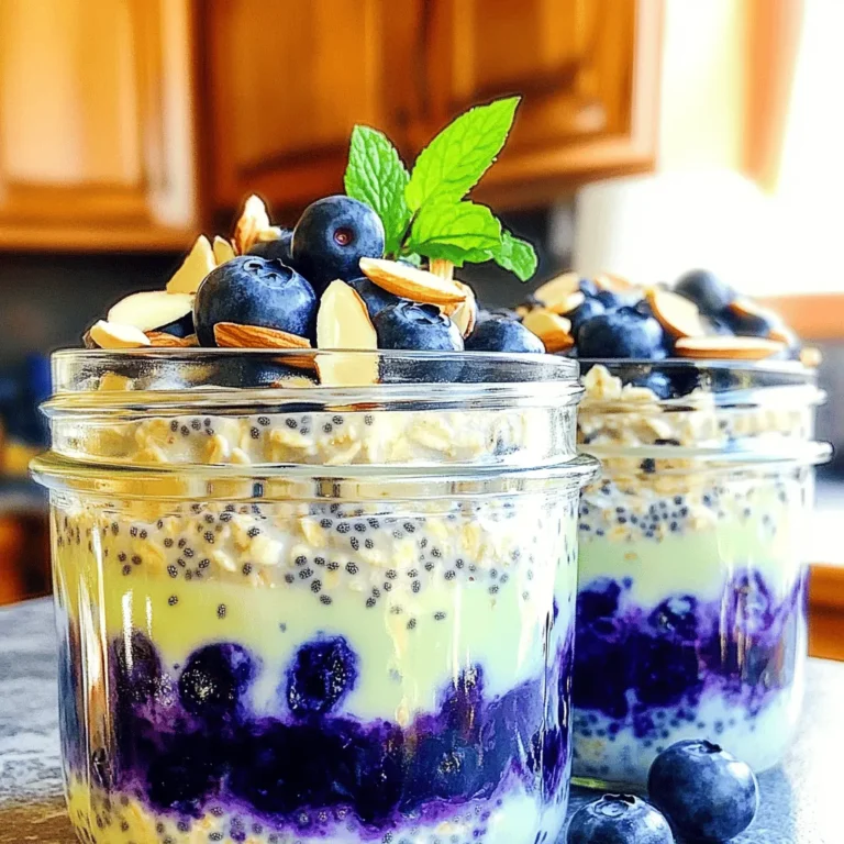 - 1 cup rolled oats - 1 cup almond milk (or any milk of choice) - 1/2 cup Greek yogurt (plain or vanilla) - 1 cup fresh blueberries (or frozen, thawed) - 2 tablespoons maple syrup (or honey) - 1/4 teaspoon almond extract - 1 tablespoon chia seeds - 1/4 cup sliced almonds - A pinch of salt When making blueberry almond overnight oats, choose fresh, high-quality ingredients. Start with rolled oats. They soak well and have a nice texture. Almond milk adds creaminess but feel free to use any milk you like. Greek yogurt gives a protein boost and makes the oats rich and smooth. Next, grab your blueberries. Whether fresh or frozen, they add natural sweetness and color. Maple syrup or honey provides sweetness, but you can adjust it to your taste. Almond extract brings a lovely flavor, and chia seeds add fiber and healthy fats. Sliced almonds give a nice crunch. The pinch of salt enhances all the flavors. This simple list of ingredients creates a tasty and nutritious meal. You can find the full recipe in the Full Recipe section. Start by gathering your ingredients. In a medium bowl, combine the rolled oats, almond milk, and Greek yogurt. Stir everything together until the oats blend well with the liquids. Next, add the maple syrup, almond extract, chia seeds, and a pinch of salt. Mix until all the ingredients are well combined. Finally, gently fold in the fresh blueberries, saving a few for later. Now it's time to portion the mixture. Divide the oat blend evenly into two airtight containers or jars. This helps with serving later. Once you have done that, sprinkle the sliced almonds on top of each container. This adds a nice crunch and flavor. Seal the containers tightly, then place them in the fridge. Let them chill overnight or for at least four hours. This soaking time is crucial. It allows the oats to soften and absorb the flavors. In the morning, give your oats a good stir. If you want a thinner texture, add a splash of almond milk. Top with the reserved blueberries and a few extra almond slices before you dig in. Enjoy your Blueberry Almond Overnight Oats! For the full recipe, you can refer back to the ingredients list above. To make your oats super creamy, use Greek yogurt. It adds a nice texture and taste. The yogurt makes each bite rich. Plus, it boosts protein too. Soaking time is also key. Allow oats to soak overnight. This helps them absorb liquid. They become soft and delicious. If you don't have time, soak for at least four hours. Serving your oats in clear jars looks great. You can see the layers of color. It adds to the excitement of eating. Garnish with fresh blueberries on top. You can also add a sprig of mint. This adds a pop of color and freshness. A little crunch from sliced almonds makes it even better. You might want to adjust the sweetness. Start with two tablespoons of maple syrup. Taste it and add more if needed. If you want alternatives, try honey or agave syrup. You can even use mashed bananas for natural sweetness. This keeps your oats tasty and healthy. {{image_2}} You can make blueberry almond overnight oats fun and different by adding other fruits. Strawberries and bananas work great. Just chop them up and mix them in with the oats. You can also spice things up by adding cinnamon or nutmeg. Just a pinch can change the whole taste. These flavors can make your oats feel fresh each day. If you want a vegan option, use plant-based yogurt instead of Greek yogurt. This keeps the recipe creamy and tasty. For those with nut allergies, you can skip the almonds. Use seeds like pumpkin or sunflower instead. They add a nice crunch and extra nutrition without the nuts. Want more protein? Mix in some protein powder. This helps make your meal more filling. You can also add seeds or nuts for extra crunch. Chia seeds are a great choice. They add fiber and keep you full longer. These options make your blueberry almond overnight oats even better! For the full recipe, check out the Blueberry Almond Delight Overnight Oats. Store your blueberry almond overnight oats in airtight containers. This keeps them fresh and tasty. Glass jars work well for this. Be sure to seal the lids tightly. Place the containers in the fridge. Keeping them cold helps the oats stay firm and flavorful. You can store blueberry almond overnight oats for up to five days in the fridge. After this time, the oats may start to lose their texture and flavor. Watch for signs of spoilage, such as a sour smell or unusual color. If you see these signs, it's best to throw them out. Yes, you can freeze overnight oats! To do this, use freezer-safe containers. Fill them but leave some space at the top. The oats will expand as they freeze. When you want to eat them, move the oats to the fridge to defrost overnight. You can also use the microwave for a quick thaw. Just heat them gently until warm. You can use different types of milk. Here are some options: - Soy milk - Oat milk - Coconut milk - Cashew milk - Regular cow's milk These choices work well in overnight oats. Pick what you like best or what you have at home. Each type brings a unique taste to your dish. Yes, you can! Overnight oats are great for meal prep. You can prepare them up to five days ahead. Just keep them in the fridge in airtight containers. This helps save time on busy mornings. You can grab and go! To keep your oats from becoming mushy, follow a few simple tips: - Use rolled oats instead of instant oats. - Add the toppings, like nuts and fruits, just before eating. - Use the right amount of liquid. Too much can make them soggy. These steps will help maintain a nice texture. You want your oats creamy, not mushy! For the full recipe, refer to the Blueberry Almond Delight Overnight Oats π₯£. This blog post covered how to make blueberry almond overnight oats. We discussed simple ingredients, easy steps for preparation, and methods for storage. I shared tips to make the oats creamier and ways to customize your dish. With variations for different diets and flavor options, this recipe is fun and flexible. Enjoy experimenting with flavors and ingredients. Youβll find the perfect match for your taste. Dive into this easy recipe for a delicious and healthy breakfast!