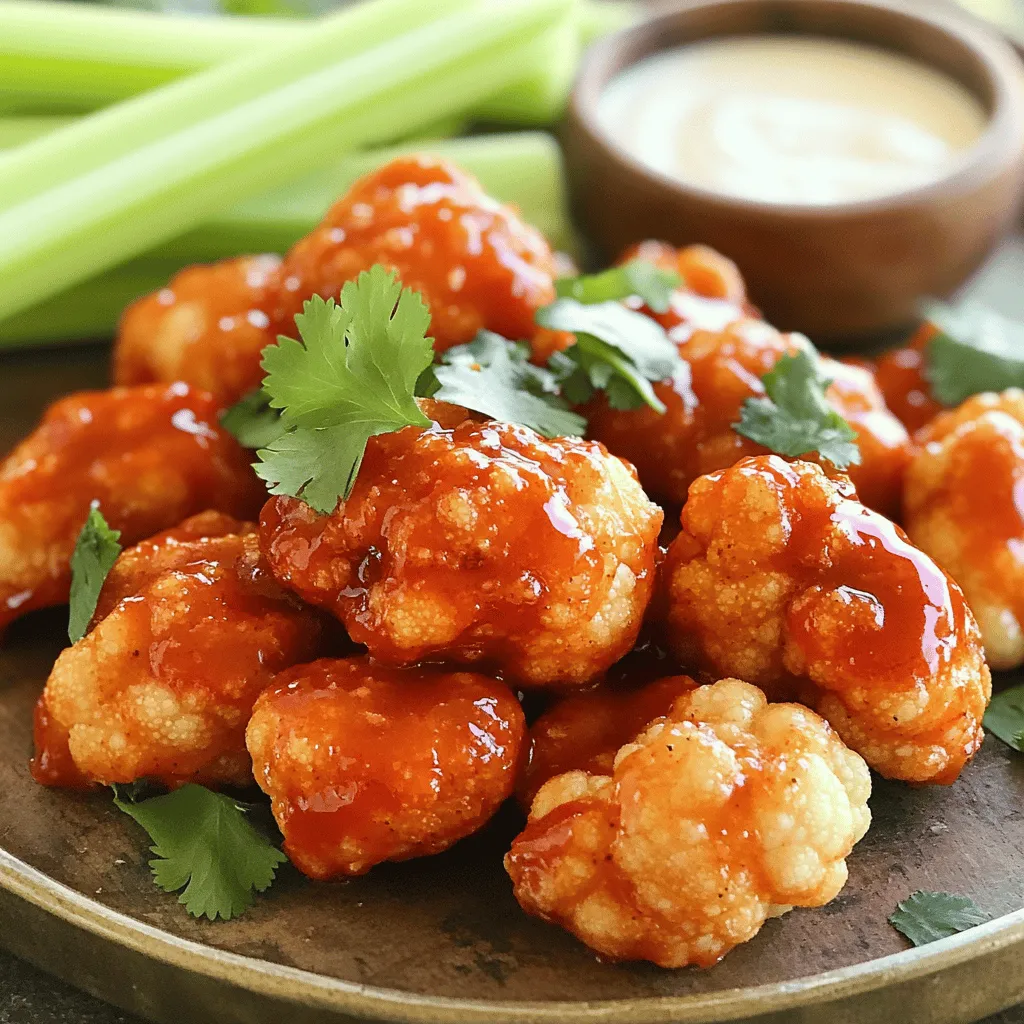 - Cauliflower florets - Flour and water for batter - Spices and seasonings To start, you need fresh cauliflower. Choose medium-sized florets for the best bite. Next, gather flour and water to make a simple batter. The batter will help the spices stick to the cauliflower. You want the batter to be smooth. For flavor, use garlic powder, onion powder, smoked paprika, salt, and black pepper. Each spice adds depth to the dish. - Sriracha sauce - Maple syrup - Olive oil For the sauce, Sriracha sauce is the star. It gives the wings their spicy kick. Mix in maple syrup for a touch of sweetness. This balances the heat and adds flavor. A little olive oil helps blend the sauce and adds richness. - Fresh cilantro - Additional dipping sauces Garnish your wings with fresh cilantro. It adds color and freshness. You can also serve them with your favorite dipping sauce. Ranch or blue cheese dressing works well. These extras enhance the experience and make your dish look great. For the full recipe, check out the recipe section above. Start by preheating your oven to 450°F (230°C). This high heat helps make the cauliflower wings crispy. While the oven warms up, grab a baking sheet and line it with parchment paper. The parchment helps prevent sticking and makes cleanup easier. In a large mixing bowl, combine the following dry ingredients: - 1 cup all-purpose flour - 1 teaspoon garlic powder - 1 teaspoon onion powder - 1 teaspoon smoked paprika - 1/2 teaspoon salt - 1/2 teaspoon black pepper Next, add 1 cup of water. The mixture should be smooth and free of lumps. Use a whisk to mix everything well. Whisking creates air bubbles, which helps the batter coat the cauliflower better. Take each cauliflower floret and dip it into the batter. Make sure it's fully coated, then gently shake off any extra batter. Place the coated florets on the lined baking sheet. Bake in the preheated oven for 20 minutes. Flip the wings halfway through to help them cook evenly. They should turn golden and slightly crispy at this point. Now, for the fun part! Remove the wings and drizzle the Sriracha sauce mixture over them. Toss gently to coat. Return them to the oven and bake for an additional 10-15 minutes. This step makes them caramelized and even crispier. Enjoy the bold flavors of the Spicy Sriracha Cauliflower Wings! For the full recipe, check the earlier section. To get that crispy texture, the batter must be just right. Use equal parts flour and water. If it is too thick, add a bit more water. If it’s too thin, add more flour. Aim for a smooth, thick but pourable batter. Oven temperature plays a big role in crispiness. Preheat your oven to 450°F (230°C). This high heat helps create a nice crust. If your wings are not crispy enough, try baking them a little longer. You can also turn on the broiler for the last few minutes. Just watch them closely so they don’t burn. Want more flavor? Add spices to the batter. Try a pinch of cayenne for heat or some cumin for depth. You can even mix in a bit of nutritional yeast for a cheesy flavor. Balancing sweetness in the sauce is key. If the Sriracha is too hot, add a bit more maple syrup. This will help cut the heat and give a nice balance. Taste as you mix to find what works for you. Pair these wings with classic sides. Celery sticks and carrot sticks are great for crunch. You can also serve them with ranch or blue cheese dressing for dipping. For a pretty presentation, use a large platter. Arrange the wings in a circle. Add celery sticks around them for color. Sprinkle fresh cilantro on top for that final touch. This makes your dish look as good as it tastes! {{image_2}} You can switch up the sauce for your cauliflower wings to match your taste. - Buffalo Sauce Option: If you love heat, try buffalo sauce. Just coat your wings after baking, like with the Sriracha. It gives a tangy kick that many enjoy. - Honey-Garlic Glaze: For a sweeter flavor, mix honey with minced garlic. This sauce pairs well with the crispy wings. Just drizzle it over after baking for a sticky, tasty treat. You can make these wings using different cooking styles based on your kitchen tools. - Air Fryer Instructions: Preheat your air fryer to 400°F (200°C). Coat the wings and place them in a single layer. Cook for about 15-20 minutes, shaking halfway through. They turn out crispy and delicious! - Grilling Tips: For a smoky taste, grill the wings. Preheat your grill to medium heat. Brush the wings with oil to prevent sticking and grill for about 10 minutes, turning often. You can make these wings healthier with some easy swaps. - Gluten-Free Options: Use gluten-free flour in the batter. You can also use cornstarch for a crunchy coating. - Lower Calorie Ingredients: Swap out regular flour for almond flour. You can also cut back on the maple syrup or use a sugar-free version. This keeps the flavor while making it lighter. For the full recipe, check the detailed steps above to enjoy these spicy Sriracha cauliflower wings! To keep your spicy Sriracha cauliflower wings fresh, use an airtight container. Glass or plastic containers work well. Before sealing, let the wings cool to room temperature. This step prevents steam build-up, which can make them soggy. To reheat your wings while keeping them crispy, use an oven. Preheat the oven to 375°F (190°C). Place the wings on a baking sheet and heat for about 10-15 minutes. This method helps restore their crunch. You can also use an air fryer for about 5-7 minutes at the same temperature for extra crispiness. To freeze your wings properly, let them cool completely first. Arrange them in a single layer on a baking sheet and freeze for 1-2 hours. Once frozen, transfer the wings to a freezer-safe bag. Remove as much air as possible before sealing. When you’re ready to eat, thaw the wings in the fridge overnight. Reheat them in the oven or air fryer to regain their crispy texture. Enjoy your wings just like they were fresh! For the full recipe, check out the details above. To make these wings vegan, swap out the maple syrup for agave nectar. Use a plant-based milk instead of water for the batter. You can also use oat flour or chickpea flour if you want a gluten-free batter. These easy swaps keep the flavor while making the dish vegan-friendly. Yes, you can use frozen cauliflower. However, frozen cauliflower may be softer after cooking. This change can affect the crunchiness. To keep the texture, thaw the cauliflower first and pat it dry. This helps remove excess moisture before coating. These wings pair well with a variety of sides. Try serving them with celery sticks or carrot sticks for a fresh crunch. A creamy dip like ranch or blue cheese adds a nice balance to the spice. You can also serve them with a side of rice or a light salad for a complete meal. This blog post covered how to make tasty Spicy Sriracha Cauliflower Wings. We discussed key ingredients like cauliflower, batter, and spices, plus making a great sauce with Sriracha and maple. I shared step-by-step instructions for baking, tips for the perfect crunch, and options for sauces and cooking methods. Finally, take these ideas and make this dish your own. Enjoy experimenting with flavors and methods. Your tasty wings will surely impress!