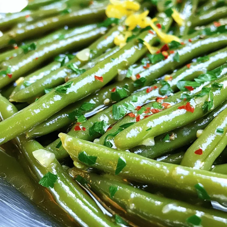 - Bring a large pot of salted water to a boil. - Prepare an ice water bath for shocking the green beans. Start by boiling the water. Salt helps enhance the flavor. While waiting, get an ice bath ready. This fast cooling method keeps the beans bright green. - Sauté garlic in melted butter until fragrant. - Toss in blanched green beans and coat in garlic butter. Next, melt the unsalted butter in a large skillet over medium heat. Once the butter bubbles, add the minced garlic. Sauté it for about one to two minutes. You want it fragrant but not brown. After that, toss in the blanched green beans. Stir them well to coat in the garlic butter. Cook for another three to four minutes until heated through. - Add lemon zest, salt, and pepper to taste. - Transfer to serving dish and garnish with parsley. Finally, stir in the lemon zest, salt, and pepper. The zest gives a nice burst of flavor. Once mixed, remove from heat and transfer the green beans to a serving dish. Finish by garnishing with chopped parsley. This adds a fresh touch and color. To keep your green beans bright and crisp, blanch them first. Here’s how: - Bring a large pot of salted water to a boil. - Add the fresh green beans and cook for about 3-5 minutes. - Look for a vivid green color and tender-crisp texture. - Quickly transfer the beans to a bowl of ice water. This stops the cooking and locks in color. For the best results, don’t overcook them. Tender-crisp beans are the goal. You can easily boost the flavor of garlic butter green beans. Here are a few ideas: - Toss in some toasted nuts like almonds or walnuts for crunch. - Add cheese, such as grated Parmesan, for a savory touch. Balancing flavors makes a big difference. Think about adding a splash of lemon juice or vinegar for brightness. A pinch of red pepper flakes can also add a nice kick without overwhelming the dish. Garlic butter green beans pair well with many meals. They are great alongside roasted chicken or grilled steak. For a holiday table, serve them in a beautiful dish with a sprinkle of parsley on top. This adds color and makes the dish pop. For a casual dinner, you can serve them in a simple bowl. They are easy to make and look lovely on any table. {{image_2}} You can make garlic butter green beans even better with seasonal veggies. Think about adding bright asparagus or sweet baby carrots. These vegetables bring their own flavors and textures. You can also consider using fresh peas or even zucchini. Citrus adds a nice touch too. Try using orange zest instead of lemon. It gives a sweet and tangy twist. You can also mix in lime zest for a zesty kick. These small changes can brighten your dish and make it feel fresh. If you want a vegan option, swap the butter for olive oil. This keeps the dish tasty while making it plant-based. You can also use vegan butter if you prefer that. For those who need gluten-free meals, this recipe is already great. Just stick to the fresh ingredients and you’re good. Want a low-carb side? You can skip the butter and use a little broth instead. This keeps it light and healthy while still being flavorful. To add an international flair, think about spices. You could add soy sauce for an Asian vibe. A sprinkle of sesame seeds can give it a nutty crunch. For Mediterranean flavors, try adding oregano or thyme. These herbs work well with garlic and butter. If you want to go fusion, mix in some curry powder. It adds warmth and a unique taste. This simple change can turn your green beans into a dish full of surprises. With these variations, you can keep your garlic butter green beans fresh and exciting. For the full recipe, check out the detailed steps above. To keep your garlic butter green beans fresh, place them in an airtight container. This will help preserve their flavor and texture. Store them in the fridge for up to three days. If you want to enjoy them later, consider freezing them. When reheating, avoid the microwave if you can. Instead, use a skillet on low heat. This method keeps the beans crunchy. Add a splash of water or a bit of butter to help with moisture. If you freeze them, thaw in the fridge overnight. Then, reheat as you normally would. This will keep your garlic butter green beans tasty and vibrant. For the full recipe, check back to earlier sections. Yes, you can prep garlic butter green beans ahead of time. Start by trimming the green beans and mincing the garlic. You can also zest the lemon and chop the parsley. Store these items in separate containers in the fridge. When you're ready to cook, just blanch the green beans and sauté them with garlic and butter. This saves time and keeps your meal fresh. If you're sensitive to garlic, there are great substitutes. Try using shallots for a mild flavor. You can also use garlic-infused olive oil for a similar taste. Another option is to add leeks or chives for a fresh twist. These alternatives will keep your dish tasty without the garlic. To add heat without red pepper flakes, consider using jalapeños. Chop them finely and sauté with garlic. You can also add a dash of hot sauce for a kick. Another option is to sprinkle in some cayenne pepper. Adjust the amount to match your spice level. Enjoy the extra warmth in your garlic butter green beans! In this post, we explored how to make garlic butter green beans. You learned about key ingredients and preparation steps. I shared tips for perfect texture and flavor enhancements. We also discussed variations to fit dietary needs. Finally, I covered storage and reheating advice. Enjoy cooking these tasty green beans for any meal. With a few simple changes, you can make this dish your own!