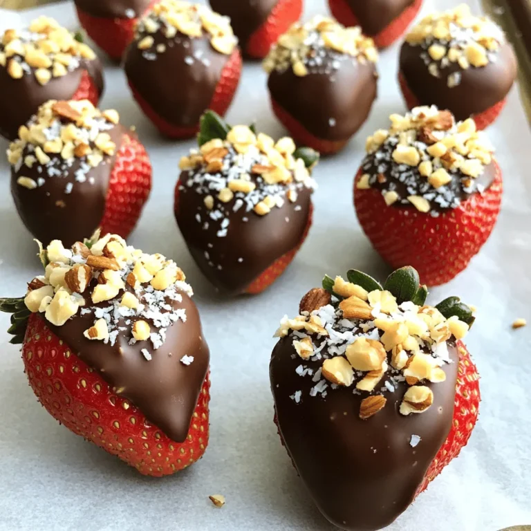 - Fresh strawberries - Dark chocolate chips - Coconut oil - Optional toppings (crushed nuts, shredded coconut, sea salt) To make chocolate-covered strawberry bites, gather these simple ingredients. Start with fresh strawberries. Choose large, ripe strawberries for the best taste. Next, grab some dark chocolate chips. Dark chocolate adds rich flavor and pairs well with the sweet strawberries. You will also need coconut oil. This oil helps the chocolate melt smoothly. For a little extra flair, consider optional toppings. Crushed nuts like almonds or walnuts add crunch. Shredded coconut gives a tropical twist. A sprinkle of sea salt brings out the chocolate's sweetness. You can mix and match toppings based on your taste. These ingredients are easy to find. You can use them to create a lovely and delicious treat. Check out the Full Recipe for more details on how to prepare this delight. - Preparing the baking sheet: Start by lining a baking sheet with parchment paper. This helps keep the strawberries from sticking. Set it aside for later. - Melting the chocolate mixture: In a microwave-safe bowl, add 1 cup of dark chocolate chips and 1 tablespoon of coconut oil. Heat it in the microwave in 30-second intervals. Stir the mixture between each interval. This ensures the chocolate melts evenly. It will take about 1 to 1.5 minutes to get smooth chocolate. - Dipping the strawberries: Take each strawberry by the stem and dip it into the warm chocolate. Make sure to coat it well, letting any extra chocolate drip off. Place the dipped strawberries on the prepared baking sheet. - Adding toppings: While the chocolate is still warm, sprinkle your choice of toppings. Use crushed nuts or shredded coconut for extra flavor and texture. Get creative! - Setting the chocolate: Once all strawberries are coated, sprinkle a tiny bit of sea salt over them. This adds a nice contrast. Then, refrigerate the strawberries for about 15 to 30 minutes. This helps the chocolate harden and set. - Serving suggestions: Serve the chocolate-covered strawberry bites on a nice plate. You can arrange them in a fun pattern. These treats are perfect for parties or special moments. Enjoy the sweet and salty bite! For the complete recipe, refer to the [Full Recipe]. Avoiding clumps To melt chocolate well, use high-quality chocolate chips. These melt evenly and help avoid clumps. Heat them gently in short bursts. I suggest starting with 30 seconds in the microwave. Stir after each interval. This keeps the heat even and smooths out the chocolate. Using the right bowl Choose a microwave-safe bowl. Glass or ceramic works best. Avoid metal bowls, as they can heat unevenly. Also, make sure the bowl is dry. Any water can cause the chocolate to seize. Achieving an even coating Hold each strawberry by the stem to dip. This gives you control and keeps your hands clean. Dip it in the melted chocolate. Make sure to cover it completely. Twirl it gently to let excess chocolate drip off. Allowing chocolate to set After dipping, place the strawberries on parchment paper. This prevents sticking. For best results, chill them for about 15-30 minutes. This helps the chocolate harden and stay shiny. Creative serving ideas Serve chocolate-covered strawberries on a decorative plate. You can arrange them in a circle or a fancy shape. For extra flair, drizzle some melted white chocolate on top. This adds a beautiful touch. You can also serve them with a side of whipped cream for dipping. These ideas make the treats look special and inviting. For the full recipe, you can check the details above. {{image_2}} You can switch up the chocolate for your strawberry bites. Try using white chocolate or milk chocolate. These options give a sweet twist. You can even use flavored chocolate. Think of options like orange or mint. Each choice adds a new taste and fun to the bites. The seasons bring great chances to change your treats. For holidays, use fun coatings. You can add red and green sprinkles for Christmas. Or, use pastel colors for Easter. Pair strawberries with fruits or nuts as well. Sliced bananas or crushed pistachios can make great matches. It’s all about creativity! If you want a healthier treat, there are choices. Use sugar-free chocolate to cut down on sugar. There are tasty brands that make it easy. You can also add superfoods to your bites. Think chia seeds or flaxseeds. These add a boost of nutrition without losing flavor. Enjoy experimenting with these fun ideas! To keep your chocolate-covered strawberries fresh, store them in the fridge. Use a shallow container with a lid. Line the bottom with paper towels to absorb any moisture. Place the strawberries in a single layer. Avoid stacking them to prevent damage. Keep them away from strong-smelling foods. Strawberries soak up odors easily. The right temperature is key. Store them at around 35 to 40 degrees Fahrenheit. This keeps the chocolate firm and the strawberries juicy. Do not freeze them, as this will ruin their texture. Chocolate-covered strawberries last about 1 to 2 days in the fridge. After that, they may start to spoil. Look for signs like a mushy texture or mold. If the chocolate develops a white film, it’s called “bloom.” This happens when the chocolate cools too quickly. While it’s safe to eat, it doesn't look nice. Chocolate-covered strawberries make a lovely gift. For packaging, use a clear box or a decorative tin. Add some tissue paper for a pop of color. You can also tie a ribbon around it for a nice touch. For presentation, arrange the strawberries in a unique way. Use cupcake liners to separate each one. It adds charm to your gift. For special occasions, consider adding a small card with a sweet note. For the full recipe, visit the main section above. To make your chocolate coating smooth, add a bit of coconut oil. This helps thin the chocolate and makes it easier to dip. Heat the chocolate slowly in the microwave. Stir it often to avoid hot spots. If you add too much chocolate, it can clump. You can use frozen strawberries, but fresh ones are best. Frozen strawberries lose their water when they thaw. This can make them soggy. If you use frozen strawberries, let them thaw and dry well. Pat them down with a towel before dipping. If the chocolate hardens too fast, it might be too cool. Try warming it slightly in the microwave. Stir it well to keep it smooth. You can also add a teaspoon of coconut oil to slow the cooling. If you don't have time, just dip quickly and add toppings fast. You can buy pre-made chocolate-covered strawberry bites at many stores. Look for them in the candy or dessert section. Online stores also sell quality options. Always check reviews to find the best ones. For the freshest taste, I recommend making them yourself. You can find the full recipe online to try! In this post, we explored how to make chocolate-covered strawberries. We covered ingredients, easy steps, and helpful tips. You now know how to melt chocolate, dip strawberries, and add toppings. I shared ways to customize your treats and store them well. Creating these treats is fun and tasty. Enjoy experimenting with flavors and toppings. Use your new skills to impress friends or treat yourself! Happy dipping!