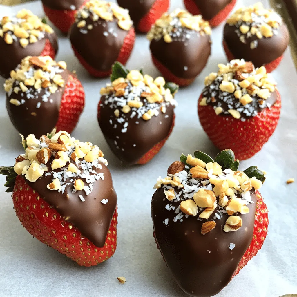 - Fresh strawberries - Dark chocolate chips - Coconut oil - Optional toppings (crushed nuts, shredded coconut, sea salt) To make chocolate-covered strawberry bites, gather these simple ingredients. Start with fresh strawberries. Choose large, ripe strawberries for the best taste. Next, grab some dark chocolate chips. Dark chocolate adds rich flavor and pairs well with the sweet strawberries. You will also need coconut oil. This oil helps the chocolate melt smoothly. For a little extra flair, consider optional toppings. Crushed nuts like almonds or walnuts add crunch. Shredded coconut gives a tropical twist. A sprinkle of sea salt brings out the chocolate's sweetness. You can mix and match toppings based on your taste. These ingredients are easy to find. You can use them to create a lovely and delicious treat. Check out the Full Recipe for more details on how to prepare this delight. - Preparing the baking sheet: Start by lining a baking sheet with parchment paper. This helps keep the strawberries from sticking. Set it aside for later. - Melting the chocolate mixture: In a microwave-safe bowl, add 1 cup of dark chocolate chips and 1 tablespoon of coconut oil. Heat it in the microwave in 30-second intervals. Stir the mixture between each interval. This ensures the chocolate melts evenly. It will take about 1 to 1.5 minutes to get smooth chocolate. - Dipping the strawberries: Take each strawberry by the stem and dip it into the warm chocolate. Make sure to coat it well, letting any extra chocolate drip off. Place the dipped strawberries on the prepared baking sheet. - Adding toppings: While the chocolate is still warm, sprinkle your choice of toppings. Use crushed nuts or shredded coconut for extra flavor and texture. Get creative! - Setting the chocolate: Once all strawberries are coated, sprinkle a tiny bit of sea salt over them. This adds a nice contrast. Then, refrigerate the strawberries for about 15 to 30 minutes. This helps the chocolate harden and set. - Serving suggestions: Serve the chocolate-covered strawberry bites on a nice plate. You can arrange them in a fun pattern. These treats are perfect for parties or special moments. Enjoy the sweet and salty bite! For the complete recipe, refer to the [Full Recipe]. Avoiding clumps To melt chocolate well, use high-quality chocolate chips. These melt evenly and help avoid clumps. Heat them gently in short bursts. I suggest starting with 30 seconds in the microwave. Stir after each interval. This keeps the heat even and smooths out the chocolate. Using the right bowl Choose a microwave-safe bowl. Glass or ceramic works best. Avoid metal bowls, as they can heat unevenly. Also, make sure the bowl is dry. Any water can cause the chocolate to seize. Achieving an even coating Hold each strawberry by the stem to dip. This gives you control and keeps your hands clean. Dip it in the melted chocolate. Make sure to cover it completely. Twirl it gently to let excess chocolate drip off. Allowing chocolate to set After dipping, place the strawberries on parchment paper. This prevents sticking. For best results, chill them for about 15-30 minutes. This helps the chocolate harden and stay shiny. Creative serving ideas Serve chocolate-covered strawberries on a decorative plate. You can arrange them in a circle or a fancy shape. For extra flair, drizzle some melted white chocolate on top. This adds a beautiful touch. You can also serve them with a side of whipped cream for dipping. These ideas make the treats look special and inviting. For the full recipe, you can check the details above. {{image_2}} You can switch up the chocolate for your strawberry bites. Try using white chocolate or milk chocolate. These options give a sweet twist. You can even use flavored chocolate. Think of options like orange or mint. Each choice adds a new taste and fun to the bites. The seasons bring great chances to change your treats. For holidays, use fun coatings. You can add red and green sprinkles for Christmas. Or, use pastel colors for Easter. Pair strawberries with fruits or nuts as well. Sliced bananas or crushed pistachios can make great matches. It’s all about creativity! If you want a healthier treat, there are choices. Use sugar-free chocolate to cut down on sugar. There are tasty brands that make it easy. You can also add superfoods to your bites. Think chia seeds or flaxseeds. These add a boost of nutrition without losing flavor. Enjoy experimenting with these fun ideas! To keep your chocolate-covered strawberries fresh, store them in the fridge. Use a shallow container with a lid. Line the bottom with paper towels to absorb any moisture. Place the strawberries in a single layer. Avoid stacking them to prevent damage. Keep them away from strong-smelling foods. Strawberries soak up odors easily. The right temperature is key. Store them at around 35 to 40 degrees Fahrenheit. This keeps the chocolate firm and the strawberries juicy. Do not freeze them, as this will ruin their texture. Chocolate-covered strawberries last about 1 to 2 days in the fridge. After that, they may start to spoil. Look for signs like a mushy texture or mold. If the chocolate develops a white film, it’s called “bloom.” This happens when the chocolate cools too quickly. While it’s safe to eat, it doesn't look nice. Chocolate-covered strawberries make a lovely gift. For packaging, use a clear box or a decorative tin. Add some tissue paper for a pop of color. You can also tie a ribbon around it for a nice touch. For presentation, arrange the strawberries in a unique way. Use cupcake liners to separate each one. It adds charm to your gift. For special occasions, consider adding a small card with a sweet note. For the full recipe, visit the main section above. To make your chocolate coating smooth, add a bit of coconut oil. This helps thin the chocolate and makes it easier to dip. Heat the chocolate slowly in the microwave. Stir it often to avoid hot spots. If you add too much chocolate, it can clump. You can use frozen strawberries, but fresh ones are best. Frozen strawberries lose their water when they thaw. This can make them soggy. If you use frozen strawberries, let them thaw and dry well. Pat them down with a towel before dipping. If the chocolate hardens too fast, it might be too cool. Try warming it slightly in the microwave. Stir it well to keep it smooth. You can also add a teaspoon of coconut oil to slow the cooling. If you don't have time, just dip quickly and add toppings fast. You can buy pre-made chocolate-covered strawberry bites at many stores. Look for them in the candy or dessert section. Online stores also sell quality options. Always check reviews to find the best ones. For the freshest taste, I recommend making them yourself. You can find the full recipe online to try! In this post, we explored how to make chocolate-covered strawberries. We covered ingredients, easy steps, and helpful tips. You now know how to melt chocolate, dip strawberries, and add toppings. I shared ways to customize your treats and store them well. Creating these treats is fun and tasty. Enjoy experimenting with flavors and toppings. Use your new skills to impress friends or treat yourself! Happy dipping!