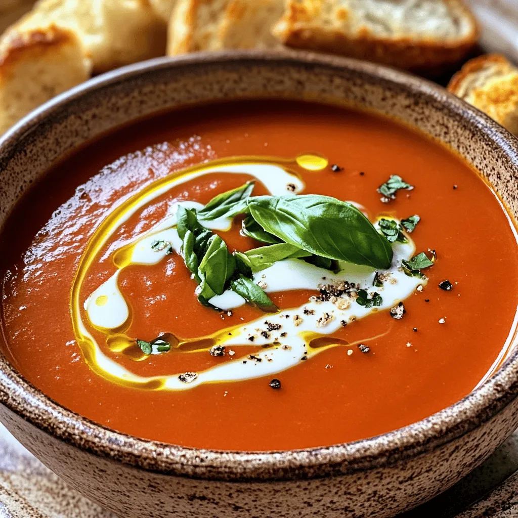 To make creamy tomato basil soup, gather these items: - 2 tablespoons olive oil - 1 medium onion, chopped - 2 cloves garlic, minced - 1 can (28 oz) crushed tomatoes - 2 cups vegetable broth - 1 teaspoon sugar - 1 teaspoon dried oregano - Salt and pepper to taste - 1 cup heavy cream (or coconut cream for a vegan option) - 1/2 cup fresh basil leaves, chiffonade - Crusty bread or croutons for serving Each ingredient plays a big role in taste. - Olive oil adds richness and flavor. - Onion and garlic bring sweetness and depth. - Crushed tomatoes form the soup’s base, offering a bright, tangy flavor. - Vegetable broth enhances the soup’s savory notes. - Heavy cream makes it rich and smooth, while coconut cream is a great vegan choice. - Fresh basil adds a fragrant touch that brightens the dish. You can swap some ingredients if needed. - Use butter instead of olive oil for a different flavor. - Fresh tomatoes can replace canned tomatoes if you have them. - For a lighter version, try using half-and-half instead of heavy cream. - If you want more heat, add a pinch of red pepper flakes. Check the full recipe for more details and enjoy making your soup! To start, gather all your ingredients. This helps you stay organized. You’ll need: - 2 tablespoons olive oil - 1 medium onion, chopped - 2 cloves garlic, minced - 1 can (28 oz) crushed tomatoes - 2 cups vegetable broth - 1 teaspoon sugar - 1 teaspoon dried oregano - Salt and pepper to taste - 1 cup heavy cream (or coconut cream) - 1/2 cup fresh basil leaves, chiffonade - Crusty bread or croutons for serving Next, chop the onion and mince the garlic. This step is key for great flavor. In a large pot, heat the olive oil over medium heat. Add the chopped onion and sauté until it turns translucent, about 5 minutes. Stir in the minced garlic and cook for one more minute. The aroma will fill your kitchen! Now, pour in the crushed tomatoes and vegetable broth. Add the sugar, oregano, salt, and pepper. Stir everything well. Bring the soup to a simmer and let it cook for 20 minutes. This allows the flavors to meld beautifully. After simmering, it’s time to blend. Use an immersion blender for a smooth texture. If you don’t have one, carefully transfer the soup to a stand blender in batches. Once blended, return it to the pot if needed. Stir in the heavy cream until it mixes well. Finally, add the fresh basil and cook for another 5 minutes on low heat. When blending hot soup, be careful! Hot liquid can splatter. If using a stand blender, fill it halfway. Leave space for the steam. Always start on a low speed and increase gradually. This keeps your kitchen mess-free. For the best taste, adjust the seasoning after blending. Now you’re ready to enjoy a warm bowl of creamy tomato basil bliss! Don’t forget to check the [Full Recipe] for complete details. After you make your creamy tomato basil soup, let it cool before storing. Use an airtight container for best results. The soup lasts in the fridge for up to five days. If you want to save it for longer, freeze it in portions. It can stay in the freezer for up to three months. To reheat, place the soup in a pot over low heat. Stir often to avoid sticking. If the soup thickens too much, add a splash of broth or water. You can also microwave it in a bowl. Heat it in 30-second intervals, stirring in between. You can boost the flavor of your soup in several ways. Try adding fresh herbs like thyme or parsley. You can also use smoked paprika for a nice depth. A squeeze of lemon juice adds brightness. If you enjoy spice, add a pinch of red pepper flakes. For a richer taste, mix in some Parmesan cheese while cooking. One common mistake is not balancing the flavors. Always taste and adjust. If the soup is too acidic, add more sugar. If it's bland, salt can help. Another mistake is overcooking the cream. Add it only after blending the soup for a silky texture. Lastly, using low-quality tomatoes can affect the taste. Choose high-quality canned tomatoes for the best results. You can find the full recipe [here](#). {{image_2}} To make a vegan creamy tomato basil soup, swap the heavy cream for coconut cream. It gives a rich and creamy texture while keeping it dairy-free. Use vegetable broth instead of chicken broth to keep it vegan. Fresh basil adds a lovely taste and aroma, so don't skip it! If you like heat, add red pepper flakes or diced jalapeños to the pot. Start with a small amount, then taste and add more if you want. This extra spice can make your creamy tomato basil soup exciting. You can also mix in a splash of hot sauce before serving for a spicy kick. For a cheesy twist, stir in grated Parmesan or mozzarella while blending. This adds a depth of flavor and a fun texture. You can also top the soup with shredded cheese before serving. Melted cheese on top makes the soup even more comforting and indulgent. You can discover more about these variations in the Full Recipe. Store your creamy tomato basil soup in an airtight container. This keeps the soup fresh. Let it cool to room temperature first. Refrigerate the soup for up to five days. When you want to eat it, reheat it gently on the stove. Stir often to avoid burning. Freezing is a great way to save extra soup. Use freezer-safe containers or bags. Leave some space for the soup to expand when frozen. The soup can last for about three months in the freezer. When you’re ready to eat, thaw it in the fridge overnight. Reheat it on the stove, stirring well. You can get creative with leftovers. Add them to pasta for a quick meal. Use them as a sauce for baked chicken. Mix with rice or quinoa for a tasty side. You can even pour it over roasted veggies. This way, you enjoy every last drop of your creamy tomato basil soup. For the full recipe, check out the original article. Yes, you can use fresh tomatoes. Choose ripe tomatoes for the best flavor. You will need about 2 pounds of fresh tomatoes. First, blanch them in boiling water for a minute. Then, put them in cold water. This step helps to peel the skins easily. After peeling, chop the tomatoes and add them to the pot. Fresh tomatoes may take longer to cook down. So be patient, and enjoy the process! To make this soup gluten-free, just use gluten-free broth. Most vegetable broths are gluten-free. Be sure to check the label. You can also replace any bread you want to add. Use gluten-free bread or croutons instead. This soup is naturally gluten-free, so it’s easy to keep it safe for everyone. You can add many herbs to enhance your soup. Fresh parsley adds a bright taste. Thyme offers a nice earthy flavor. If you want a kick, try a pinch of red pepper flakes. Basil is the star here, but feel free to mix! Just remember to add herbs sparingly. You can always add more, but it’s hard to take them out! This blog covered all you need for a great tomato basil soup. We looked at key ingredients, step-by-step cooking, and useful tips. You learned how to store and reheat soup properly and explored fun variations. Avoiding common mistakes ensures success. Remember, using fresh tomatoes or adding herbs can enhance flavor. With these insights, you can make a delicious soup that fits your diet and taste. Enjoy your cooking!