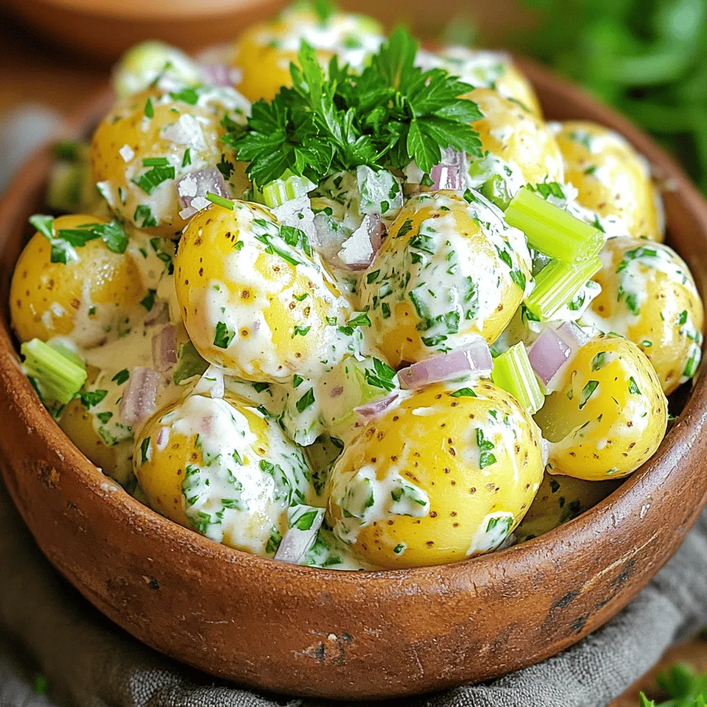 - 2 lbs baby potatoes, halved - 1/2 cup mayonnaise - 1/4 cup plain Greek yogurt - 2 tablespoons Dijon mustard - 1 tablespoon apple cider vinegar - 1/4 cup celery, finely chopped - 1/4 cup red onion, finely chopped - 1/2 cup fresh parsley, chopped - 1/2 teaspoon garlic powder - Salt and pepper to taste - Optional: 1/4 cup sweet pickles, diced - Large pot - Mixing bowl - Whisk - Colander - Plastic wrap The ingredients for classic potato salad are simple yet flavorful. The baby potatoes form the base of this dish. I use halved baby potatoes for their tender texture and great flavor. If you want a creamy dressing, I mix mayonnaise and Greek yogurt. This combo gives the salad a nice tang and richness. To add flavor, I include Dijon mustard and apple cider vinegar. The mustard adds depth, while the vinegar brings a bright note. Chopped celery and red onion add crunch and a little zest. Fresh parsley brightens the salad with color and flavor. Garlic powder adds a nice hint of warmth. Season to taste with salt and pepper to tie everything together. If you like a sweeter touch, add diced sweet pickles. These optional ingredients make the salad even more special. Gather these ingredients, and you're ready to make a delicious classic potato salad! For the complete instructions, check out the Full Recipe. - Step 1: Start by boiling the potatoes. Place 2 lbs of halved baby potatoes in a large pot. Cover them with cold water and add a pinch of salt. Bring the pot to a boil over high heat. Once boiling, reduce to a simmer. Cook until the potatoes are fork-tender, about 10-15 minutes. - Step 2: After cooking, drain the potatoes. Let them cool for a bit. Once cool enough to handle, chop any larger pieces into bite-sized chunks. This helps everyone enjoy each bite. - Step 3: Now, let’s mix the dressing. In a mixing bowl, combine 1/2 cup mayonnaise, 1/4 cup plain Greek yogurt, 2 tablespoons Dijon mustard, 1 tablespoon apple cider vinegar, and 1/2 teaspoon garlic powder. Add salt and pepper to taste. - Step 4: Whisk the mixture until it is fully combined. This creates a creamy and tangy dressing that makes the potato salad shine. - Step 5: It’s time to bring everything together. Gently fold the cooled potatoes into the dressing. Add the chopped celery, red onion, and parsley. If you like, toss in 1/4 cup of sweet pickles for extra flavor. - Step 6: Taste your salad and adjust the seasoning if needed. Once you’re happy with the flavor, cover the bowl with plastic wrap. Refrigerate for at least 1 hour. This allows the flavors to meld beautifully. You can find the full recipe in the earlier section, which details everything you need for this creamy potato salad. Enjoy! To get tender potatoes, cook them for 10-15 minutes. Start with cold water and a good pinch of salt. This helps the potatoes cook evenly. Test them with a fork. If it goes in easily, they are ready. For a creamy dressing, mix mayonnaise and Greek yogurt. Use equal parts for richness. Whisk until smooth. Add the Dijon mustard and apple cider vinegar to enhance flavor. This will give you a thick and creamy dressing. Use fresh herbs like parsley or dill for a pop of flavor. Chopped celery adds crunch, while red onion gives a nice bite. If you like a hint of sweetness, add diced sweet pickles. These make the potato salad taste fresh and bright. Refrigerating the salad is key. Let it chill for at least one hour. This helps the flavors blend well. You’ll notice a big difference in taste after it sits. For a fun presentation, serve the potato salad in a big, colorful bowl. Garnish with extra parsley on top. Another cute idea is to use small mason jars for serving. This makes for a great picnic dish! Pair the potato salad with grilled meats or fresh veggies. It goes well with burgers, hot dogs, or even a nice piece of fish. This makes your meal complete and satisfying. For the full recipe, check out the detailed instructions above. {{image_2}} Southern-style potato salad stands out for its creamy texture and sweet flavor. The key ingredients include sweet pickles, boiled eggs, and sometimes even mustard for a tangy twist. The dressing often mixes mayonnaise with a touch of pickle juice, adding a unique zing. You can also find celery and bell peppers for crunch. This style is creamy but not overly heavy, making it perfect for picnics and barbecues. German potato salad offers a different flavor profile. It is warm and tangy, often featuring bacon and a vinegar-based dressing. This dish uses waxy potatoes that hold their shape well. The dressing usually combines vinegar, mustard, and bacon fat, giving it a rich taste. You can top it with fresh herbs like chives or parsley for added flavor. This salad is great served warm and pairs well with grilled meats. For a vegan potato salad, you can easily swap out mayonnaise and yogurt. Use silken tofu blended with lemon juice for creaminess. You can also use avocado for a richer texture. Fresh herbs and spices can enhance the flavor without dairy. To make it even more exciting, add roasted garlic or smoked paprika. This version is perfect for those who want a plant-based option without missing out on taste. For the full recipe, check out the Creamy Herb Potato Delight 🥔 section. To keep your potato salad fresh, place it in an airtight container. This helps prevent air from drying it out. Make sure to seal the lid tight. You can also cover the bowl with plastic wrap. This keeps moisture in and flavors intact. You can store potato salad in the fridge for up to four days. Check for any changes in smell or color. If it smells sour or looks off, it’s best to throw it away. Always trust your senses when it comes to food safety. You can freeze potato salad, but it may change texture. The creamy dressing might separate when thawed. If you still want to freeze it, use a freezer-safe container. When ready to eat, thaw it in the fridge overnight. Stir well before serving to help restore some creaminess. To keep potatoes firm, choose waxy varieties like baby potatoes. Boil them for just 10-15 minutes until fork-tender. Drain and cool them quickly. This method helps retain their shape. Avoid overcooking, as that makes them mushy. Yes, you can use regular yogurt. However, Greek yogurt gives a thicker, creamier texture. If you prefer a lighter taste, go with regular yogurt. Just remember, it may alter the salad's creaminess a bit. If you want to skip mayonnaise, use avocado or hummus. Both provide creaminess and flavor. You can also mix yogurt with a little mustard for extra zest. This keeps the salad creamy and adds a unique twist. Potato salad is best served cold. Chilling lets the flavors blend and enhances the taste. After mixing, refrigerate for at least an hour. This cooling time makes a significant difference in flavor and texture. Let your potato salad sit for at least one hour. This waiting time allows flavors to meld beautifully. If you have more time, chill it longer for even better taste. Just cover it well in the fridge. For the full recipe, check out the Creamy Herb Potato Delight. This creamy herb potato salad is a classic dish that is both tasty and easy to make. It takes about 20 minutes to prep and 10-15 minutes to cook the potatoes. After mixing everything, you should let it chill for at least an hour. This recipe serves 6 to 8 people. Ingredients: - 2 lbs baby potatoes, halved - 1/2 cup mayonnaise - 1/4 cup plain Greek yogurt - 2 tablespoons Dijon mustard - 1 tablespoon apple cider vinegar - 1/4 cup celery, finely chopped - 1/4 cup red onion, finely chopped - 1/2 cup fresh parsley, chopped - 1/2 teaspoon garlic powder - Salt and pepper to taste - Optional: 1/4 cup sweet pickles, diced To make this salad, start by boiling the halved baby potatoes in a large pot with cold water and salt. Once they are fork-tender, drain them and let them cool. You can cut any larger pieces into smaller chunks. Next, whisk the mayonnaise, Greek yogurt, Dijon mustard, apple cider vinegar, garlic powder, salt, and pepper in a mixing bowl. When the potatoes are cool, add them to the dressing. Toss in the chopped celery, red onion, parsley, and sweet pickles if you want that extra crunch. Gently mix everything until the potatoes are coated well. Taste and adjust the seasoning if needed. Cover the bowl with plastic wrap and chill in the fridge. This allows all the flavors to blend nicely. Before serving, give the salad a gentle stir. For a nice touch, you can sprinkle some fresh parsley on top. Enjoy this creamy and flavorful delight! In this blog post, we explored how to make a tasty potato salad. We covered all the ingredients, from baby potatoes and mayonnaise to tasty seasonings. I shared step-by-step instructions and helpful tips to get the best texture and flavor. Whether you're aiming for Southern, German, or vegan styles, you can customize this dish. Remember to store leftovers properly for the best taste. Enjoy creating your perfect potato salad! It's a great dish for any meal.