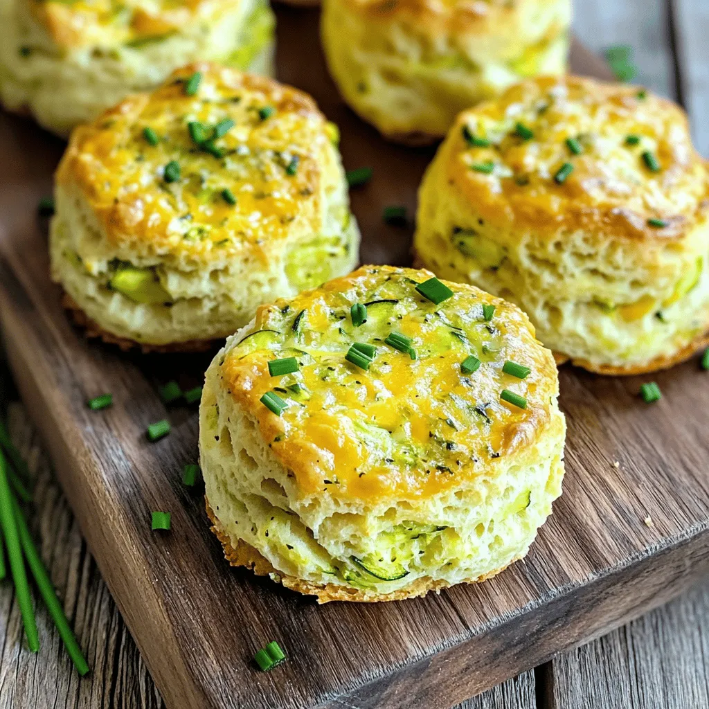 - Grated Zucchini - All-Purpose Flour - Baking Powder and Baking Soda - Seasonings: Salt, Garlic Powder, Onion Powder - Sharp Cheddar Cheese - Buttermilk and Egg - Unsalted Butter Measuring ingredients right is key to great biscuits. Use the following tips for best results: - Cup and Teaspoon Conversions: - 1 cup = 16 tablespoons - 1 tablespoon = 3 teaspoons - Tips for Accurate Measurements: - Spoon flour into the cup, then level it off. - Use a liquid measuring cup for buttermilk and egg. - For grated zucchini, squeeze out excess moisture before measuring. These simple steps help ensure your zucchini cheddar biscuits turn out perfect every time. The measurements in the full recipe guide you through each step to make delicious, fluffy biscuits. 1. Preheating the Oven Start by preheating your oven to 400°F (200°C). This ensures a nice, even bake. 2. Preparing the Baking Sheet Line your baking sheet with parchment paper. This keeps the biscuits from sticking and helps with cleanup. 1. Combining Flour and Seasonings In a large bowl, mix together the flour, baking powder, baking soda, salt, garlic powder, and onion powder. Whisk these ingredients well to combine. 2. Incorporating Zucchini and Cheese Next, add the grated zucchini and shredded cheddar cheese to the dry mix. Stir until the zucchini is well coated with flour. This helps distribute the flavor evenly. 1. Whisking Buttermilk, Egg, and Butter In a separate bowl, whisk together the buttermilk, egg, and melted butter. Make sure these ingredients are combined well so the biscuits come out moist. 2. Combining Wet and Dry Mixtures Pour the wet ingredients into the bowl with the dry mix. Stir gently until just combined. Do not overmix; it’s okay to have a few lumps. 1. Portioning and Spacing on Baking Sheet Using a spoon or ice cream scoop, drop the biscuit dough onto the prepared baking sheet. Make sure to space them a couple of inches apart for even baking. 2. Baking Time and Temperature Bake the biscuits for 15-20 minutes. They should turn golden brown. A toothpick inserted into the center should come out clean. Enjoy your warm Zucchini Cheddar Biscuits! For the full recipe, check out the details above. To make perfect Zucchini Cheddar Biscuits, avoid overmixing the dough. Overmixing makes the biscuits tough. You want them light and fluffy. Just mix until the dry and wet ingredients combine. It’s okay if you see a few lumps. Using buttermilk helps adjust the dough’s consistency. If you don't have buttermilk, mix regular milk with a tablespoon of lemon juice. This will give you a nice tang that enhances the flavor. The right amount of moisture keeps the biscuits tender. To boost the flavor, I suggest adding fresh herbs like chives or parsley. These herbs add a bright taste and a lovely color. You can also try spices like paprika or cumin for a unique twist. For cheese, sharp cheddar works great, but feel free to experiment. Crumbled feta or pepper jack can add a different taste. Each cheese will give your biscuits a new character. These biscuits shine when served warm. Pair them with herbed butter or a creamy dip. They work well as a side for soups or salads. For a beautiful presentation, sprinkle fresh herbs on top before serving. You can stack them on a plate for a fun look. Serve them at brunch or as a snack, and watch everyone enjoy! {{image_2}} You can easily change a few ingredients to fit your needs. - Gluten-Free Options: Use gluten-free flour instead of all-purpose flour. This will keep the texture light and fluffy. - Dairy-Free Alternatives: Substitute buttermilk with almond milk or coconut milk. You can also use dairy-free cheese for a tasty twist. Adding spices or veggies can make these biscuits even more fun. - Adding Spices or Other Vegetables: Try adding black pepper, paprika, or even fresh herbs like thyme or basil. You can also mix in carrots or corn for added flavor. - Unique Cheese Choices: Swap sharp cheddar for feta, mozzarella, or pepper jack cheese. Each cheese adds a new layer of taste. You can serve these biscuits in different ways for fun. - Mini Biscuits vs. Regular Size: Make mini biscuits for snacks or parties. Just reduce the baking time to 10-12 minutes. - Zucchini Cheddar Biscuit Sandwich Ideas: Use the biscuits as sandwich bread. Fill them with egg, bacon, or avocado for a hearty meal. For the full recipe, check out the Zesty Zucchini Cheddar Biscuits. To keep your zucchini cheddar biscuits fresh, you have two main options. - Short-term Storage in the Refrigerator: Place the cooled biscuits in an airtight container. They will stay good for about 3 days. If you want to keep them longer, consider freezing. - Long-term Freezing Instructions: Wrap each biscuit in plastic wrap or foil. Then, place them in a freezer bag. They will last up to 3 months. When you're ready to eat them, just thaw them in the fridge overnight. To enjoy your biscuits again, you need to reheat them properly. - Best Methods for Reheating Biscuits: Preheat your oven to 350°F (175°C). Place the biscuits on a baking sheet. Heat them for about 10 minutes. You can also use a microwave. Heat them for 15-20 seconds. - Maintaining Texture and Flavor: If you use the oven, you keep the biscuits crispy. The microwave can make them soft. For best results, wrap them in a damp paper towel before microwaving. This keeps them moist. Enjoy your tasty zucchini cheddar biscuits, knowing they can be easily stored and reheated! For the full recipe, check out the details earlier in this article. To make Zucchini Cheddar Biscuits, follow these steps: 1. Preheat your oven to 400°F (200°C). Line a baking sheet with parchment paper. 2. In a large bowl, mix together flour, baking powder, baking soda, salt, garlic powder, and onion powder. 3. Add grated zucchini and shredded cheddar cheese to the dry mix. Stir until coated. 4. In another bowl, whisk buttermilk, egg, and melted butter until combined. 5. Pour the wet mix into the dry ingredients. Stir gently until just combined. 6. Drop biscuit dough onto the prepared baking sheet, leaving space between each. 7. Bake for 15-20 minutes until golden brown. Check with a toothpick to ensure it’s cooked through. 8. Let them cool slightly before serving. This simple process leads to warm, cheesy biscuits. For the complete recipe, check the Full Recipe. Yes, you can use frozen zucchini. First, thaw the zucchini completely. Drain any excess water. Squeeze the zucchini in a clean cloth to remove moisture. This step is key to prevent soggy biscuits. Zucchini Cheddar Biscuits offer some health benefits: - Zucchini adds fiber and vitamins. - Cheddar cheese provides protein and calcium. - Using whole wheat flour can boost nutrition. However, they do contain butter and cheese, so enjoy in moderation. When stored properly, biscuits last: - In the fridge: 3-4 days in an airtight container. - In the freezer: Up to 3 months in a freezer bag. Always let them cool completely before storing. These biscuits shine at any meal. - Serve warm with butter or herbs. - Pair with soups or salads. - Great for brunch or as a snack. Their cheesy flavor and tender texture make them a hit! Zucchini cheddar biscuits are simple and fun to make. We covered key ingredients, measurement tips, and step-by-step instructions. Remember to mix dry and wet ingredients well but avoid overmixing for the best texture. Experiment with flavors and serving styles to suit your taste. Store leftovers properly for later enjoyment. With this knowledge, you can create tasty biscuits that are sure to impress. Enjoy your baking adventure!