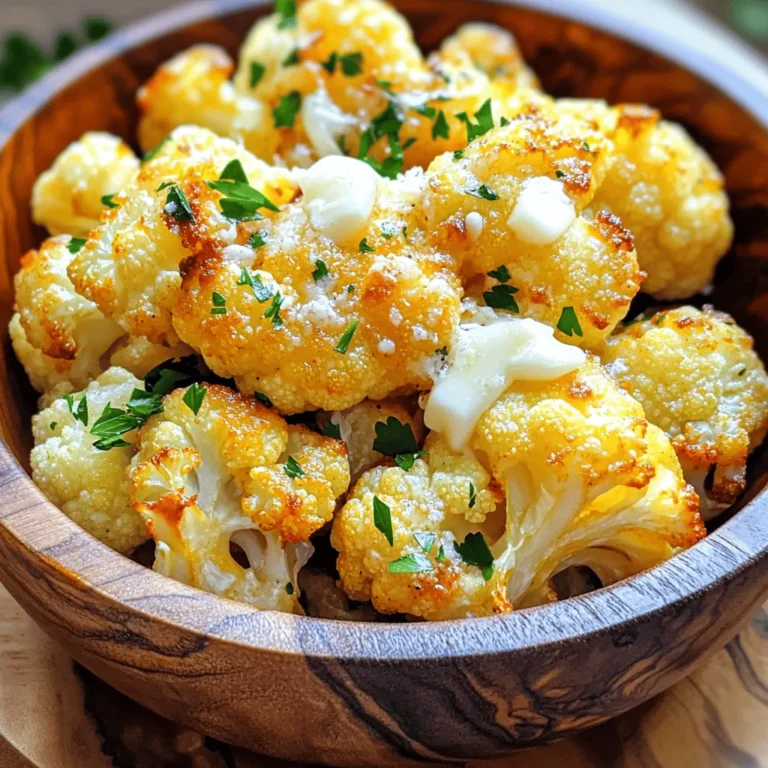 - Cauliflower florets - Unsalted butter - Minced garlic - Onion powder - Smoked paprika - Fresh parsley - Salt and pepper - Grated Parmesan cheese (optional) In this dish, we use fresh cauliflower florets. They are the star of the show. The unsalted butter adds richness. I love using four cloves of minced garlic for that bold flavor. Onion powder and smoked paprika bring warmth and depth. Fresh parsley adds a pop of color and taste. You can adjust salt and pepper to your liking. For a cheesy twist, add grated Parmesan cheese on top. - Calories per serving: Approximately 120 - Macronutrient breakdown: 8g fat, 6g carbs, 3g protein - Health benefits of cauliflower: Cauliflower is low in calories. It is high in fiber and vitamins. This veggie supports digestion. It also helps with weight loss. Garlic boosts the immune system. 1. Preheating the oven: Start by setting your oven to 425°F (220°C). This high heat helps the cauliflower get nice and crispy. 2. Melting the butter: Next, you need to melt 4 tablespoons of unsalted butter. You can do this in the microwave or on the stovetop. After melting, let it cool a bit. 1. Coating the cauliflower florets: In a big bowl, add your cauliflower florets. Pour the melted garlic butter mixture over them. Toss well until each floret is coated nicely with the butter, garlic, and spices. 2. Roasting the floret mixture: Spread the coated florets on a baking sheet lined with parchment paper. Make sure they are in a single layer. Roast them in the oven for about 20-25 minutes. Turn them halfway through cooking. Look for a golden brown color and a tender texture. 1. Adding parsley for garnish: Once the cauliflower is done, take it out of the oven. Sprinkle chopped fresh parsley over the hot florets. This adds a bright color and fresh flavor. 2. Serving suggestions with Parmesan: If you like, add grated Parmesan cheese on top while it is still hot. This gives an extra rich flavor to your dish. Follow these steps, and you'll have a tasty garlic butter cauliflower that is sure to impress! For the full recipe, check the details in the mentioned section. Choosing fresh cauliflower is key. Look for heads that are firm and heavy. The leaves should be green and crisp. Avoid any brown spots or soft areas. To cut cauliflower, start with the stem. Place the head stem-side down. Use a sharp knife to slice the stem away. Then, break apart the florets. You can use your hands or the knife for this. For added flavor, try spices like cumin or chili powder. Fresh herbs such as thyme or rosemary work well too. You can also add lemon zest for a citrus twist. If you want a dairy-free option, use olive oil or coconut oil instead of butter. They add depth and keep the dish rich. Serve garlic butter cauliflower in a rustic bowl for charm. Garnish with parsley and a sprinkle of Parmesan. This adds color and makes it eye-catching. For social media, arrange the florets in a circular pattern. This creates a stunning visual. You can also drizzle extra garlic butter on top for extra flair. You can find the Full Recipe to make this tasty dish! {{image_2}} For those who need gluten-free options, this dish is already safe. The main ingredients contain no gluten. You can enjoy it without worry. If you follow a vegan diet, swap the unsalted butter with vegan butter. Use olive oil or coconut oil as tasty alternatives. You can also skip the Parmesan cheese or choose a plant-based version. To change the taste of garlic butter cauliflower, try adding different herbs and spices. Thyme, rosemary, or basil can add unique flavors. You can also try chili powder for some heat. Incorporating cheese or cream sauces can elevate the dish. For a creamy twist, add a splash of heavy cream after roasting. You can mix in cheddar or feta cheese for extra richness. Pair your garlic butter cauliflower with proteins for a complete meal. It goes well with grilled chicken, fish, or steak. For a vegetarian option, serve it with lentils or chickpeas. You can also turn this dish into a main course. Add cooked quinoa or rice to the cauliflower. This makes it hearty and filling. For the full recipe, check out the details in the section above. Enjoy! Store any leftover garlic butter cauliflower in an airtight container. This keeps it fresh and tasty. The shelf life in the fridge is about 3 to 5 days. Make sure to check for any signs of spoilage before eating. If it smells off or looks funny, toss it out. To freeze garlic butter cauliflower, first let it cool completely. Place it in a freezer-safe bag or container. Squeeze out as much air as possible. It can last up to 3 months in the freezer. When you're ready to eat, thaw it in the fridge overnight. Reheat it in the oven at 350°F (175°C) until hot again. Get creative with leftover cauliflower. You can blend it into soups for a creamy texture. Mix it into frittatas or omelets for a hearty breakfast. You can also use it in stir-fries or salads. Each option adds new flavors and keeps meals interesting. Check out the Full Recipe for more ideas on how to enjoy this dish! How can I make garlic butter cauliflower spicy? To add heat, mix in red pepper flakes. You can also use hot sauce. Adjust the amount to your taste. Add small amounts, then taste as you go. Can I use frozen cauliflower for this recipe? Yes, frozen cauliflower works well. Just thaw it first and pat it dry. This helps avoid too much water when cooking. The flavor stays great, and it saves time. What can I substitute for garlic butter? You can use olive oil with minced garlic. This option is still tasty and vegan-friendly. You can also try ghee for a rich flavor. Is cauliflower high in carbs? No, cauliflower is low in carbs. One cup has about 5 grams of carbs. This makes it a great choice for low-carb diets. What are the health benefits of garlic? Garlic offers many health benefits. It may help lower blood pressure and cholesterol. Garlic also has anti-inflammatory and antioxidant properties. How can I tell when cauliflower is roasted properly? Look for a golden brown color. The cauliflower should be tender when pierced with a fork. This means it's ready to enjoy. Can this dish be made in a skillet instead of the oven? Yes, you can use a skillet. Heat the garlic butter and add cauliflower. Cook on medium heat until golden and tender, stirring often. This method is quick and effective. For the full recipe, check out the details above! This blog post covered garlic butter cauliflower, from ingredients to storage tips. You learned how to prepare and cook this flavorful dish. We explored variations like dietary modifications and creative uses for leftovers. Keep these tips in mind to make the best garlic butter cauliflower. Enjoy its health benefits and delicious taste. With practice, you'll master this dish, impressing family and friends. Simple steps lead to great results in your kitchen. Now it's time to cook and enjoy your flavorful creation!