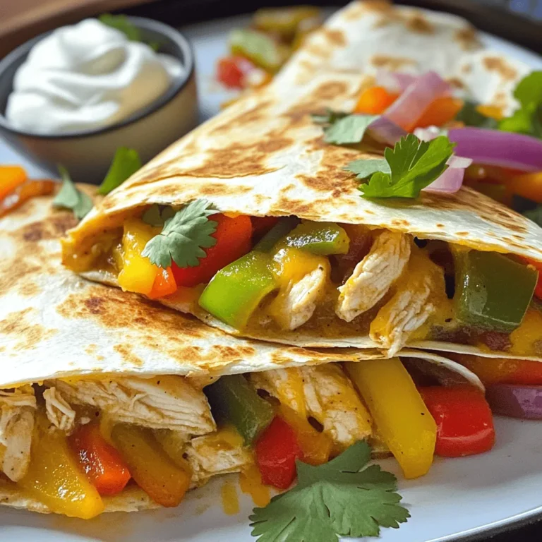 - 2 boneless, skinless chicken breasts, sliced - 1 bell pepper (any color), thinly sliced - 1/2 red onion, thinly sliced - 2 tablespoons olive oil - 1 teaspoon chili powder - 1 teaspoon cumin - 1/2 teaspoon garlic powder - 1/2 teaspoon paprika - Salt and pepper to taste - 4 large flour tortillas - 2 cups shredded cheese (cheddar or a Mexican blend) - Fresh cilantro, chopped (for garnish) - Sour cream and salsa (for serving) When you measure your ingredients, accuracy helps. Use a dry measuring cup for the cheese. For liquids like olive oil, a liquid measuring cup works best. This ensures every bite is packed with flavor. You can make this dish more exciting! Consider adding: - Jalapeños for heat - Avocado for creaminess - Lime juice for freshness - Corn for sweetness - Black beans for protein These extras can boost taste and nutrition. Feel free to get creative! You can find the Full Recipe to explore these options. To start, you need to marinate the chicken. In a bowl, mix sliced chicken, olive oil, chili powder, cumin, garlic powder, and paprika. Add salt and pepper to taste. Stir it well to coat all the chicken pieces. Cover the bowl and let it sit for 15 to 20 minutes. This helps the flavors soak in. Next, heat a large skillet over medium-high heat. Once hot, add the marinated chicken. Cook for 6 to 8 minutes or until it is fully cooked and browned. You want it to look nice and golden. When done, remove the chicken from the skillet and set it aside. In the same skillet, add sliced bell pepper and red onion. Sauté them for about 4 to 5 minutes. You want them to be tender and slightly caramelized. After that, return the cooked chicken to the skillet with the veggies. Mix everything for about a minute until it's warmed through. Now, it's time to assemble the quesadillas. Take a large tortilla and lay it flat. On one half, sprinkle half of the cheese. Next, add a portion of the chicken and vegetable mixture. Then, sprinkle more cheese on top. Fold the tortilla over, covering the filling. Repeat this for all remaining tortillas. Clean the skillet and put it back over medium heat. Place a folded quesadilla into the skillet. Cook for about 3 to 4 minutes on each side. You want the tortillas to turn golden brown and the cheese to melt. Gently press down with a spatula to help them cook evenly. Once cooked, remove the quesadillas from the skillet. Let them cool for a minute before slicing them into wedges. For a nice finish, garnish with chopped fresh cilantro. Serve with sour cream and salsa on the side. Enjoy your savory chicken fajita quesadillas! For the full recipe, refer to the previous section. For chicken fajita quesadillas, I prefer using large flour tortillas. They are soft and flexible, making them easy to fold. Corn tortillas can work too, but they may crack. Choose tortillas that are fresh and not too dry. You can warm them briefly in a pan to make them more pliable. Cook your chicken to a safe temperature of 165°F. Start by marinating the chicken for flavor. Use high heat to get a nice sear on the outside. This keeps the inside juicy. Always cut the chicken into thin slices before cooking. This helps it cook quickly and evenly. To stop cheese from leaking out, use a blend of cheeses. Shredded cheese sticks together better than slices. Make sure to add enough cheese but not too much. When you fold the quesadilla, press it gently. This will help keep the filling inside. Garnish your quesadillas with fresh cilantro for a pop of color and flavor. A dollop of sour cream adds creaminess. Serve with salsa for a zesty kick. You can also add sliced jalapeños for heat. These simple touches make your dish look and taste great. For the full recipe, check out the detailed instructions above. {{image_2}} If you want a veggie twist, try vegetarian chicken fajita quesadillas. Instead of chicken, use hearty vegetables like mushrooms, zucchini, and eggplant. These veggies soak up flavors well. You can still add bell peppers and onions for that classic taste. Use the same spices to keep it flavorful. This option is great for meatless meals. For a low-carb version, swap flour tortillas for cauliflower tortillas or lettuce wraps. Cauliflower tortillas are easy to make. Just blend cauliflower, cheese, and eggs. This keeps your dish light but still tasty. You can fill them with the same chicken and veggies. Enjoy the flavors without the carbs! Want to spice things up? Add jalapeños or hot sauce for extra heat. You can also stir in some chipotle peppers for a smoky flavor. If you love cheese, try pepper jack. It adds a nice kick. Top with fresh salsa or guacamole for added taste. These spicy options make your quesadillas even more exciting! For the full recipe, check out the Chicken Fajita Quesadillas section. To store leftover quesadillas, let them cool down first. Place them in an airtight container. You can stack them with parchment paper in between to keep them from sticking. Properly stored, they stay fresh for up to three days in the fridge. When reheating, I find the skillet method best. Heat a pan over medium heat. Place the quesadilla in the pan and cover it with a lid. This helps the cheese melt without burning the tortilla. Cook for about 2-3 minutes on each side. You can also use a microwave, but this might make them a bit soggy. You can freeze quesadillas for easy meals later. First, let them cool completely. Wrap each quesadilla tightly in plastic wrap, then place them in a freezer bag. They can last up to three months in the freezer. To reheat, just thaw them overnight in the fridge. Then, heat them in a skillet or oven until warm. For the full recipe, check out the Chicken Fajita Quesadillas section above. You can serve Chicken Fajita Quesadillas with a few tasty sides. Here are my favorites: - Mexican rice: This adds a nice base to your meal. - Refried beans: They add protein and creaminess. - Guacamole: A fresh, creamy dip that pairs well. - Corn salad: A bright, crunchy side that adds color. - Chips and salsa: A classic combo for some crunch. These sides enhance the flavors of the quesadillas and make your meal more fun. Yes, you can use various cheeses in Chicken Fajita Quesadillas. Here are some great options: - Monterey Jack: It melts well and has a mild flavor. - Pepper Jack: For a spicy kick, this is a winner. - Queso Blanco: This cheese adds a creamy texture. - Feta: Crumbled feta can give a unique twist. Feel free to mix and match to find what you enjoy most! Making Chicken Fajita Quesadillas in advance is simple. Follow these steps: 1. Cook the chicken and veggies: Prepare them as you normally would. 2. Cool the mixture: Let it cool before storing. 3. Assemble the quesadillas: Fill the tortillas with the mixture and cheese. 4. Wrap tightly: Use plastic wrap to keep them fresh. You can store them in the fridge for up to 24 hours. Just heat them up when you're ready to eat! Absolutely! Chicken Fajita Quesadillas are great for meal prep. They store well and taste good reheated. Here’s how you can prep them: - Make a big batch: Cook more chicken and veggies than needed. - Portion them out: Divide into servings for easy access. - Store in airtight containers: Keep them fresh in the fridge. This way, you can enjoy a quick and tasty meal all week long. For the full recipe, check the details above! In this post, we covered all you need for Chicken Fajita Quesadillas. You learned about the right ingredients, cooking steps, and helpful tips. We also looked at tasty variations and storage ideas. These quesadillas are fun to make and eat. They fit any meal or occasion. Keep experimenting and enjoy your cooking time. Your kitchen adventures can be endless with this recipe!