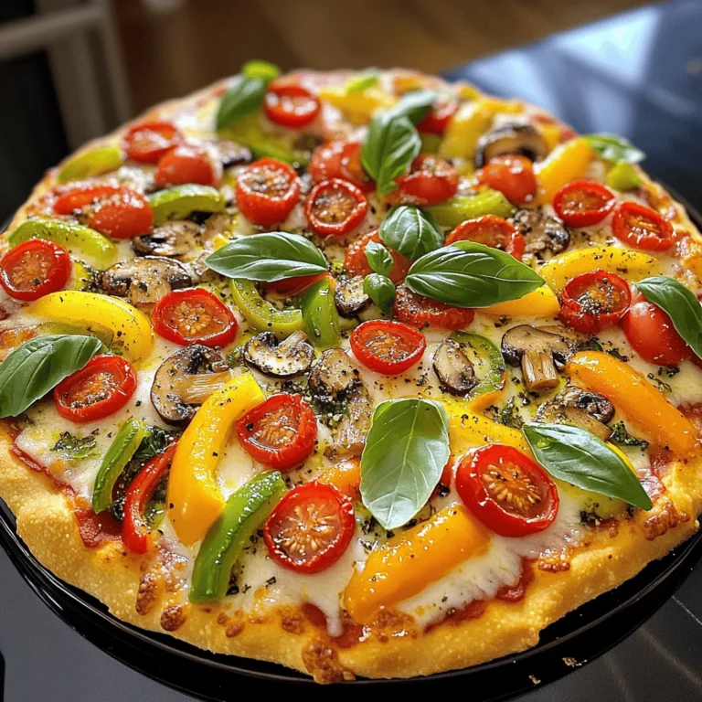 - 1 pre-made pizza crust - 1/2 cup pizza sauce - 1 cup shredded mozzarella cheese - 1/2 cup diced bell peppers - 1/2 cup halved cherry tomatoes - 1/2 cup sliced mushrooms - 1/4 cup sliced black olives - 1/4 cup thinly sliced red onion - 1 teaspoon dried oregano - 1 teaspoon garlic powder - Fresh basil leaves for garnish - Olive oil for drizzling What is the best type of pizza crust? You can choose between store-bought or homemade. Store-bought is quick and easy. Homemade gives you more control over flavor and texture. Both can taste great! What cheese options melt best? Mozzarella is the classic choice. It melts smoothly and stretches nicely. You can also try provolone or fontina for added flavor. Mix different cheeses for fun! Which seasonal vegetables should I use? Choose veggies that are fresh and in season. Spring brings asparagus and artichokes. Summer offers zucchini and peppers. Fall and winter bring hearty spinach and kale. Seasonal veggies add flavor and nutrition! 1. Preheat the oven and pizza stone: Start by setting your oven to 450°F (232°C). If you have a pizza stone, place it inside the oven now. This helps create a crispy crust. 2. Preparing the pizza sauce and crust: Grab your pre-made pizza crust. If you like, you can make your own sauce, but store-bought works great too. Spread 1/2 cup of pizza sauce evenly over the crust. Leave a small edge for the crust. 1. Layering the sauce and cheese: Once the sauce is on the crust, sprinkle 1 cup of shredded mozzarella cheese on top. Make sure to cover the sauce well. 2. Arranging vegetable toppings: Now it's time for the veggies! Add 1/2 cup of diced bell peppers, 1/2 cup of halved cherry tomatoes, 1/2 cup of sliced mushrooms, 1/4 cup of sliced black olives, and 1/4 cup of thinly sliced red onion. Spread them out evenly. 1. Optimal oven temperature and time: Carefully place the pizza in your preheated oven, or on the hot pizza stone. Bake for 10 to 12 minutes. 2. How to check for doneness: Look for a golden brown crust and bubbly cheese. When it looks good, it's ready! For the full recipe, check out the details above. Enjoy making your pizza! To get a crispier crust, I suggest a few key techniques: - Bake your pizza on a preheated pizza stone. - Roll the crust thin for more crunch. - Brush olive oil on the edges before baking. Common mistakes include using a soggy crust or overloading with toppings. Too many toppings can make your crust soft. Always leave a small edge for a nice crust. For the best flavor, add these spices and herbs: - Dried oregano for a classic taste. - Garlic powder for a savory kick. - Crushed red pepper for some heat. You can modify the olive oil drizzle. Try mixing it with garlic or herbs before drizzling. This change adds depth and richness to your pizza. When it comes to slicing and serving, cut your pizza into wedges. This shape makes it easy to grab and eat. Pair your pizza with fresh salad or crunchy veggie sticks. For drinks, a light soda or sparkling water works well. Enjoy your meal with friends or family for a fun experience! {{image_2}} For a tasty pizza, consider dairy-free cheese options like almond or cashew cheese. These cheeses melt well and add a creamy texture. You can also try different veggies, such as spinach, zucchini, or artichokes. Each adds a unique flavor and texture. Don't hesitate to mix and match your favorites! You can boost your pizza with plant-based proteins like chickpeas or tofu. Just sauté them lightly before adding them to the pizza. If you want meat, try pepperoni or grilled chicken. These options add a savory touch and make the pizza more filling. For a Mediterranean twist, add feta cheese, olives, and sun-dried tomatoes. These ingredients create a rich flavor profile. If you crave something Asian-inspired, top your pizza with teriyaki chicken, green onions, and sesame seeds. This adds an exciting flavor and a fresh crunch to your meal. Explore these variations for a fun pizza experience! You can find the Full Recipe for a basic version to get started. To keep your pizza fresh, let it cool first. Wrap it in plastic wrap or aluminum foil. You can also use an airtight container. For longer storage, freeze the pizza. Just slice it first for easy servings later. Use a freezer-safe bag or container. The best way to reheat pizza is in an oven. Preheat it to 375°F (190°C). Place the pizza on a baking sheet and heat for about 10 minutes. This keeps the crust crispy. You can also use a microwave. It’s quicker but may make the crust soft. If you use a microwave, heat for about 1-2 minutes. In the fridge, your pizza stays good for 3-4 days. If you freeze it, it lasts for up to 2 months. Always check for signs of spoilage. Look for mold or an off smell. If it looks or smells bad, toss it out. Enjoy your delicious Quick Veggie Pizza without worry! For the full recipe, check out the earlier section in this guide. To make quick pizza sauce, mix simple ingredients. Combine 1 can of crushed tomatoes with 1 teaspoon of dried oregano and 1 teaspoon of garlic powder. You can also add salt and pepper to taste. This easy sauce gives your pizza a fresh flavor. If you want more kick, try adding a pinch of chili flakes. You can use this sauce on your Quick Veggie Pizza or any pizza you make. Yes, you can use gluten-free crust! Many brands offer good options. Look for crusts made from almond flour or cauliflower. These are tasty and easy to find in stores. You can even make your own gluten-free crust using chickpea flour. Just follow a simple recipe online and bake it first before adding toppings. This way, you can enjoy your pizza without gluten. To lower calories in this Quick Veggie Pizza, use less cheese. You can cut the cheese in half or try a lighter cheese. Another tip is to load up on veggies. They are low in calories and high in nutrients. You can also skip the olive oil drizzle or use a light spray. Lastly, a thin crust helps cut calories too. Enjoy great taste while keeping it lighter! Making a quick veggie pizza is simple and fun. You learned about essential ingredients, steps, and helpful tips. I shared ways to perfect your crust and boost flavor. You can mix it up with creative variations too. Remember to store and reheat leftovers properly for the best taste. Enjoy your pizza adventures, and don’t be afraid to try new things! Each pizza you make can be unique and delicious. Get cooking!