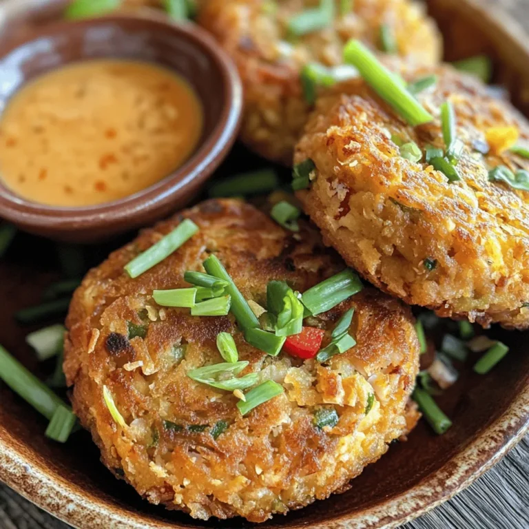 To make crispy tuna cakes, gather these simple ingredients: - 2 cans of tuna (5 oz each), drained - 1/2 cup breadcrumbs (Italian seasoned for extra flavor) - 1/4 cup mayonnaise - 1 large egg - 1/4 cup green onions, finely chopped - 1/4 cup red bell pepper, finely diced - 1 tablespoon Dijon mustard - 1 teaspoon garlic powder - 1 teaspoon onion powder - 1/2 teaspoon Old Bay seasoning - Salt and pepper to taste - Olive oil for frying These ingredients blend well to create a delicious and satisfying meal. The tuna gives a rich flavor, while the breadcrumbs add the perfect crunch. Each serving of crispy tuna cakes (about 2 cakes) has roughly: - Calories: 350 - Protein: 30g - Carbohydrates: 20g - Fat: 18g - Fiber: 1g These cakes are a great source of protein and can fit into a balanced diet. If you need to change some ingredients, here are a few great options: - Use canned salmon instead of tuna for a different taste. - Swap the mayonnaise with Greek yogurt for a lighter version. - Instead of breadcrumbs, try crushed crackers or panko for extra crispiness. - For a kick, use spicy mustard in place of Dijon. These substitutes can help you tailor the recipe to your taste or dietary needs. With the full recipe, you can create a meal that suits you perfectly! First, gather all your ingredients. You will need: - 2 cans of tuna (5 oz each), drained - 1/2 cup breadcrumbs (Italian seasoned for extra flavor) - 1/4 cup mayonnaise - 1 large egg - 1/4 cup green onions, finely chopped - 1/4 cup red bell pepper, finely diced - 1 tablespoon Dijon mustard - 1 teaspoon garlic powder - 1 teaspoon onion powder - 1/2 teaspoon Old Bay seasoning - Salt and pepper to taste - Olive oil for frying In a large bowl, combine the drained tuna, breadcrumbs, and mayonnaise. Add the egg and mix well. Next, fold in the chopped green onions, diced red bell pepper, Dijon mustard, garlic powder, onion powder, and Old Bay seasoning. Season with salt and pepper. You want a mixture that holds together but is not too wet. Now it's time to shape the cakes. Take the mixture and form small patties, about 2-3 inches wide. You should get around 8 cakes. Heat a skillet over medium heat and add a few tablespoons of olive oil. When the oil is hot, carefully place the tuna cakes in the skillet. Cook them for about 3-4 minutes on each side. You want them golden brown and crispy. Once done, remove the cakes and let them rest on a paper towel-lined plate. This helps drain any extra oil. Serve warm with your favorite dipping sauce or a fresh salad. To get that perfect crunch, ensure your skillet is hot before adding the cakes. This helps create a nice sear. Using Italian seasoned breadcrumbs adds extra flavor and a better texture. Don’t overcrowd the skillet; cook in batches if needed. If you want them even crispier, consider adding a touch of cornmeal to the mix. For a little extra flavor, you can also let the cakes chill in the fridge for 15-30 minutes before frying. This helps them hold their shape. Enjoy the crispy goodness of these tuna cakes! For the full recipe, check the [Full Recipe]. To boost the taste of your crispy tuna cakes, try adding fresh herbs. Chopped parsley or dill can add bright flavor. You can also use spices like cayenne for some heat. If you love zest, a bit of lemon juice works wonders. The acidity brightens every bite. Experiment with different types of mustard too. Whole grain or spicy brown can add a unique twist. One common mistake is over-mixing the tuna mixture. If you mix too much, the cakes can be tough. Aim for a gentle fold when combining ingredients. Also, don’t skip the resting time. Letting the formed cakes chill in the fridge helps them hold together. Finally, ensure your oil is hot enough before frying. If it’s not, the cakes can soak up too much oil and become greasy. Topping your crispy tuna cakes can make them even better. A simple squeeze of lemon adds a fresh pop. Tartar sauce is a classic choice that pairs well. If you want something spicy, try sriracha mayonnaise. You can also serve them with a crisp salad for a nice crunch. A dollop of avocado or guacamole can add creaminess too. These toppings can elevate your meal and impress your guests. For the full recipe, check out the crispy tuna cakes section. {{image_2}} You can make crispy tuna cakes gluten-free. Swap regular breadcrumbs for gluten-free ones. You can also use crushed rice crackers or almond flour. Both work well to hold the cakes together. The texture remains crunchy and delightful, just like the original. For a vegetarian twist, try using chickpeas instead of tuna. Mash one can of drained chickpeas. Mix in the same ingredients from the full recipe. You can also add grated zucchini or carrots for extra flavor and nutrition. These veggie cakes are still crispy and tasty. You can easily change the flavor of your tuna cakes. Add spices like cumin or smoked paprika for a new taste. Chopped herbs like parsley or cilantro also brighten the dish. For a kick, mix in some diced jalapeños. These twists make each batch feel unique and exciting. You can store leftover crispy tuna cakes in the fridge. Place them in an airtight container. They will stay fresh for about 3 days. Make sure to let them cool before sealing the container. This helps keep them crispy for your next meal. To freeze tuna cakes, first, let them cool completely. Then, wrap each cake in plastic wrap. Place the wrapped cakes in a freezer bag or container. They can last in the freezer for up to 2 months. When you're ready to eat, thaw them in the fridge overnight. Reheat tuna cakes in a skillet for the best texture. Heat a little olive oil over medium heat. Place the cakes in the skillet and cook for about 2-3 minutes on each side. This keeps them crispy. You can also use an oven. Preheat it to 350°F (175°C) and bake for about 10 minutes. This way, they warm up nicely without losing their crunch. For detailed steps, check out the Full Recipe. Crispy tuna cakes can last 3 to 4 days in the fridge. Store them in an airtight container. Make sure they are cool before sealing to keep moisture out. This way, they stay crispy when you reheat them. Yes, you can use fresh tuna. Just cook it first. Grill or sear the tuna until it's fully cooked. Let it cool, then flake it into pieces. This gives a great flavor and texture to your cakes. You can pair crispy tuna cakes with many side dishes. Here are some great options: - Simple green salad: Adds freshness and crunch. - Coleslaw: Offers a creamy contrast. - Steamed vegetables: Bright colors and nutrients. - Fries or sweet potato fries: A fun and crispy side. - Dipping sauces: Try tartar sauce or a spicy mayo. Mix and match to find your favorite combination! For the full recipe, check out the Crispy Tuna Cakes section. We covered key aspects of crispy tuna cakes. You learned about the ingredients, including substitutes and nutrition. I shared step-by-step instructions for making them crispy. We discussed tips for flavor and common mistakes to avoid. Variations offer options for dietary needs or unique tastes. I also provided storage tips and answered common questions. Now, you have the tools to create tasty tuna cakes. Enjoy experimenting with flavors and textures in your kitchen.