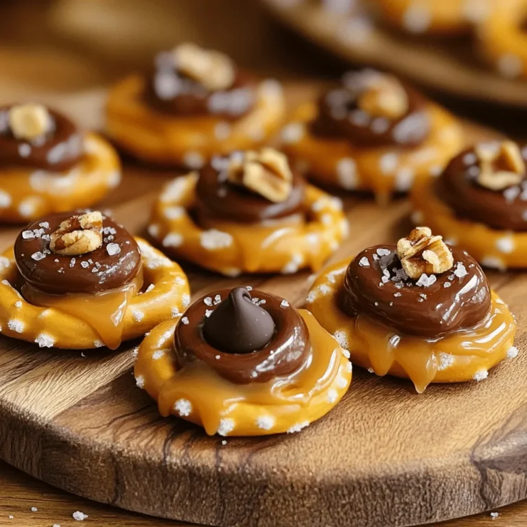 - 2 cups mini pretzels - 1 cup chocolate chips (milk or dark) - 1/2 cup soft caramel candies, unwrapped - Sea salt for topping - 1/4 cup crushed nuts (like pecans or almonds) - Baking sheet - Parchment paper - Oven The key to making these Chocolate Caramel Pretzel Bites is in the ingredients. The mini pretzels give a nice crunch. They create a perfect base for this sweet treat. The chocolate chips can be milk or dark, depending on your taste. I often prefer dark chocolate for its rich flavor. The soft caramel candies are the star of this recipe. They melt beautifully when baked, creating a gooey layer on top of the pretzel. If you want to elevate the flavor, consider adding sea salt on top after baking. It gives a nice contrast to the sweet caramel and chocolate. You can also add crushed nuts for extra crunch. Pecans work great, but feel free to use any nuts you love. Make sure you have a baking sheet and parchment paper ready. The parchment paper helps with easy cleanup. Prepping your oven ahead of time is key too. Set it to 350°F (175°C) before you start. For the full recipe, check the top of the article. You’ll find everything you need to create this delicious snack. Enjoy making these bites! - Preheat your oven to 350°F (175°C). - Line a baking sheet with parchment paper for easy cleanup. - Spread the mini pretzels evenly on the baking sheet in a single layer. - Place a caramel candy on top of each pretzel. - Bake in the preheated oven for about 5-7 minutes. - Remove from oven and press a chocolate chip onto each caramel-covered pretzel. - Let them cool and sprinkle with sea salt. Making these Chocolate Caramel Pretzel Bites is fast and fun. First, you prepare your baking sheet. Make sure to line it with parchment paper. This step ensures easy cleanup later. Next, you assemble the bites. Spread the mini pretzels on the sheet. Give them enough space so they do not touch. Then, place a caramel candy on each pretzel. This will melt slightly in the oven. Now, it’s time to bake. Keep an eye on them. You want the caramel soft but not melted. After 5-7 minutes, take them out of the oven. Press a chocolate chip down onto each caramel. The heat will help the chocolate stick. Finally, let the bites cool for a few minutes. This step is important for the flavors to blend. After cooling, sprinkle some sea salt on top. This adds a nice salty kick to your sweet treat. For the full recipe, check [Full Recipe]. Enjoy your snack! To make the best Chocolate Caramel Pretzel Bites, watch the baking time closely. Bake until the caramel is soft but not melted. This gives you that perfect gooey center. After baking, let the pretzels cool completely before serving. This helps the chocolate set and makes them easier to eat. These bites shine as party snacks or sweet desserts. You can serve them on a colorful platter for your guests. For extra flavor, pair them with a sweet dip, like chocolate sauce or caramel sauce. It adds a fun twist and makes them even more delicious. Want to switch things up? Use dark chocolate for a richer flavor. It pairs well with the sweet caramel. If you want a different taste, swap the pretzels for crackers. This change gives you a new texture and taste while still being yummy. You can find the full recipe for these tasty bites in the earlier section. {{image_2}} You can easily add nuts to your pretzel bites. This gives them a nice crunch. I love using pecans or almonds. Just crush them into small pieces. After the chocolate melts, sprinkle the nuts on top. This adds flavor and texture. It also makes each bite more exciting. Try new flavors for different seasons. For fall, add pumpkin spice to your bites. Mix a bit of pumpkin pie spice into the chocolate. For winter, use peppermint extract. Drizzle melted white chocolate over the bites and add crushed candy canes. These flavors keep your treats fresh and fun all year. You don’t have to stick to just one type of chocolate. White chocolate is a great choice if you want a sweeter taste. You can also find flavored chocolates, like raspberry or caramel. These will change the flavor of your bites and make them unique. Experiment with different types to find your favorite. For the full recipe, check back to the beginning! To keep your chocolate caramel pretzel bites fresh, store them in an airtight container. This keeps them crispy and tasty. A cool, dry place works best. Avoid direct sunlight to prevent melting. If you want to save some bites for later, freezing is a great option. First, layer them in a single row on a baking sheet. Freeze for about an hour until firm. Then, transfer them to an airtight freezer bag. This helps keep their flavor and texture intact. These bites can stay fresh for about one week at room temperature. If frozen, they can last up to three months. Just make sure to thaw them in the fridge before serving. Enjoy these treats at their best quality! To make Chocolate Caramel Pretzel Bites, follow these simple steps: 1. Preheat your oven to 350°F (175°C). 2. Line a baking sheet with parchment paper. 3. Spread mini pretzels on the sheet in a single layer. 4. Place a soft caramel candy on each pretzel. 5. Bake for about 5-7 minutes until the caramel is soft. 6. Remove the sheet and press a chocolate chip onto each caramel. 7. Cool for a few minutes and sprinkle with sea salt. This process creates a delightful balance of salty and sweet. Yes, you can use various types of chocolate for these bites. Milk chocolate is sweet and creamy. Dark chocolate adds a rich flavor. You can even use white chocolate for a different twist. Each option will change the taste but keep it delicious. Yes, you can make Chocolate Caramel Pretzel Bites gluten-free. Look for gluten-free pretzels at your store. Many brands offer tasty options that fit this need. Just check the label to ensure they meet your dietary needs. To prepare Chocolate Caramel Pretzel Bites ahead of time, follow these tips: - Assemble the bites and store them in an airtight container before baking. - You can also bake them and let them cool completely before storing. - Keep them in the fridge for up to a week or freeze for longer storage. This way, you can enjoy them anytime! For the full recipe, check back to ensure you have all the details. These Chocolate Caramel Pretzel Bites are easy and fun to make. We covered essential and optional ingredients, plus kitchen tools needed. You learned step-by-step how to bake them perfectly. Tips help ensure a great texture and taste. You can also try different flavors and store them for later. Enjoy these tasty treats at parties or just for fun. Get creative with flavors and share them with friends! Happy baking!