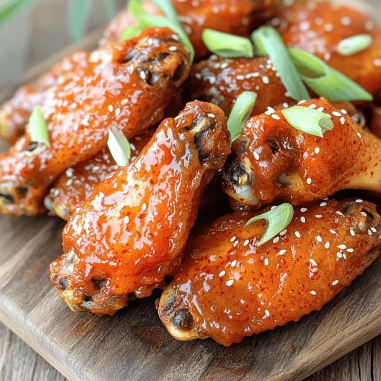 To make these spicy Korean chicken wings burst with flavor, you need key ingredients: - 2 lbs chicken wings - 1/4 cup gochujang (Korean chili paste) - 2 tablespoons soy sauce - 2 tablespoons honey - 1 tablespoon sesame oil - 2 cloves garlic, minced - 1 tablespoon ginger, grated - 1 teaspoon black pepper - 1 tablespoon rice vinegar - 1 tablespoon sesame seeds - 2 green onions, sliced These ingredients work together to create a sweet and spicy flavor. Gochujang brings heat, while honey adds sweetness. If you can't find gochujang, you can use sriracha or red pepper flakes. They won't taste the same, but they can add some heat. For honey, maple syrup works well too. If you're out of sesame oil, you can use olive oil, but it will change the flavor a bit. When buying chicken wings, look for wings that are pink and firm. Avoid any that appear gray or slimy. Fresh wings should also smell clean, not strong or sour. If you can, buy from a trusted butcher or market. Fresh wings make all the difference in your dish. For the full recipe, visit the [Full Recipe]. Gather your ingredients first. You need chicken wings, gochujang, soy sauce, honey, sesame oil, garlic, ginger, black pepper, rice vinegar, sesame seeds, and green onions. 1. Prep the Wings: Rinse the chicken wings in cold water. Dry them with paper towels. This step helps the wings get crispy. 2. Make the Marinade: In a big bowl, mix gochujang, soy sauce, honey, sesame oil, minced garlic, grated ginger, black pepper, and rice vinegar. Stir until it is smooth. 3. Marinate the Chicken: Toss the wings in the marinade until they are coated well. Cover the bowl with plastic wrap. Chill in the fridge for at least one hour. Overnight is better for flavor. 4. Preheat the Oven: Heat your oven to 400°F (200°C). Line a baking sheet with foil. Place a wire rack on top. This keeps the wings crispy while they cook. 5. Bake the Wings: Lay the wings in a single layer on the rack. Bake for 40-45 minutes. Flip them halfway through for even cooking. 6. Garnish and Serve: When done, take them out of the oven. Sprinkle sesame seeds and sliced green onions on top. Serve them hot for the best taste. For the full recipe, check the details above. Look for golden-brown wings. They should be crispy on the outside. Use a meat thermometer to check if they reach 165°F (75°C) for safe eating. Enjoy the spicy aroma as they bake! To get the best flavor, use fresh gochujang. This chili paste gives wings their signature kick. Mix it well with soy sauce, honey, and sesame oil for a tasty marinade. Don't skip the ginger and garlic; they add depth. Marinate your wings overnight for a stronger flavor. One common mistake is not drying the wings. Wet wings won’t become crispy. Another mistake is overcrowding the baking sheet. Give wings space so they cook evenly. Lastly, don’t rush the marinating process. Allowing time helps the flavors soak in. To make wings crispy, start by preheating your oven to 400°F (200°C). Use a wire rack over your baking sheet. This allows hot air to circulate around the wings. Bake them for 40-45 minutes, flipping halfway through. You’ll know they're done when they look golden brown. For extra crunch, broil for the last 2-3 minutes. Enjoy your crispy, spicy wings! {{image_2}} You can play with the marinade for your spicy Korean chicken wings. Here are some fun ideas: - Sweet and Spicy: Add more honey and a dash of chili flakes. - Garlic Lover’s: Increase the garlic to four cloves for a bold taste. - Citrus Twist: Mix in some orange juice or lime juice for a fresh zing. - Soy-Free Option: Use coconut aminos instead of soy sauce for a lighter option. Experimenting with these flavors can make each batch unique. You can cook your wings in different ways. Here are three popular methods: - Baking: This is my go-to method. It keeps the wings crispy and easy. Just set your oven to 400°F (200°C) and bake for 40-45 minutes. - Frying: For a crunchy exterior, deep-fry the wings in hot oil. Cook them for about 8-10 minutes until golden brown. - Grilling: If you love smoky flavors, grill your wings on medium heat. Cook them for about 15-20 minutes, turning often. Each method gives a different taste and texture, so try them all! Serve your spicy Korean chicken wings with tasty sides. Here are some great ideas: - Pickled Vegetables: The crunch and tanginess balance the heat well. - Rice: A bowl of white or fried rice helps soak up the sauce. - Dipping Sauces: Try a creamy garlic dip or a cool cucumber sauce. - Salad: A fresh green salad gives a nice crunch and lightens the meal. These sides not only complement the wings but also make your meal more exciting! For the full recipe, check the section above. After enjoying your spicy Korean chicken wings, you might have some left. To keep them fresh, let the wings cool down first. Place them in an airtight container. This keeps air out and helps them stay tasty. Store the container in your fridge. They will last about three days. If you want to eat them later, freezing is a great option. When you are ready to eat the leftover wings, reheating is key. The oven is your best friend here. Preheat your oven to 375°F (190°C). Place the wings on a baking sheet. Bake them for about 10-15 minutes. This helps them get crispy again. You can also use an air fryer for this. Set it to 360°F (182°C) and cook for about 8-10 minutes. Both methods keep the wings crunchy and delicious. If you want to save wings for a longer time, freezing works well. First, make sure the wings are fully cooled. Wrap them tightly in plastic wrap or foil. Then, place them in a freezer bag. Squeeze out as much air as possible before sealing. This helps prevent freezer burn. You can freeze them for up to three months. When you are ready to eat, thaw them in the fridge overnight before reheating. For best flavor, try to eat them sooner rather than later. Enjoy your wings! Gochujang is a thick, spicy Korean chili paste. It has a sweet and savory flavor. You can find gochujang in most Asian markets. It is also available in the international section of many grocery stores. Look for it in jars or tubes. If you can't find it locally, you can buy it online. Yes, you can use chicken drumsticks. Drumsticks will still taste great with the marinade. They may take longer to cook than wings. Adjust the cooking time to ensure they are fully cooked. Always check that the internal temperature reaches 165°F (75°C). Many great places serve spicy Korean chicken wings. Check local Korean BBQ spots or wings joints. You can often find them in cities with diverse food scenes. Some popular chains also offer a version of spicy wings. Look for places with good reviews online. They often share their twist on this classic dish. Spicy Korean chicken wings offer a tasty treat full of flavor and fun. We explored key ingredients, cooking methods, and tips for the perfect dish. Remember to choose fresh wings and be mindful of cooking techniques. With many variations and serving options, you can customize your wings to fit any occasion. Proper storage ensures you enjoy leftovers without losing taste. Dive into making your perfect batch, and enjoy the satisfaction of cooking this delightful dish. Your kitchen adventure awaits!