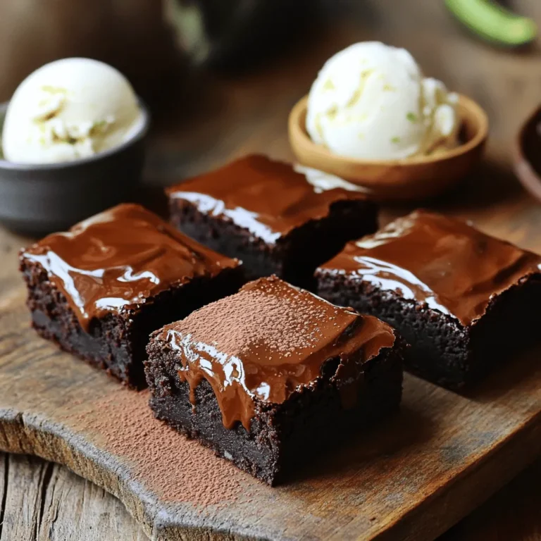 For these vegan zucchini brownies, you will need: - 1 medium zucchini, grated and excess moisture squeezed out - 1 cup all-purpose flour - 1/2 cup unsweetened cocoa powder - 1/2 teaspoon baking soda - 1/2 teaspoon baking powder - 1/4 teaspoon salt - 1/3 cup coconut oil, melted - 1/2 cup maple syrup - 1/4 cup almond milk (or any plant-based milk) - 1 teaspoon vanilla extract - 1/2 cup dark chocolate chips (dairy-free) - 1/2 cup chopped walnuts (optional) These ingredients create rich and moist brownies. The zucchini adds a nice texture while keeping the brownies tender. You can customize your brownies with some fun add-ins or swaps. Consider adding: - Chopped nuts like pecans or hazelnuts for crunch. - Dried fruit such as cranberries or cherries for sweetness. - A pinch of cinnamon or espresso powder for depth in flavor. - Swap coconut oil with another oil like vegetable or canola oil. Feel free to experiment! Each variation can bring a new twist to the classic recipe. Using fresh ingredients is key to making the best vegan zucchini brownies. Fresh zucchini keeps the brownies moist and flavorful. Quality cocoa powder enhances the chocolate taste. Always check the expiration dates on your baking soda and powder. Freshness ensures your brownies rise well and taste great. For the best results, I recommend using organic or locally sourced ingredients whenever possible. This not only improves flavor but also supports sustainable farming practices. Start by washing the zucchini. A medium zucchini works best for this recipe. Grate it using a box grater or food processor. After grating, place the zucchini in a clean kitchen towel. Squeeze the towel to remove excess moisture. This step is crucial. Too much water can make the brownies soggy. In a large bowl, mix the grated zucchini with melted coconut oil, maple syrup, almond milk, and vanilla extract. Stir until everything blends well. In another bowl, combine the flour, cocoa powder, baking soda, baking powder, and salt. Whisk them together to remove any lumps. Gradually add the dry mix to the wet mix. Stir gently until just combined. Be careful not to overmix, as this can make the brownies tough. Lastly, fold in the dark chocolate chips and walnuts if you choose to add them. This will give your brownies a lovely texture and rich flavor. Preheat your oven to 350°F (175°C). Line an 8-inch square baking pan with parchment paper, leaving some overhang. This helps with easy removal later. Pour the batter into the pan and spread it out evenly. Bake for 25-30 minutes. To check if they are done, insert a toothpick into the center. If it comes out mostly clean with a few moist crumbs, they are ready. Let the brownies cool in the pan for about 10 minutes. Then, lift them out using the parchment overhang and transfer them to a wire rack. Allow them to cool completely before cutting them into squares. Enjoy the rich, decadent flavor of your vegan zucchini brownies! For the full recipe, refer back to the ingredients listed above. To make your vegan zucchini brownies perfect, follow these tips. Use fresh zucchini; it adds moisture and flavor. Squeeze out extra water from the grated zucchini. This step helps keep your brownies from getting too wet. Measure your ingredients carefully. Too much flour can make the brownies dry. To check if your brownies are done, use a toothpick. Insert it into the center of the brownies. If it comes out mostly clean, they are ready. A few moist crumbs are fine. If batter sticks to the toothpick, bake for a few more minutes. These brownies shine when served warm. Cut them into squares and add a scoop of dairy-free ice cream. You can also sprinkle some cocoa powder on top for a nice finish. For a richer flavor, drizzle with melted dark chocolate. Enjoy these treats with friends and family for a fun dessert! For the complete recipe, see the Full Recipe. {{image_2}} You can mix things up with your brownies in fun ways. Try adding spices like cinnamon or nutmeg for warmth. You might also enjoy a hint of espresso powder to boost the chocolate flavor. For a fruity twist, add mashed bananas or pureed pumpkin. Swap in different nuts, like pecans or almonds, for crunch. You can even try using flavored extracts, like almond or orange, to change the taste. Each variation can bring a new life to your vegan zucchini brownies. To make these brownies gluten-free, simply replace the all-purpose flour with a gluten-free blend. Look for a mix that works well for baking. Ensure it has a good balance of starches and proteins. You may need to adjust the liquid slightly, as gluten-free flours can absorb moisture differently. This swap allows everyone to enjoy these brownies without worry. If you want a less sweet brownie, cut down on the maple syrup. Use only 1/3 cup instead of 1/2 cup. You can also try adding unsweetened applesauce to keep moisture while lowering sugar. This change keeps the brownies tasty and rich without the extra sweetness. Enjoy your healthier treat guilt-free! For the complete recipe and more tips, check out the Full Recipe. To keep your vegan zucchini brownies fresh, store them in an airtight container. Place a piece of parchment paper between layers if stacking. This helps avoid sogginess. Keep them at room temperature for up to three days. If you want them to last longer, refrigerate them. They stay good in the fridge for about a week. Freezing your brownies is a smart way to save them for later. First, cut the cooled brownies into squares. Wrap each piece tightly in plastic wrap. Then, place them in a freezer-safe bag or container. This keeps them fresh. You can freeze them for up to three months. Just remember to label the bag with the date. When you’re ready to enjoy your brownies, you can reheat them. For the best taste, try using an oven. Preheat it to 350°F (175°C). Place the brownies on a baking sheet and warm them for about 10 minutes. This makes them soft and gooey again. You can also microwave them for about 10-15 seconds if you're in a hurry. Enjoying these brownies warm makes them even more delicious! These brownies are vegan because they do not use any animal products. I replace eggs with grated zucchini, which adds moisture and binds the ingredients. Instead of dairy, I use almond milk and coconut oil. The sweetener is maple syrup, making it plant-based. This way, you get rich flavor without any animal ingredients. Yes, you can! If you want to switch it up, try using carrots or sweet potatoes. Both add natural sweetness and moisture, just like zucchini. Make sure to grate them finely and remove excess moisture, just like with zucchini. This keeps your brownies from getting too soggy. To boost the chocolatey flavor, add more cocoa powder or dark chocolate chips. You can also mix in some chocolate chunks for extra richness. If you want a hint of espresso, add a small amount of instant coffee. It deepens the chocolate flavor without tasting like coffee. For the full recipe, check out the details above. In this article, we explored how to make delicious vegan zucchini brownies. We covered key ingredients, step-by-step instructions, and useful tips. Fresh ingredients matter, while mixing wet and dry items correctly gives great texture. I also shared variations and storage advice, so you can enjoy them longer. Remember, you can customize these brownies to fit your taste. With these easy steps, you can bake great brownies that everyone will love! Enjoy the process and your tasty treats!