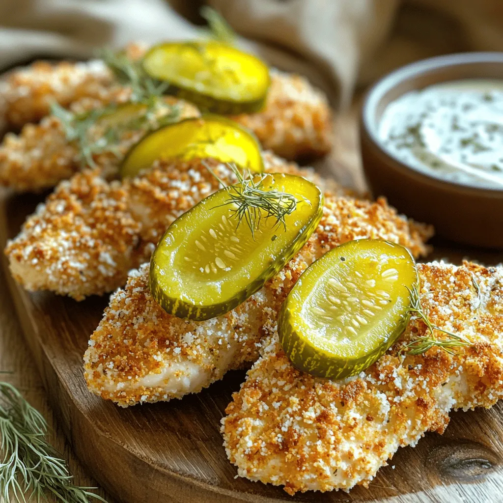 To make Pickle Ranch Chicken Tenders, you need a few simple ingredients that create a big flavor impact. Here’s what you will need: - 1 lb chicken tenders - 1 cup dill pickle juice - 1 cup buttermilk - 1 cup all-purpose flour - 1 cup breadcrumbs (preferably panko for extra crunch) - 1 teaspoon garlic powder - 1 teaspoon onion powder - 1 teaspoon smoked paprika - 1 teaspoon black pepper - 1 teaspoon salt - 1 tablespoon ranch seasoning mix - Vegetable oil for frying These ingredients come together to create the perfect crispy and tangy treat. The chicken tends to soak up the pickle juice, adding a zesty flavor that stands out. Buttermilk gives the tenders a creamy coating, making each bite moist and tender. The flour and breadcrumbs form a crunchy crust that you’ll love. Using panko breadcrumbs is key for that extra crunch. The spices, like smoked paprika and garlic powder, add depth. Don’t skip the ranch seasoning; it ties all the flavors together. If you want to learn how to make these tasty tenders, check out the Full Recipe. Marinating the chicken First, take your chicken tenders and place them in a large bowl. Add 1 cup of dill pickle juice. This step adds flavor and keeps the chicken moist. Cover the bowl and let it sit in the fridge for at least 1 hour. For more flavor, you can marinate overnight. Making the buttermilk mixture In another bowl, mix 1 cup of buttermilk with 1 tablespoon of ranch seasoning mix. Whisk until smooth. This mixture will help the coating stick to the chicken. Dredging in flour In a third bowl, mix 1 cup of all-purpose flour with 1 teaspoon each of garlic powder, onion powder, smoked paprika, black pepper, and salt. This is your dry coating. Dip each chicken tender into the flour mix. Shake off any extra flour before moving to the next step. Frying the chicken tenders Heat about 1 inch of vegetable oil in a large skillet over medium-high heat. Once the oil is hot, carefully add the chicken tenders. Make sure not to crowd the pan. Fry the tenders for about 4-5 minutes on each side until they turn golden brown. Checking for doneness To ensure the chicken is cooked through, check the internal temperature. It should reach 165°F. If it’s not done, continue cooking for a few more minutes. Plating the chicken tenders Once cooked, remove the chicken tenders from the skillet. Place them on a paper towel-lined plate to drain excess oil. For a fun presentation, serve the tenders on a rustic wooden platter. Recommended sides to serve Pair your chicken tenders with crispy fries or a fresh salad. You can also add pickle slices or a side of ranch dip for extra flavor. Enjoy this crispy and flavorful treat! For the complete recipe, check out the Full Recipe section. For the best taste, marinate the chicken for at least one hour. If you have time, marinating overnight brings even more flavor. The dill pickle juice adds a tang that pairs well with the ranch seasoning. To enhance the flavor, use spices like garlic powder, onion powder, and smoked paprika. These spices bring warmth and depth to each bite. The ranch seasoning mix adds a creamy, herby taste that blends perfectly with the chicken. Heat your oil to about 350°F. This is the ideal temperature for frying chicken tenders. If the oil is too cool, the chicken will absorb more oil and become greasy. To keep the tenders from being oily, fry them in small batches. This allows the chicken to cook evenly and stay crispy. After frying, place them on a paper towel-lined plate to drain any extra oil. Serve your chicken tenders on a rustic wooden platter. This adds a touch of charm to your meal. You can also arrange some pickle slices around the chicken for a pop of color. For garnishes, consider adding fresh herbs like parsley or cilantro. A small bowl of ranch dip on the side adds to the visual appeal and taste. For a complete meal, pair the tenders with crispy fries or a fresh salad. For the full details on preparing these tasty treats, check out the Full Recipe. {{image_2}} You can add a kick to your chicken tenders by using spicy seasonings. Try cayenne pepper or chili powder to bring on the heat. You can also use a spicy ranch dressing to mix in the buttermilk. For a bold marinade, mix dill pickle juice with hot sauce. This creates a zesty flavor that pairs well with the chicken. If you want a healthier option, bake the chicken tenders instead of frying them. Preheat your oven to 425°F. After dredging the chicken, place them on a baking sheet lined with parchment paper. Bake for about 20-25 minutes. Flip the tenders halfway through for even cooking. This method gives you crispy tenders without the extra oil. Dipping sauces can change the taste of your chicken tenders. Try honey mustard, buffalo sauce, or a tangy barbecue sauce. You can also pair them with unique condiments like sriracha mayo or garlic aioli. Each sauce adds a new layer of flavor, making your meal fun and exciting. For the full recipe, check out the details above. To keep your leftover Pickle Ranch Chicken Tenders fresh, store them in an airtight container. This helps keep them crispy. Place a paper towel in the container to absorb extra moisture. They will last for about 3 to 4 days in the fridge. If you want to save some tenders for later, freezing is a great option. First, let them cool completely. Then, place them in a single layer on a baking sheet. Freeze for about an hour. After that, transfer them to a freezer bag. Make sure to remove as much air as possible. They can stay frozen for up to 3 months. To reheat, thaw them overnight in the fridge before cooking. To keep your chicken tenders crispy, reheating in the oven works best. Preheat the oven to 400°F. Place the tenders on a baking sheet and heat for about 10-15 minutes. This will help restore their crunch. Using a microwave can make them soggy, so avoid that if possible. Enjoy your tasty treat just like when they were fresh! You should marinate chicken tenders in pickle juice for at least 1 hour. For better flavor, try marinating overnight. The longer they sit, the more they soak up the tangy taste. Pickle juice helps to tenderize the chicken too, making it juicy. Yes, you can use other chicken parts. Thighs and breasts work well too. Just adjust the cooking time. Keep in mind that different parts may vary in texture and flavor. Tenders are great for a quick cook, while thighs take a bit longer. You can serve Pickle Ranch Chicken Tenders with many sides. Crispy fries or a fresh salad pair nicely. Add some ranch dip for extra flavor. You could also serve them with coleslaw for crunch. Feel free to mix and match your favorites. While panko breadcrumbs give extra crunch, they are not a must. You can use regular breadcrumbs if that’s what you have. The key is to coat the chicken well, so it gets crispy while frying. Panko just adds a special texture. Check the internal temperature of the chicken tenders. They should reach 165°F to be safe to eat. You can also cut one open to check. The meat should be white and the juices clear. This way, you ensure they are perfectly cooked. You learned how to make tasty chicken tenders with dill pickle juice. Remember to marinate them well for great flavor. Use buttermilk and seasonings for crispy, juicy results. Experiment with variations like spicy or oven-baked options. Store leftovers correctly to keep them fresh. With simple tips, you can impress your family and friends. Now, it's time to enjoy your delicious creation!