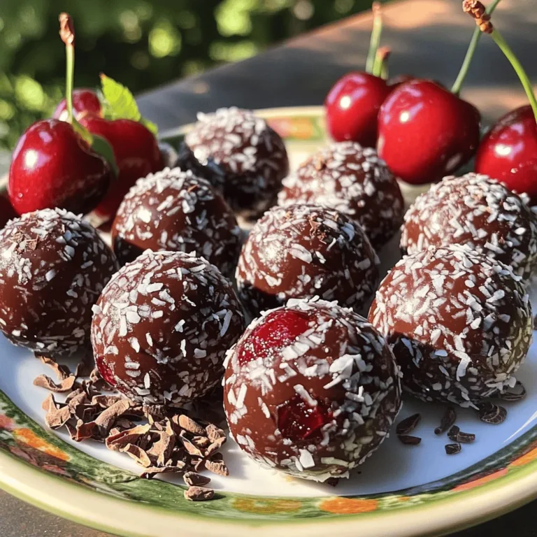 To make the perfect Cherry Chocolate Bliss Balls, you will need: - 1 cup pitted fresh or frozen cherries, thawed if frozen - 1 cup medjool dates, pitted - 1 cup rolled oats - ¼ cup unsweetened cocoa powder - 1 tablespoon almond butter (or any nut butter) - ½ teaspoon vanilla extract - A pinch of salt - ¼ cup shredded coconut (for coating) These ingredients come together to create a tasty treat that is both sweet and nutritious. If you have allergies or dietary needs, you can easily swap out some ingredients. Here are a few suggestions: - Nut Butter: If you're allergic to nuts, use sunflower seed butter or tahini. - Oats: For a gluten-free option, choose certified gluten-free oats. - Cocoa Powder: If you want a different flavor, try carob powder. - Sweeteners: You can replace medjool dates with maple syrup or agave nectar for a different sweetness. These swaps will keep the recipe safe while still tasting great. Cherry Chocolate Bliss Balls are not just a treat; they are also packed with nutrition. Here’s a quick look at their nutritional benefits: - Calories: About 120 per ball - Carbohydrates: 20g - Protein: 2g - Fat: 4g - Fiber: 3g This snack offers a balance of energy and nutrients, making it a smart choice for a quick pick-me-up. To make Cherry Chocolate Bliss Balls, start by gathering your ingredients. You need cherries, dates, oats, cocoa powder, nut butter, vanilla extract, salt, and shredded coconut. First, take your food processor and add the pitted cherries, pitted dates, rolled oats, cocoa powder, almond butter, vanilla extract, and a pinch of salt. Next, blend this mix until it turns into a sticky dough. You may need to scrape down the sides of the processor to ensure everything mixes well. If the dough feels dry, add a tablespoon of water and blend again. Once your dough is ready, place it in the fridge for about 20 minutes. This helps it firm up and makes it easier to shape. After chilling, scoop out tablespoon-sized portions. Roll them into balls with your hands. Finally, roll each ball in shredded coconut for a fun coating. Lay the bliss balls on a lined baking sheet and refrigerate them for another 30 minutes. This final chill helps them hold their shape. Using a food processor can save time and effort. Here are some tips to get the best results: - Cut ingredients into smaller pieces: This helps them blend smoothly. - Don’t overload the processor: Work in batches if you have a lot of ingredients. - Use the pulse function: This gives you more control over the blending process. It can help you avoid over-processing. The dough should feel sticky and hold together without crumbling. If it’s too dry, it won’t form into balls. You can fix this by adding a bit of water. Blend again and check the consistency. If it sticks to your fingers but doesn’t fall apart, you have it right! If it feels too wet, you can add a little more oats or cocoa powder to balance it out. To make rolling easier, chill the dough first. After mixing, put it in the fridge for 20 minutes. This step makes the dough firmer. Use a tablespoon to scoop out the dough. Roll it gently between your hands. If it sticks, wet your hands slightly. Keep the size uniform for even bites. Store your bliss balls in an airtight container. Place them in the fridge for best results. They can last up to one week this way. For longer storage, freeze them. Just put them in a freezer-safe bag. They stay good for up to three months. When you want to eat them, thaw them in the fridge overnight. Make your bliss balls shine with simple presentation tricks. Use a lovely plate to display them. Sprinkle extra shredded coconut around the balls. This adds a nice touch. You can also use cacao nibs for a crunchy contrast. For extra color, add fresh cherries on the side. This makes the dish pop and look fresh. Enjoy your beautiful treat! {{image_2}} You can easily change the flavor of your Cherry Chocolate Bliss Balls. Try adding spices like cinnamon or nutmeg for warmth. A few drops of almond or orange extract can also brighten the taste. These small changes can make your bliss balls unique and fun. Experiment with these flavors and see what you like best! Toppings can add great texture and flavor to your bliss balls. Roll them in crushed nuts like almonds or walnuts for a crunchy bite. Try using chia seeds or hemp seeds for extra nutrition. You can also sprinkle cacao nibs on top for a rich chocolate taste. Mix and match to create your perfect bliss ball! You can easily adjust the sweetness of your Cherry Chocolate Bliss Balls. If you like them sweeter, add more medjool dates. For a less sweet treat, use fewer dates or choose unsweetened cocoa powder. Taste the mixture as you go to find the right level for you. Making this recipe your own is part of the fun! To keep your Cherry Chocolate Bliss Balls fresh, store them in an airtight container. You can place them in the fridge for easy access. This helps maintain their texture and flavor. If you want to keep them longer, freezing is a great option. Cherry Chocolate Bliss Balls last about a week in the fridge. If you freeze them, they can last up to three months. To freeze, place the balls on a baking sheet first. Once frozen, move them to a freezer-safe container. This prevents them from sticking together. To thaw your frozen bliss balls, simply move them to the fridge. Let them sit for a few hours or overnight. This way, they thaw slowly and stay tasty. You can also thaw them at room temperature for about 30 minutes before eating. Enjoy your treat! Yes, you can use frozen cherries. Just thaw them before using. This helps blend them easily. The flavor stays delicious, just like fresh cherries. You can use dried figs or prunes instead of medjool dates. Both options offer natural sweetness and stickiness. If you want, try maple syrup or agave nectar for a liquid sweetener. Yes, these bliss balls are vegan. They contain no animal products. You use nut butter and plant-based ingredients. They are perfect for a vegan diet. To make them healthier, reduce the cocoa powder or nut butter. You can add more oats or seeds. Chia seeds or flaxseeds boost nutrition. You can also cut back on the sweetener. Absolutely! Doubling the recipe is easy. Just use twice the ingredients. Make sure your food processor can handle the extra mixture. Enjoy sharing more bliss balls! You learned how to make tasty Cherry Chocolate Bliss Balls. We covered all the ingredients, including fun substitutes. I shared clear steps for mixing and shaping. You also got tips on storage and serving. By trying this recipe, you can customize flavors. Experiment and find what you love. Making these bliss balls can be a fun treat for everyone. Enjoy creating your own delicious versions!