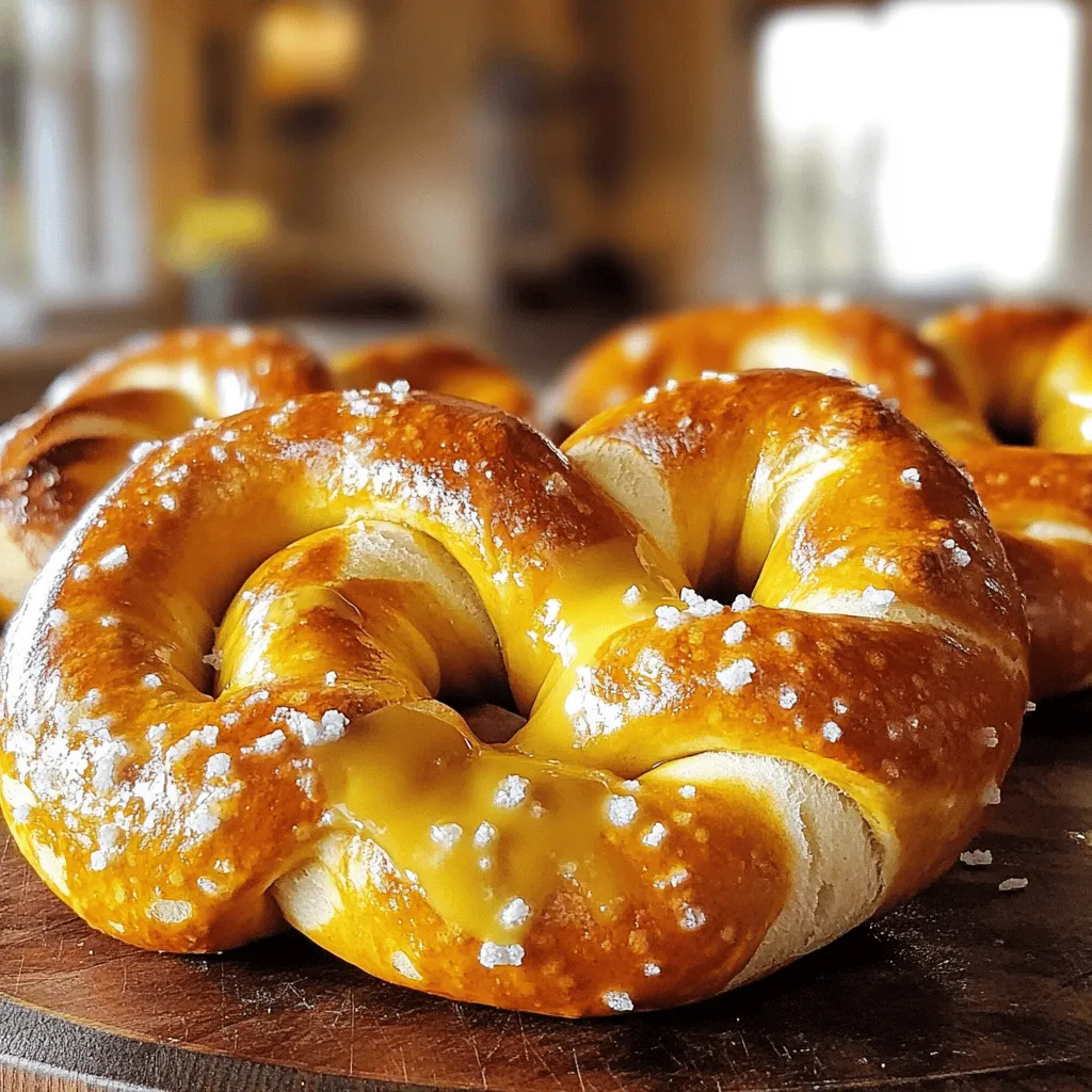 To make soft pretzels, you need some simple ingredients. Here’s what you will need: - 4 cups all-purpose flour - 1 packet (2 ¼ teaspoons) active dry yeast - 1 ½ cups warm water (110°F/43°C) - 1 tablespoon granulated sugar - 1 teaspoon salt - ⅓ cup baking soda - 1 large egg, beaten (for egg wash) - Coarse sea salt (for topping) These ingredients create a soft, chewy pretzel with a golden crust. The yeast helps the dough rise, making it fluffy. The sugar activates the yeast, while the salt adds flavor. You can make your pretzels even tastier with some fun toppings. Here are some options: - Melted butter (for brushing after baking) - Garlic powder - Sesame seeds - Cheese powder These toppings add a unique twist. Brush your pretzels with melted butter after baking for a rich taste. Try mixing different toppings for your own flavor blend. You don't need fancy tools to make soft pretzels. Here’s what you will need: - Large mixing bowl - Measuring cups and spoons - Stand mixer (optional) - Clean surface for kneading - Baking sheet - Parchment paper - Large pot for boiling Using the right tools helps make the process easier. A stand mixer can save time, but it’s not a must. Just make sure to knead well for the best texture. For the full recipe, check out the section above. Enjoy making your delicious homemade soft pretzels! To start, you need to wake up the yeast. In a mixing bowl, combine warm water, sugar, and yeast. Make sure the water is about 110°F. This warmth helps the yeast grow. Let it sit for about 5-10 minutes. You’ll notice bubbles forming. That means it's ready! Next, grab a large mixing bowl. Combine 4 cups of all-purpose flour and 1 teaspoon of salt. Make a well in the center. Pour in your bubbly yeast mixture. Mix it well until you see a rough dough form. I often use a wooden spoon for this part. Now it’s time to knead the dough. Sprinkle some flour on your surface. Place the dough on it. Knead for 5-7 minutes until it feels smooth and elastic. If you have a stand mixer, you can use the dough hook. Mix on low speed for about 5 minutes until it gets smooth. Once kneaded, place your dough in a greased bowl. Cover it with a damp cloth. Let it rise in a warm spot for about 1 hour. It should double in size. This step adds air to your pretzels. After rising, preheat your oven to 450°F. Line a baking sheet with parchment paper. Punch down the risen dough gently. Divide it into 8 equal pieces. Roll each piece into a long rope, about 24 inches. Shape each rope into a pretzel. It can be a fun twist to try! In a large pot, bring 10 cups of water to a boil. Carefully add ⅓ cup of baking soda. This helps give your pretzels that classic flavor. One by one, dip each pretzel into the boiling water for about 30 seconds. Remove them and place them on the baking sheet. Brush each pretzel with a beaten egg and sprinkle coarse sea salt on top. Bake for 12-15 minutes until golden brown. If you want, brush melted butter on top after baking for extra flavor. You now have delicious homemade soft pretzels! For more details, check the Full Recipe. To make soft pretzels that are chewy and tasty, focus on a few key steps: - Kneading: Knead your dough well for about 5-7 minutes. This builds gluten, giving pretzels their texture. - Boiling: Always boil your pretzels in the baking soda water. This step gives them their unique crust. - Baking: Bake your pretzels until they turn a rich golden color. This adds flavor and crunch. Avoid these common pitfalls when making pretzels: - Under-kneading: Not kneading enough can lead to dense pretzels. Always knead until smooth. - Incorrect water temp: If your water is too hot or cold, the yeast won't activate well. Aim for 110°F (43°C). - Skipping the boil: Don’t skip boiling your pretzels. It’s essential for that classic texture. Serve your pretzels warm for the best taste. Here are some great ideas: - Dips: Pair them with cheese sauce, mustard, or a spicy dip. - Toppings: Brush with melted butter and sprinkle with garlic powder or cheese powder after baking. - Snack board: Add them to a snack board with fresh fruits and cured meats for a fun treat. These tips will help you create perfect soft pretzels. For the full recipe, check out the detailed instructions above. {{image_2}} You can make soft pretzels fun by adding flavors. Try mixing in seasonings or herbs. Here are a few ideas: - Garlic Powder: Add a teaspoon to the dough for a savory twist. - Cheese Powder: Mix in two tablespoons for a cheesy flavor. - Cinnamon Sugar: Brush with melted butter and sprinkle sugar and cinnamon after baking. Experiment with toppings too. You can use everything bagel seasoning or even ranch powder. Don’t feel limited to just the classic pretzel shape. Here are some fun ideas: - Pretzel Bites: Roll smaller pieces of dough into bite-sized balls. - Sticks: Shape the dough into long, thin sticks for dipping. - Twists: Create a spiral shape for a unique look. You can also use cookie cutters for themed shapes, like hearts or stars. You can enjoy pretzels even if you have dietary needs. For gluten-free pretzels, use a gluten-free flour blend. Follow the same recipe steps but ensure your yeast is gluten-free. For a vegan version, skip the egg wash. Instead, brush with a mixture of almond milk and a bit of maple syrup. This gives a nice shine. Remember, both options may change the taste slightly, but they are still tasty! For the complete recipe, check out the Full Recipe above. To keep your soft pretzels fresh, place them in a paper bag. This method allows them to breathe and retains their softness. If you want to store them longer, wrap each pretzel in plastic wrap. Then, place them in an airtight container. This helps keep them moist and tasty. When you want to enjoy your leftover pretzels, reheating them correctly is key. Preheat your oven to 350°F (175°C). Place the pretzels on a baking sheet. Heat them for about 5-10 minutes. This method brings back their crispness. Avoid using a microwave, as it can make them chewy and tough. If you want to save pretzels for later, freezing works great. First, cool the baked pretzels completely. Then, wrap each one in plastic wrap tightly. Place them in a freezer bag. Make sure to remove as much air as possible. When ready to eat, thaw them in the fridge overnight. Reheat them in the oven for the best results. This method keeps their flavor and texture intact. For the full recipe, check the earlier sections of this article. You can make soft pretzels with simple ingredients. You need: - 4 cups all-purpose flour - 1 packet (2 ¼ teaspoons) active dry yeast - 1 ½ cups warm water (110°F/43°C) - 1 tablespoon granulated sugar - 1 teaspoon salt - ⅓ cup baking soda - 1 large egg, beaten (for egg wash) - Coarse sea salt (for topping) - Optional: melted butter (for brushing after baking) - Optional: toppings like garlic powder, sesame seeds, or cheese powder Start by activating the yeast. Mix warm water, sugar, and yeast. Let it sit until frothy. Then, mix the flour and salt in another bowl. Add the yeast mixture and mix to form a dough. Knead the dough, let it rise, shape it, and boil it before baking. To keep pretzels soft, store them in an airtight container. This keeps moisture in and prevents them from drying out. You can also wrap them in plastic wrap. If you want to enjoy them later, warm them briefly in the oven. This helps restore their soft texture. Homemade soft pretzels last about 2-3 days at room temperature. After that, they may become tough. If you want to keep them longer, freeze them. They can last up to 3 months in the freezer. Just wrap them tightly before freezing. Yes, you can use bread flour instead of all-purpose flour. Bread flour has more protein, which can give your pretzels a chewier texture. This can enhance the overall experience. Just remember, the dough may need a little extra water due to the higher protein content. Making homemade soft pretzels is easy and fun. You learned about key ingredients, tools, and steps to create soft pretzels. We talked about tips, common errors, and serving ideas. You also saw various flavors and storage methods, ensuring pretzels stay fresh. Whether you stick with the classic recipe or try new twists, enjoy the process. Trust your skills, and have fun in the kitchen. Your homemade pretzels can be a tasty treat for everyone.