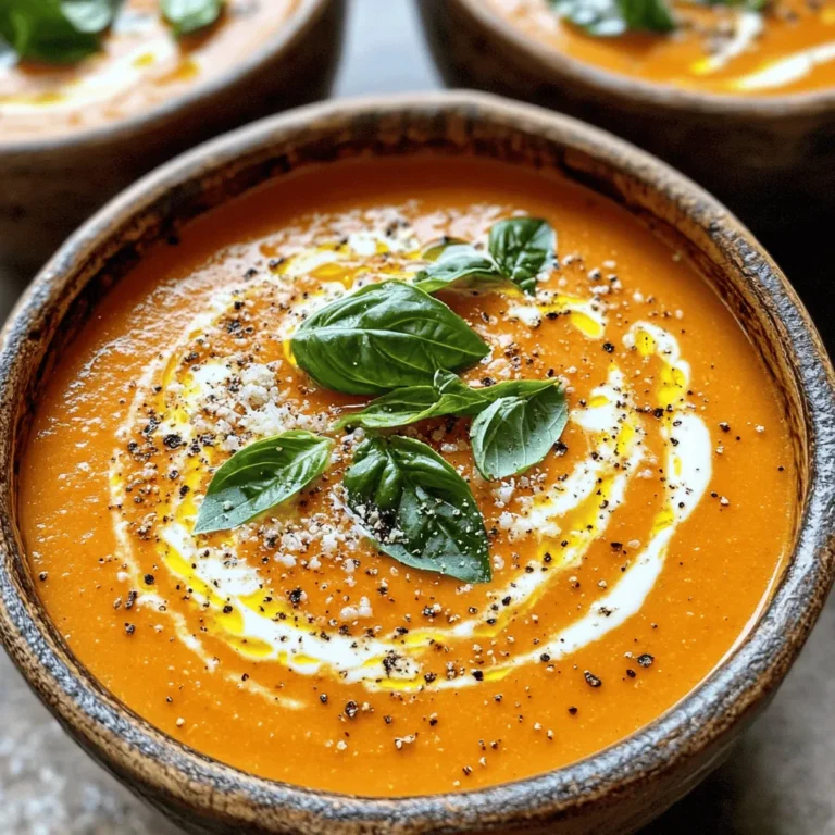 Making Instant Pot creamy tomato basil soup is quick and easy. This recipe gives you a rich, smooth soup bursting with flavor. It takes about 30 minutes from start to finish. You will serve 4 to 6 people with this dish. To make this tasty soup, you will need these key ingredients: - 2 tablespoons olive oil - 1 medium onion, chopped - 2 cloves garlic, minced - 1 can (28 oz) crushed tomatoes - 1 cup vegetable broth - 1 teaspoon dried oregano - 1 teaspoon sugar (optional) - Salt and pepper to taste - 1 cup heavy cream (or coconut cream) - 1/4 cup fresh basil leaves, chopped - Grated Parmesan cheese (for garnish) These ingredients come together to create a warm and comforting dish. The olive oil adds richness, while the onion and garlic bring depth. You can play around with some ingredients for fun. Here are a few ideas: - Use fresh tomatoes if you prefer. About 2 pounds will work well. - If you want a spicier soup, add a pinch of red pepper flakes. - Swap heavy cream for coconut cream for a dairy-free twist. - Add a splash of balsamic vinegar for a tangy flavor. These options let you customize the soup to your taste. Enjoy experimenting! If you want the full recipe, check out the recipe section. Start by turning on your Instant Pot to 'Sauté' mode. Add 2 tablespoons of olive oil and let it heat. Once the oil is hot, toss in 1 medium chopped onion. Sauté for about 3-4 minutes until the onion looks clear. This step builds a great base for our soup. Next, add 2 minced garlic cloves. Sauté for another minute until you smell that wonderful garlic aroma. Now, it’s time to add the main ingredients. Pour in 1 can of crushed tomatoes (28 oz) and 1 cup of vegetable broth. Stir in 1 teaspoon of dried oregano to give the soup flavor. If you like, add 1 teaspoon of sugar to cut the acidity of the tomatoes. Season with salt and pepper to taste. Close the lid and seal the vent. Cook on high pressure for 10 minutes. Once done, release the pressure by turning the valve to venting. Open the lid carefully. Use an immersion blender to make the soup smooth. If you don’t have one, pour the soup in batches into a regular blender. After blending, return the soup to the pot if needed. Stir in 1 cup of heavy cream (or coconut cream for a dairy-free option) and 1/4 cup of chopped fresh basil leaves. Set the Instant Pot to 'Sauté' again just for a couple of minutes to warm it through. Taste and adjust the seasoning if needed. Now, you’re ready to serve. Garnish with grated Parmesan cheese for a nice touch. You can find the Full Recipe for more details. To make your soup shine, focus on the base. Start with good olive oil. Use it to sauté your onions and garlic until they are soft. This step adds depth. You can also add a pinch of sugar to balance the acidity. This small tweak can change the whole taste. Both fresh and canned tomatoes work well in this recipe. Fresh tomatoes add a nice taste in summer. If you use fresh tomatoes, aim for ripe ones. For canned, look for quality brands. They are often sweeter and save time. Just remember to crush them well before adding. This soup has simple swaps for different diets. For a dairy-free option, replace heavy cream with coconut cream. It adds a rich flavor without dairy. If you're gluten-free, check your broth. Some brands add gluten. Always read labels to keep your dish safe and tasty. For the full recipe, visit the section above. {{image_2}} To make this soup dairy-free, swap out heavy cream for coconut cream. Coconut cream adds a rich texture and a hint of sweetness. You can also use almond milk or cashew cream for a lighter option. These alternatives keep the soup creamy without dairy. Want to boost flavor? Add sautéed mushrooms or roasted red peppers. These ingredients add depth and create a more complex taste. You can also fold in some cooked quinoa or lentils for added protein. A splash of balsamic vinegar brightens the soup's flavor too. If you like heat, add red pepper flakes or diced jalapeños. Start with a small amount, then taste as you go. This way, you can control the spice level. For a smoky flavor, try adding smoked paprika. Adjusting the spices can make this soup perfect for your taste. After you enjoy your Instant Pot creamy tomato basil soup, let it cool. Pour the soup into airtight containers. This helps keep it fresh. Store the soup in the fridge. It lasts up to 5 days. If you want to keep it longer, freezing is a great option. When you're ready to eat your soup again, simply take it out of the fridge. Pour the soup into a pot over medium heat. Stir it often so it heats evenly. You can also use the microwave. Heat it in a bowl for about 2-3 minutes. Stir halfway through to avoid hot spots. To freeze the soup, make sure it is completely cool. Use freezer-safe containers or bags. Leave some space at the top for expansion. Label the containers with the date. The soup can freeze well for up to 3 months. When you're ready to eat, thaw it overnight in the fridge. Reheat it as mentioned before. Enjoy your delicious soup anytime! For the full recipe, check the [Full Recipe]. Homemade tomato basil soup lasts about 4 to 5 days in the fridge. Store it in an airtight container to keep it fresh. If you want to save it longer, freeze the soup. It will stay good for up to 3 months in the freezer. Just remember to let it cool before you freeze it. Yes, you can use fresh tomatoes! You will need about 2 pounds of fresh tomatoes. Start by roasting or boiling them to remove the skins. After that, chop them and add them to the pot. Fresh tomatoes add a bright taste but may require a bit more cooking time. Adjust your liquid, so the soup doesn’t get too thick. Absolutely! Making this soup ahead of time is a great idea. You can cook it and store it in the fridge for later. Just reheat it on the stove or in the microwave. If you freeze it, let it thaw in the fridge overnight before reheating. This soup tastes even better the next day as the flavors blend. For the full recipe, check out the [Full Recipe]. In this blog post, we covered the full recipe and essential ingredients for tomato basil soup. You learned how to prepare aromatics, cook, and blend the soup. We shared tips for perfecting flavor and adjusting spice levels. Variations for dietary needs and storage tips were also included. Making this soup is simple, and you can get creative with ingredients. Enjoy your homemade soup, knowing it will taste great and suit your needs. Happy cooking!