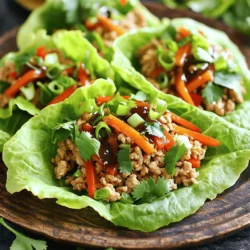 - 1 pound ground chicken - 1 tablespoon sesame oil - 2 cloves garlic, minced - 1 inch ginger, grated - 1 red bell pepper, diced - 1 cup carrots, julienned - 2 green onions, chopped - 1/4 cup soy sauce (low-sodium) - 1 tablespoon rice vinegar - 1 tablespoon hoisin sauce - 1 teaspoon chili garlic sauce (optional, for heat) - 1 head of Butter lettuce (or Romaine), leaves separated These ingredients create a simple yet tasty dish. Ground chicken gives protein and flavor. Sesame oil adds a nutty taste. Garlic and ginger bring warmth and depth. The veggies add crunch. Red bell pepper gives sweetness, while carrots offer a fresh bite. Green onions add bright flavor. The sauce mix of soy sauce, rice vinegar, hoisin sauce, and chili garlic sauce brings it all together. When choosing lettuce, I prefer Butter lettuce. Its soft leaves hold the filling well. Romaine is a great choice too. Both options make a fun wrap. For the full recipe, check out the details above. Enjoy making these easy chicken lettuce wraps! - Gather and prep all ingredients - Separate lettuce leaves First, gather all your ingredients. You will need ground chicken, sesame oil, garlic, ginger, red bell pepper, carrots, green onions, soy sauce, rice vinegar, hoisin sauce, and optional chili garlic sauce. This will make cooking much smoother. Next, separate the leaves of the butter lettuce. Choose the largest leaves for easy wrapping. Rinse them gently under cold water and pat them dry with a clean towel. Set these aside for later. - Heat oil and sauté garlic and ginger - Cook ground chicken until browned Now, heat the sesame oil in a large skillet over medium heat. Once hot, add the minced garlic and grated ginger. Sauté them for about 30 seconds. You want these to become fragrant, not browned. Then, add the ground chicken to the skillet. Cook it until it turns brown and no longer pink. This should take around 5 to 7 minutes. Make sure to break up the chicken as it cooks for even browning. - Mix in vegetables and sauce - Spoon into lettuce leaves and garnish After the chicken is cooked, stir in the diced red bell pepper and julienned carrots. Cook for another 3 to 4 minutes until the vegetables soften. In a small bowl, mix the soy sauce, rice vinegar, hoisin sauce, and optional chili garlic sauce. Pour this sauce over the chicken and vegetable mix. Stir until everything is well-coated. Remove the skillet from heat and fold in the chopped green onions. To serve, spoon the chicken mixture into your prepared lettuce leaves. Top each wrap with chopped cilantro for a fresh finish. For the full recipe, check the details above. Enjoy your Easy Chicken Lettuce Wraps! To get started, let's prep garlic and ginger right. For garlic, you should peel the cloves first. Then, chop them finely. This way, they blend well in the dish. For ginger, peel it using a spoon. Then, grate it with a box grater or microplane. This makes it easier to mix into the chicken. When it comes to diced vegetables, size matters! Aim for small, even pieces. For the red bell pepper, cut it into tiny cubes. The carrots should be julienned for a nice crunch. The green onions can be chopped thinly. Uniform sizes help everything cook evenly. Now, let's talk about cooking chicken. Start by heating your skillet to medium. Add sesame oil and wait until it shimmers. Then, add the ground chicken. Stir it often to brown nicely. This will give it great flavor. Don’t rush this step, as browning adds depth. For the vegetables, keep them crunchy! After adding the bell pepper and carrots, stir for just a few minutes. You want them to soften slightly but still have a bite. This contrast in texture makes the wraps exciting to eat. When it comes to serving, you can add rice or noodles on the side. This turns your wraps into a meal. If you want a lighter dish, keep it just as wraps. To make your meal more colorful, garnish with chopped cilantro. You can also drizzle some extra hoisin sauce on top for flair. This adds a nice touch and makes the dish pop! For the full recipe, check out the detailed instructions here. {{image_2}} You can easily adapt this recipe to fit your needs. For a gluten-free option, use tamari instead of soy sauce. This small swap keeps the flavor while making it safe for those avoiding gluten. If you want a low-carb dish, try using ground turkey instead of chicken. Turkey has a similar taste and works well in this wrap. Feel free to mix things up with different proteins. Ground turkey or even tofu can be great alternatives. They absorb flavors nicely. You can also play with spices and sauces. Add more chili garlic sauce for heat or try a splash of sriracha for a kick. This flexibility lets you create a dish that fits your taste. While Butter lettuce works great, you can use other greens. Romaine, for instance, adds a nice crunch. You can also experiment with collard greens or even cabbage for a unique twist. These options not only change the flavor but also add different textures to your wraps. Enjoy being creative with your wraps! For a full recipe, check out [Full Recipe]. After you make your Easy Chicken Lettuce Wraps, store the chicken mixture in an airtight container. This keeps it fresh and safe. Let it cool before sealing to avoid moisture buildup. For the lettuce, keep the leaves in a separate container. Wrap them in a damp paper towel to retain some moisture, then place them in a sealed bag. When it's time to enjoy your leftovers, use the stove or microwave. For the stove, heat on low until warm. This keeps the chicken juicy. If using the microwave, heat in short bursts to prevent drying out. To keep the lettuce crisp, don’t reheat it. Serve fresh leaves with the warm chicken mixture. These wraps can last in the fridge for about three days. After that, they may lose flavor or texture. Signs that your wraps have gone bad include a sour smell or discoloration. If you notice these changes, it’s best to toss them out. Enjoy your wraps fresh for the best taste! You can prep the chicken filling a day before. Cook the chicken and veggies. Store them in an airtight container in the fridge. When you are ready to eat, just spoon the filling into the lettuce leaves. This keeps the wraps fresh and crunchy. Yes, you can freeze the chicken filling. Let it cool completely before placing it in a freezer-safe bag. Remove as much air as possible. The filling can last for up to three months in the freezer. When you’re ready to use it, thaw it in the fridge overnight. These wraps pair well with many sides. Consider serving them with steamed rice or quinoa for a heartier meal. You can also add a side of fresh fruit, like mango or pineapple, to balance the flavors. The heat level depends on your taste. The chili garlic sauce adds a nice kick. If you prefer less heat, you can leave it out. You could also add more ingredients like honey or extra veggies to tone it down. Adjusting the heat makes it fun and personal! Easy Chicken Lettuce Wraps are simple and fun. You learned about key ingredients, like ground chicken and lettuce options. I shared easy steps for cooking and assembly. Keeping veggies crunchy adds great taste. For variations, consider dietary needs or different proteins. Always store leftovers well to enjoy later. These wraps can be a meal or a snack. Making them your own is part of the fun. Dive into this tasty dish and enjoy!