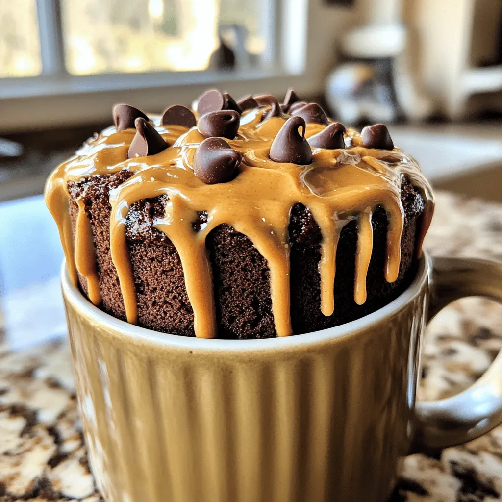 To make a delicious Chocolate Peanut Butter Mug Cake, you will need: - 4 tablespoons all-purpose flour - 2 tablespoons unsweetened cocoa powder - 3 tablespoons sugar (or sweetener of choice) - 1/8 teaspoon baking powder - 1/8 teaspoon salt - 3 tablespoons milk (dairy or non-dairy) - 1 tablespoon vegetable oil (or melted coconut oil) - 1 tablespoon peanut butter (creamy or crunchy) - 1 teaspoon vanilla extract - Optional: Chocolate chips for extra richness For dietary needs, you can swap regular flour for gluten-free flour. You can also use a sugar substitute if you want to reduce sugar. You can make this mug cake even better with some fun toppings: - Chocolate chips for a richer cake - A scoop of ice cream for a creamy treat - A dollop of peanut butter on top You can also add nuts for crunch or sea salt for a sweet-salty blend. Don't be afraid to mix in your favorite flavors! For the full recipe, refer to the details above. Using a microwave-safe mug is key. It keeps you safe and helps the cake cook well. Choose a mug that holds at least 12 ounces. This gives your cake room to rise. First, gather your dry ingredients. In your mug, mix: - 4 tablespoons all-purpose flour - 2 tablespoons unsweetened cocoa powder - 3 tablespoons sugar - 1/8 teaspoon baking powder - 1/8 teaspoon salt Whisk these until they blend. Next, add your wet ingredients. Pour in: - 3 tablespoons milk - 1 tablespoon vegetable oil - 1 tablespoon peanut butter - 1 teaspoon vanilla extract Stir this mix until it is smooth. Make sure there are no lumps. If you want, you can fold in some chocolate chips for a richer taste. Now it's time to cook your mug cake! Place the mug in the microwave. Cook it on high for about 40 to 60 seconds. Start checking at 40 seconds. This helps you avoid overflow. The cake should look set but still moist in the middle. If it is too wet, give it a few more seconds. When done, let it cool for one to two minutes. This helps the cake firm up. Enjoy your treat! You can top it with more peanut butter or a scoop of ice cream for extra fun. For the full recipe, check out the detailed instructions above. To achieve a moist mug cake, follow these steps: - Measure accurately. Use the right amounts of each ingredient for the best results. - Mix gently. Stir just until combined. Over-mixing can lead to a tough cake. - Microwave in short bursts. Start with 40 seconds. Check for doneness to avoid dry spots. Common mistakes to avoid during cooking include: - Using a non-microwave safe mug. This can cause cracks or breaks in your mug. - Ignoring the time. Microwaves vary in power. Stay close to avoid burning. - Using cold ingredients. Room temperature ingredients mix better and help with texture. For creative serving ideas, try these toppings: - A dollop of peanut butter. This adds creaminess and enhances flavor. - A scoop of ice cream. The cold ice cream contrasts the warm cake perfectly. - Chopped nuts. They add a nice crunch and extra flavor. Pairing suggestions include: - A glass of milk. It complements the chocolate and peanut butter flavors well. - A cup of coffee. The bitterness of coffee balances the sweetness of the cake. For the full recipe, check out the details above. Enjoy your delicious creation! {{image_2}} If you want a gluten-free mug cake, swap all-purpose flour for almond flour or oat flour. Both options work well. They keep the cake moist and tasty. You can find these flours at most grocery stores or online. For a healthier treat, try using sugar substitutes. Options like stevia, erythritol, or coconut sugar can lower the calories. These sweeteners blend well with the cake. Just remember to adjust the amount based on the type you use. Each sweetener has its own sweetness level. You can also have fun with flavors. Instead of peanut butter, try almond butter or cashew butter. Each nut butter brings a unique taste. This change can give your mug cake a whole new twist. Want to make it even more interesting? Add spices or extracts. A pinch of cinnamon or a drop of almond extract can enhance the flavor. You can also mix in some cocoa nibs or crushed nuts for extra texture. Don't be afraid to experiment. Each variation can lead to a new favorite treat. For the full recipe, check the detailed instructions above. To keep your Chocolate Peanut Butter Mug Cake fresh, store it in an airtight container. This prevents the cake from drying out. You can keep it at room temperature for up to two days. If you want to keep it longer, put it in the fridge. When you are ready to eat, reheat it in the microwave. Heat it for about 10-15 seconds until warm. This way, you keep the moist texture. Yes, you can freeze a mug cake! Wrap it tightly in plastic wrap or foil. Then, place it in a freezer-safe bag. This helps prevent freezer burn. You can freeze it for up to three months. To thaw and reheat, take it out of the freezer and let it sit at room temperature for 30 minutes. If you want it warm, microwave it for 20-30 seconds. Just make sure it’s not too hot. Enjoy your tasty treat later with little effort! For the full recipe, check the section above. You can still enjoy a mug cake without a microwave. Use your oven or stovetop instead. Oven Method: 1. Preheat your oven to 350°F (175°C). 2. Prepare the batter as usual in an oven-safe mug. 3. Place the mug on a baking sheet. 4. Bake for about 20 minutes. Check for doneness with a toothpick. Stovetop Method: 1. Use a small pot with a lid. 2. Fill the pot with a little water. 3. Place a heat-safe bowl or mug inside. 4. Cover with the lid and cook on low heat for 10-15 minutes. Both methods work well. Just keep an eye on the time! Yes, you can double the recipe. Use a larger mug or bowl for the batter. Adjustments: - For two servings, use: - 8 tablespoons all-purpose flour - 4 tablespoons cocoa powder - 6 tablespoons sugar - 1/4 teaspoon baking powder - 1/4 teaspoon salt - 6 tablespoons milk - 2 tablespoons vegetable oil - 2 tablespoons peanut butter - 2 teaspoons vanilla extract Cooking Time: Increase the cooking time. Check around 90 seconds. The cake should be set but moist. If your mug cake isn’t cooking evenly, a few factors might cause this issue. Common Problems: - Mug Size: Make sure your mug is microwave-safe and not too big. - Power Level: Different microwaves heat differently. Adjust the time and power level if needed. - Mixing: Ensure you mix the batter well. Lumps can cause uneven cooking. Troubleshooting Tips: - If the edges cook too fast, place the mug in the center of the microwave. - Check for doneness often, and adjust the time as necessary. Following these steps can help you achieve a perfect mug cake every time! In this post, we explored how to make a tasty Chocolate Peanut Butter Mug Cake. You learned about the key ingredients and how to customize them based on your diet. I shared cooking tips for the best texture and fun ways to serve your cake. Plus, we covered variations for flavor and storage. Enjoy this quick treat any time you need a sweet fix. Let your taste buds take the lead!