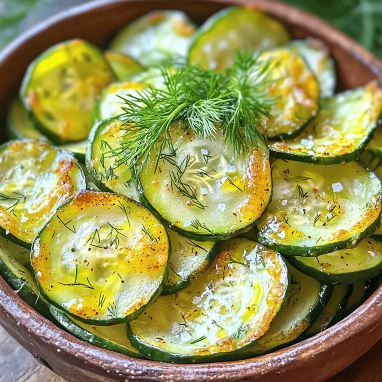 - 2 large cucumbers - 1 tablespoon olive oil - 1 teaspoon sea salt - 1/2 teaspoon garlic powder - 1/2 teaspoon onion powder - 1/4 teaspoon smoked paprika - Fresh herbs (like dill or parsley) for garnish Cucumbers are low in calories and high in water. They help keep you hydrated. They also provide vitamins and minerals, like vitamin K. Eating cucumbers can support your skin health too. Olive oil is a great source of healthy fats. It can help reduce heart disease risk. Spices like garlic powder and onion powder add flavor. They also have health benefits, such as anti-inflammatory properties. Smoked paprika gives a nice touch and adds antioxidants. Overall, using these ingredients makes baked cucumber chips a healthy snack option. It's easy to enjoy something tasty and good for you. For the full recipe, check out the details above and get cooking! First, wash your cucumbers well. Rinse them under cold water to remove dirt. Then, slice the cucumbers into thin rounds. Aim for about 1/8 inch thick. You can use a knife or a mandolin for even slices. A mandolin gives you the best results, but a sharp knife works too. Next, it's time to add flavor. Place the cucumber slices in a bowl. Drizzle them with olive oil. Toss them gently to coat each slice. This helps the spices stick. In another bowl, mix sea salt, garlic powder, onion powder, and smoked paprika. Sprinkle this mix over the cucumber slices. Toss again to ensure they are evenly coated with flavor. Now, preheat your oven to 225°F (110°C). Line a baking sheet with parchment paper. Arrange the cucumber slices in a single layer on the sheet. Don’t let them overlap. Bake them for about 2 to 3 hours. Flip the slices halfway through to help them cook evenly. Check them during the last 30 minutes to avoid burning. They should be crisp and golden brown when done. For the best crunch, slice your cucumbers about 1/8 inch thick. This thickness allows them to cook evenly and become crisp. If they are too thick, they may remain soggy. When baking, place your tray in the center of the oven. This position ensures that heat surrounds the chips evenly for that perfect crunch. Before baking, dry your cucumber slices well. Use paper towels to pat them dry. Removing moisture is key to achieving that crispy texture. You can also sprinkle a bit of extra sea salt on the slices before baking. This helps draw out more moisture and enhances crunchiness. Flip the slices halfway through baking to ensure even cooking. {{image_2}} You can easily change the taste of your baked cucumber chips. Here are some fun ideas: - Alternative Spices: Try using chili powder for heat. You can also use cumin for a smoky flavor. - Fresh Herbs: Instead of just dill, add basil or cilantro. These add a fresh twist to your chips. Mixing different seasonings can bring out new flavors. Use your favorite spices to create a unique snack. Don't be afraid to experiment! Baked cucumber chips are versatile and fun to serve. Here are some great ideas: - Dips: Serve these chips with hummus, guacamole, or tzatziki. These dips add creaminess and flavor. - As a Meal: Toss chips into salads for crunch. You can also use them in sandwiches for extra texture. Feel free to get creative! These chips can fit into many meals and snacks. Enjoy them however you like! To keep your cucumber chips crisp, store them in an airtight container. Avoid exposing them to air. The best place is a cool, dry area. You can also use a zip-top bag. Just make sure to squeeze out as much air as possible. For the best taste and crunch, eat them within 2 to 3 days. After this time, they may soften. If you want to enjoy your leftover chips again, reheat them in the oven. Preheat your oven to 350°F (175°C). Place the chips on a baking sheet. Heat them for about 5 to 10 minutes. Check them often to avoid burning. Avoid using a microwave, as it can make them soggy. A toaster oven works well too, just keep an eye on them. Enjoy your crispy snack just like before! Yes, you can use other veggies! Root vegetables like carrots, sweet potatoes, or beets work great. Zucchini and eggplant also make tasty chips. Just slice them thinly, like cucumbers, and follow the same baking steps. Each vegetable has its own flavor, so get creative! Your cucumber chips are done when they are crisp and golden. They should feel dry to the touch. If they bend without breaking, they need more time. Keep checking in the last 30 minutes. This step is key to avoid burning and ensure perfect crunch. Yes, baked cucumber chips are a healthy snack! Cucumbers are low in calories and high in water. They help keep you hydrated. Olive oil adds healthy fats, and spices can boost flavor without extra calories. These chips are a great choice if you want to snack smart. Absolutely! You can prepare cucumber chips in advance. Just bake them and let them cool completely. Store the chips in an airtight container for up to a week. For best results, keep them away from moisture to stay crispy. Enjoy your snack anytime with ease! Baked cucumber chips are a delicious treat, made with just a few simple ingredients. You prepared fresh cucumbers, seasoned them well, and baked them to perfection. These chips offer great health benefits and flavor options, plus they store well. Remember, you can experiment with spices and enjoy them with dips. Keep these tips in mind for crispy chips every time. Enjoy your crunchy snack, and make it your own!