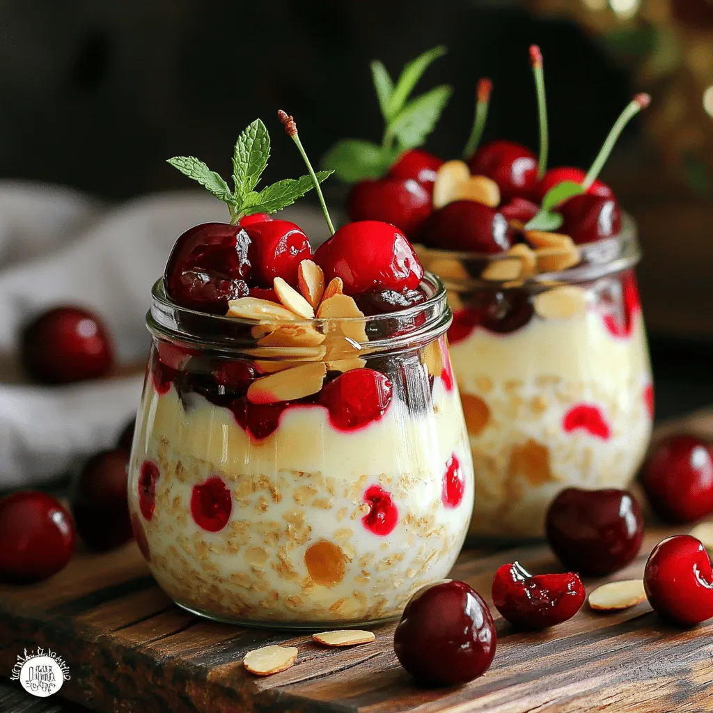 To make Cherry Almond Overnight Oats, you will need simple, fresh ingredients. Here’s what you need to gather: - 1 cup rolled oats - 2 cups almond milk (or any preferred milk) - 1 cup pitted cherries, chopped - 1/4 cup sliced almonds - 2 tablespoons chia seeds - 2 tablespoons honey or maple syrup (optional) - 1/2 teaspoon vanilla extract - Pinch of salt These ingredients make a tasty and nutritious dish. The oats give you energy, while the cherries add sweetness and flavor. Almond milk keeps it creamy, and sliced almonds add a nice crunch. Chia seeds are full of fiber and help thicken the oats. If you want a little sweetness, honey or maple syrup works great! You can find the full recipe above to guide you through the process. Enjoy making this delightful breakfast! Making Cherry Almond Overnight Oats is simple and fun. Here are the steps to get you started. - Step 1: Combine oats, chia seeds, and salt. In a medium bowl, mix 1 cup of rolled oats, 2 tablespoons of chia seeds, and a pinch of salt. Stir them well until everything is mixed. - Step 2: Add almond milk and vanilla extract. Pour in 2 cups of almond milk and 1/2 teaspoon of vanilla extract. If you want it sweeter, you can add 2 tablespoons of honey or maple syrup now. Mix everything until the oats are coated. - Step 3: Fold in cherries and almonds. Gently add 1 cup of chopped cherries and 1/4 cup of sliced almonds. Be careful and fold them in so you don't smash the cherries. - Step 4: Divide into containers and refrigerate. Pour the mixture into two jars or containers. Leave some space at the top for the oats to expand. - Step 5: Seal the containers tightly and refrigerate. You want to let them sit overnight or for at least 4 hours. This helps the oats and chia seeds soak up the liquid. - Step 6: Stir and adjust consistency before serving. In the morning, take the oats out of the fridge. Give them a good stir. If they seem too thick, add a splash of almond milk to make them creamy. These steps will guide you to a delicious breakfast. For the full recipe, check out the Cherry Almond Overnight Oats recipe. Enjoy this tasty dish! - Adjusting sweetness levels. You can make these oats your own by changing the sweetness. Start with two tablespoons of honey or maple syrup. If you like it sweeter, add more. Taste as you go to find what you enjoy. - Recommended soaking time. Let your oats soak overnight for the best results. This time allows the oats and chia seeds to absorb the liquid. If you’re short on time, soak them for at least four hours. The longer, the better! - Choosing the right milk options. I love almond milk for this recipe, but feel free to use what you like. Dairy milk, coconut milk, or oat milk all work well. Each adds a unique flavor. Experiment to find your favorite! For the full recipe, check out the Cherry Almond Overnight Oats section above. {{image_2}} You can make cherry almond overnight oats even more fun by adding other fruits. Try bananas or blueberries for a fresh twist. Both fruits bring natural sweetness and different tastes. You can also mix in different nuts or seeds. Walnuts or pumpkin seeds add crunch and healthy fats. This way, your oats can match your mood and taste. Using flavored almond milk can change the vibe too. Vanilla or chocolate almond milk adds a unique taste to your oats. You could also swap in nut butter like almond or peanut. This adds creaminess and rich flavor. Mixing it up keeps breakfast exciting. You’ll never get bored with your oats! The Full Recipe gives you a great base to start from. Enjoy creating your own perfect bowl! To keep your cherry almond overnight oats fresh, store them in airtight containers. Glass jars work great for this. Make sure the lids fit well to avoid spills. You can keep these oats in the fridge for up to four days. This makes them perfect for meal prep. Just grab a jar each morning for a quick breakfast. If you want to store them longer, freezing is an option. You can freeze them for up to three months. Just remember to leave some space in the jar for expansion. Thaw them in the fridge overnight before eating. For the best taste, enjoy them fresh, but these storage tips will help you enjoy them longer. Check out the Full Recipe for more details on making these delicious oats! - Can I make these oats in advance? Yes, these oats are perfect for meal prep. You can make them the night before. They stay fresh in the fridge for up to five days. - What are the health benefits of overnight oats? Overnight oats are full of fiber and nutrients. They help keep you full and support digestion. The cherries add antioxidants, while almonds provide healthy fats. - How can I make this recipe vegan? To make this dish vegan, simply use maple syrup instead of honey. Ensure your almond milk is unsweetened and plant-based. - What can I substitute for chia seeds? If you don't have chia seeds, you can use ground flaxseed or hemp seeds. Both options add similar texture and nutrition. You have learned how to make Cherry Almond Overnight Oats. This simple recipe uses easy ingredients, like rolled oats and almond milk. With just a few steps, you can create a tasty and healthy meal. You can also customize it to fit your taste. Remember to store them properly to enjoy later. Now, you can enjoy meeting your breakfast needs with a delicious twist. Try adding your favorite fruits or nuts to make this dish your own!