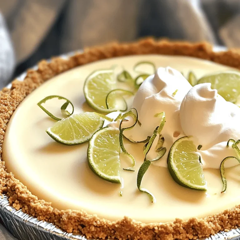 To make a tasty no-bake key lime pie, gather these ingredients: - 1 ½ cups graham cracker crumbs - ⅓ cup granulated sugar - ⅓ cup melted butter - 1 (14-ounce) can sweetened condensed milk - ½ cup key lime juice (freshly squeezed if possible) - 1 tablespoon lime zest - 1 cup heavy whipping cream - 2 tablespoons powdered sugar - Lime slices and zest for garnish These ingredients blend to create a zesty and creamy dessert. The key lime juice adds that perfect tang, while the crust gives a nice crunch. Garnishes can make your pie look even better. Here are some options: - Lime slices - Fresh lime zest - Whipped cream dollops - Fresh mint leaves These add color and extra flavor. You can mix and match for a pretty presentation. If you don’t have a few ingredients, don’t worry! Here are some swaps you can try: - Graham cracker crumbs: Use crushed digestive biscuits or vanilla wafers. - Sweetened condensed milk: Try using coconut cream for a dairy-free option. - Heavy cream: Whip coconut cream as a substitute for a lighter version. - Key lime juice: Regular lime juice works in a pinch, but it will change the flavor slightly. These swaps can help you make the pie with what you have on hand. Remember, cooking is about being creative! For the full recipe, check out the details above. Start by gathering your ingredients for the crust. You will need: - 1 ½ cups graham cracker crumbs - ⅓ cup granulated sugar - ⅓ cup melted butter In a mixing bowl, combine the graham cracker crumbs and sugar. Stir them together until mixed well. Next, pour in the melted butter. Mix until the crumbs look like wet sand. This helps form a nice, sturdy crust. Now, take a 9-inch pie pan. Press the crumb mixture firmly into the bottom and up the sides. Use the back of a measuring cup to pack it down well. This step is important for a good texture. Once you finish, refrigerate the crust while you make the filling. For the filling, gather these ingredients: - 1 (14-ounce) can sweetened condensed milk - ½ cup key lime juice (freshly squeezed if possible) - 1 tablespoon lime zest - 1 cup heavy whipping cream - 2 tablespoons powdered sugar In a separate bowl, whisk together the sweetened condensed milk, key lime juice, and lime zest. Mix until smooth and well-combined. This mixture is what gives the pie its tangy flavor. Now, take another bowl and whip the heavy cream with an electric mixer. Beat until soft peaks form. Gradually add powdered sugar while mixing. Continue until stiff peaks form. This will make the filling light and airy. Gently fold the whipped cream into the lime mixture. Do this slowly to avoid deflating the whipped cream. The filling should be smooth and fluffy. Next, pour the key lime filling into your prepared crust. Use a spatula to smooth the top. This creates an even and nice finish. Cover the pie with plastic wrap. Refrigerate it for at least 4 hours or overnight. This waiting time helps the pie set. It also deepens the flavors. Before serving, add lime slices and zest on top for a fresh look. This gives the pie a pop of color and extra zest. Enjoy your zesty no-bake key lime pie! You can find the full recipe for more details. To get the right texture for your no-bake key lime pie, focus on the filling. The sweetened condensed milk and key lime juice create a creamy base. Make sure your heavy cream is cold. This helps it whip up nicely. Whip the cream until stiff peaks form but don’t overbeat it. Gently fold it into the lime mixture. This keeps the filling light and airy. If you’re looking for a firmer texture, let the pie chill overnight. This extra time helps it set perfectly. Making whipped cream from scratch is simple and rewarding. Start with cold heavy cream for the best results. Use a clean bowl and beaters to avoid any issues. Whip the cream on medium speed until soft peaks form. Add powdered sugar gradually. This sweetens the cream and helps it hold its shape. If you want a hint of flavor, add a splash of vanilla extract. Use this whipped cream to top your pie for a fresh touch. It’s the perfect finish that complements the tangy lime. When serving your no-bake key lime pie, think about presentation. Slice it into wedges and place each slice on a plate. A dollop of whipped cream on each slice adds creaminess. For a pop of color, top it with lime slices and zest. You can also add a sprig of mint for a fresh look. If you want to make it more fun, serve it with a scoop of vanilla ice cream. This pairs well with the tart flavor of the pie. Enjoy your refreshing dessert! For more details, check the Full Recipe. {{image_2}} You can change the flavor of your no-bake key lime pie easily. Try using coconut for a tropical twist. Simply replace some of the key lime juice with coconut cream. This change adds a creamy texture and a sweet taste. Strawberry is another great option. Blend fresh strawberries into the lime filling for a fruity flavor. This adds a bright color and a pop of sweetness. The crust can change the whole pie vibe. Instead of a graham cracker crust, try an Oreo crust. Crush Oreos and mix them with melted butter, just like the graham cracker version. This will give you a rich chocolatey taste. If you want something nutty, use ground almonds or walnuts. Mix them with a bit of butter for a crunchy crust. You can make this pie a bit healthier with simple swaps. Use Greek yogurt instead of sweetened condensed milk for a tangy twist. This swap lowers the sugar and adds protein. You can also use honey or maple syrup instead of granulated sugar. It will still taste great but with fewer refined sugars. For a low-calorie option, use light whipped cream to keep that fluffy texture. For the full recipe, check out the Zesty No-Bake Key Lime Pie recipe. To store leftover pie, cover it tightly with plastic wrap. Place it in the fridge. This keeps the pie fresh and tasty for days. You can also use an airtight container. Just make sure it seals well. Enjoy your pie within three days for the best flavor. You can freeze your no-bake key lime pie, but it’s best to slice it first. Wrap each slice in plastic wrap. Then place them in a freezer-safe bag. This helps prevent freezer burn. The pie can stay frozen for up to three months. When ready to eat, thaw it in the fridge overnight. It will taste great! The key ingredients have different shelf lives. Here are some quick notes: - Graham cracker crumbs: They last for about six months when stored in a cool, dry place. - Granulated sugar: Sugar does not spoil and can last for years if kept dry. - Sweetened condensed milk: Unopened cans can last for a year. Once opened, use it within seven days. - Key lime juice: Fresh juice lasts about a week in the fridge. Bottled juice can last longer, but check the label. - Heavy whipping cream: It lasts about a week past its sell-by date if unopened. Once opened, use it within four days. For the best results, always check dates and store items properly. Enjoy your no-bake key lime pie fresh and flavorful! The best way to squeeze key limes is by using a citrus juicer. First, roll the limes on the counter. This helps to break down the cells inside. Then cut each lime in half and press it down in the juicer. This method gives you the most juice. You can also use your hands. Just be careful not to get any seeds in your juice. Fresh key lime juice makes a big difference in flavor! Yes, you can use bottled lime juice if you need to. However, fresh key lime juice tastes better. Bottled juice lacks the bright flavor that fresh juice has. If you use bottled juice, choose a brand with no additives. This way, you can get a more natural taste. The pie will last about 3 to 5 days in the fridge. Make sure to cover it well with plastic wrap. This keeps the pie fresh and prevents it from drying out. If you add toppings like whipped cream, it may not last as long. Always check for any changes in smell or texture before eating. Enjoy your pie while it's fresh for the best taste! This blog post covered everything you need for the perfect key lime pie. We went over the key ingredients, optional garnishes, and how to find substitutes. I gave you step-by-step instructions to make the crust, filling, and assemble the pie. We explored tips for texture and serving ideas. You learned about variations like different flavors and crusts. Finally, we discussed how to store leftovers and answered common questions. Now, you have the tools to impress anyone with your key lime pie! Enjoy the process and have fun experimenting.