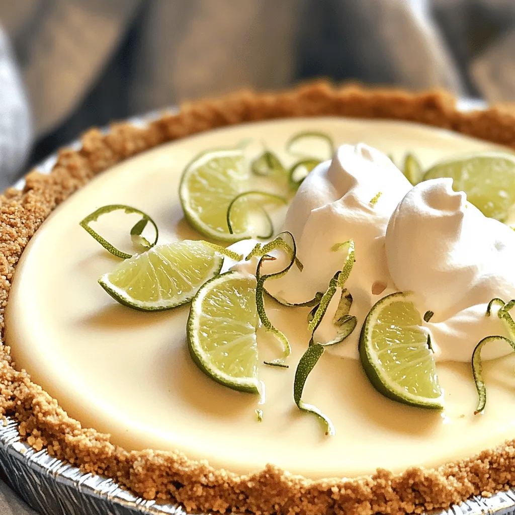 To make a tasty no-bake key lime pie, gather these ingredients: - 1 ½ cups graham cracker crumbs - ⅓ cup granulated sugar - ⅓ cup melted butter - 1 (14-ounce) can sweetened condensed milk - ½ cup key lime juice (freshly squeezed if possible) - 1 tablespoon lime zest - 1 cup heavy whipping cream - 2 tablespoons powdered sugar - Lime slices and zest for garnish These ingredients blend to create a zesty and creamy dessert. The key lime juice adds that perfect tang, while the crust gives a nice crunch. Garnishes can make your pie look even better. Here are some options: - Lime slices - Fresh lime zest - Whipped cream dollops - Fresh mint leaves These add color and extra flavor. You can mix and match for a pretty presentation. If you don’t have a few ingredients, don’t worry! Here are some swaps you can try: - Graham cracker crumbs: Use crushed digestive biscuits or vanilla wafers. - Sweetened condensed milk: Try using coconut cream for a dairy-free option. - Heavy cream: Whip coconut cream as a substitute for a lighter version. - Key lime juice: Regular lime juice works in a pinch, but it will change the flavor slightly. These swaps can help you make the pie with what you have on hand. Remember, cooking is about being creative! For the full recipe, check out the details above. Start by gathering your ingredients for the crust. You will need: - 1 ½ cups graham cracker crumbs - ⅓ cup granulated sugar - ⅓ cup melted butter In a mixing bowl, combine the graham cracker crumbs and sugar. Stir them together until mixed well. Next, pour in the melted butter. Mix until the crumbs look like wet sand. This helps form a nice, sturdy crust. Now, take a 9-inch pie pan. Press the crumb mixture firmly into the bottom and up the sides. Use the back of a measuring cup to pack it down well. This step is important for a good texture. Once you finish, refrigerate the crust while you make the filling. For the filling, gather these ingredients: - 1 (14-ounce) can sweetened condensed milk - ½ cup key lime juice (freshly squeezed if possible) - 1 tablespoon lime zest - 1 cup heavy whipping cream - 2 tablespoons powdered sugar In a separate bowl, whisk together the sweetened condensed milk, key lime juice, and lime zest. Mix until smooth and well-combined. This mixture is what gives the pie its tangy flavor. Now, take another bowl and whip the heavy cream with an electric mixer. Beat until soft peaks form. Gradually add powdered sugar while mixing. Continue until stiff peaks form. This will make the filling light and airy. Gently fold the whipped cream into the lime mixture. Do this slowly to avoid deflating the whipped cream. The filling should be smooth and fluffy. Next, pour the key lime filling into your prepared crust. Use a spatula to smooth the top. This creates an even and nice finish. Cover the pie with plastic wrap. Refrigerate it for at least 4 hours or overnight. This waiting time helps the pie set. It also deepens the flavors. Before serving, add lime slices and zest on top for a fresh look. This gives the pie a pop of color and extra zest. Enjoy your zesty no-bake key lime pie! You can find the full recipe for more details. To get the right texture for your no-bake key lime pie, focus on the filling. The sweetened condensed milk and key lime juice create a creamy base. Make sure your heavy cream is cold. This helps it whip up nicely. Whip the cream until stiff peaks form but don’t overbeat it. Gently fold it into the lime mixture. This keeps the filling light and airy. If you’re looking for a firmer texture, let the pie chill overnight. This extra time helps it set perfectly. Making whipped cream from scratch is simple and rewarding. Start with cold heavy cream for the best results. Use a clean bowl and beaters to avoid any issues. Whip the cream on medium speed until soft peaks form. Add powdered sugar gradually. This sweetens the cream and helps it hold its shape. If you want a hint of flavor, add a splash of vanilla extract. Use this whipped cream to top your pie for a fresh touch. It’s the perfect finish that complements the tangy lime. When serving your no-bake key lime pie, think about presentation. Slice it into wedges and place each slice on a plate. A dollop of whipped cream on each slice adds creaminess. For a pop of color, top it with lime slices and zest. You can also add a sprig of mint for a fresh look. If you want to make it more fun, serve it with a scoop of vanilla ice cream. This pairs well with the tart flavor of the pie. Enjoy your refreshing dessert! For more details, check the Full Recipe. {{image_2}} You can change the flavor of your no-bake key lime pie easily. Try using coconut for a tropical twist. Simply replace some of the key lime juice with coconut cream. This change adds a creamy texture and a sweet taste. Strawberry is another great option. Blend fresh strawberries into the lime filling for a fruity flavor. This adds a bright color and a pop of sweetness. The crust can change the whole pie vibe. Instead of a graham cracker crust, try an Oreo crust. Crush Oreos and mix them with melted butter, just like the graham cracker version. This will give you a rich chocolatey taste. If you want something nutty, use ground almonds or walnuts. Mix them with a bit of butter for a crunchy crust. You can make this pie a bit healthier with simple swaps. Use Greek yogurt instead of sweetened condensed milk for a tangy twist. This swap lowers the sugar and adds protein. You can also use honey or maple syrup instead of granulated sugar. It will still taste great but with fewer refined sugars. For a low-calorie option, use light whipped cream to keep that fluffy texture. For the full recipe, check out the Zesty No-Bake Key Lime Pie recipe. To store leftover pie, cover it tightly with plastic wrap. Place it in the fridge. This keeps the pie fresh and tasty for days. You can also use an airtight container. Just make sure it seals well. Enjoy your pie within three days for the best flavor. You can freeze your no-bake key lime pie, but it’s best to slice it first. Wrap each slice in plastic wrap. Then place them in a freezer-safe bag. This helps prevent freezer burn. The pie can stay frozen for up to three months. When ready to eat, thaw it in the fridge overnight. It will taste great! The key ingredients have different shelf lives. Here are some quick notes: - Graham cracker crumbs: They last for about six months when stored in a cool, dry place. - Granulated sugar: Sugar does not spoil and can last for years if kept dry. - Sweetened condensed milk: Unopened cans can last for a year. Once opened, use it within seven days. - Key lime juice: Fresh juice lasts about a week in the fridge. Bottled juice can last longer, but check the label. - Heavy whipping cream: It lasts about a week past its sell-by date if unopened. Once opened, use it within four days. For the best results, always check dates and store items properly. Enjoy your no-bake key lime pie fresh and flavorful! The best way to squeeze key limes is by using a citrus juicer. First, roll the limes on the counter. This helps to break down the cells inside. Then cut each lime in half and press it down in the juicer. This method gives you the most juice. You can also use your hands. Just be careful not to get any seeds in your juice. Fresh key lime juice makes a big difference in flavor! Yes, you can use bottled lime juice if you need to. However, fresh key lime juice tastes better. Bottled juice lacks the bright flavor that fresh juice has. If you use bottled juice, choose a brand with no additives. This way, you can get a more natural taste. The pie will last about 3 to 5 days in the fridge. Make sure to cover it well with plastic wrap. This keeps the pie fresh and prevents it from drying out. If you add toppings like whipped cream, it may not last as long. Always check for any changes in smell or texture before eating. Enjoy your pie while it's fresh for the best taste! This blog post covered everything you need for the perfect key lime pie. We went over the key ingredients, optional garnishes, and how to find substitutes. I gave you step-by-step instructions to make the crust, filling, and assemble the pie. We explored tips for texture and serving ideas. You learned about variations like different flavors and crusts. Finally, we discussed how to store leftovers and answered common questions. Now, you have the tools to impress anyone with your key lime pie! Enjoy the process and have fun experimenting.