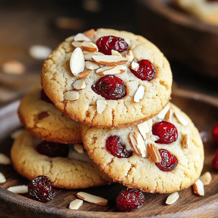 To make Cherry Almond Protein Cookies, you will need the following ingredients: - 1 cup almond flour - 1/2 cup rolled oats - 1/2 cup protein powder (vanilla flavor) - 1/4 cup coconut sugar - 1/4 cup unsweetened almond butter - 1/4 cup honey (or maple syrup for vegan) - 1/2 cup dried cherries, chopped - 1/4 cup slivered almonds - 1 teaspoon vanilla extract - 1/2 teaspoon baking soda - 1/4 teaspoon salt - 2 tablespoons unsweetened almond milk (if needed for consistency) Each ingredient adds something special to the cookies: - Almond flour gives a nutty taste and is low in carbs. It also has healthy fats and protein. - Rolled oats provide fiber. They keep you full longer and add chewiness. - Protein powder boosts the protein level. This helps with muscle repair and keeps you energized. - Coconut sugar is a natural sweetener. It has a lower glycemic index than regular sugar. - Almond butter adds healthy fats and rich flavor. It makes the cookies moist. - Dried cherries add sweetness and a tart flavor. They also provide antioxidants. - Slivered almonds add crunch and more nutrients. They are high in vitamin E and magnesium. - Vanilla extract enhances flavor. It makes the cookies taste sweeter without added sugar. - Baking soda helps the cookies rise. It creates a light texture. - Salt balances sweetness. A little salt makes flavors pop. - Almond milk can adjust the cookie’s texture. It keeps them soft and chewy. You can change some ingredients if you need to: - Almond flour can be swapped for oat flour or coconut flour, but adjust the amounts. - Rolled oats can be replaced with quick oats or ground oats for a finer texture. - Protein powder can be any flavor or type, like whey or plant-based. - Coconut sugar can be replaced with brown sugar or honey, but this may change sweetness. - Almond butter can be switched for peanut butter or sun butter for nut-free options. - Dried cherries can be replaced with raisins or cranberries for different flavors. - Slivered almonds can be swapped for chopped walnuts or pecans for variety. - Honey can be replaced with agave syrup or maple syrup for a vegan option. - Almond milk can be replaced with any plant milk or regular milk for creaminess. Feel free to get creative! You can mix and match to fit your needs. For a complete recipe, check out the Full Recipe. Start by gathering your ingredients. You need almond flour, rolled oats, protein powder, coconut sugar, almond butter, honey, dried cherries, slivered almonds, vanilla extract, baking soda, salt, and almond milk. 1. Preheat your oven to 350°F (175°C). 2. Line a baking sheet with parchment paper. This helps prevent sticking. 3. In a large bowl, mix almond flour, rolled oats, protein powder, coconut sugar, baking soda, and salt. Stir this well to combine all the dry ingredients. 4. In a separate bowl, whisk together almond butter, honey (or maple syrup), and vanilla extract. Mix until smooth. 5. Pour the wet mix into the dry mix. Stir until just combined. If too dry, add almond milk one tablespoon at a time until it forms a dough. 1. Fold in chopped dried cherries and slivered almonds. Make sure they spread evenly throughout the dough. 2. Using a tablespoon, scoop dough onto the baking sheet. Leave about 2 inches between each scoop. 3. Flatten each cookie slightly with the back of your spoon. This helps them bake evenly. 4. Bake these cookies for 10-12 minutes. Look for lightly golden edges. 1. Once baked, let the cookies cool on the baking sheet for 5 minutes. This helps them set. 2. Transfer to a wire rack to cool completely. This step keeps them from getting soggy. 3. For a beautiful presentation, stack the cookies on a rustic wooden plate. Add some extra slivers of almonds and dried cherries on top for a nice touch. Now you have delicious Cherry Almond Protein Cookies ready to enjoy! For the complete recipe, check the [Full Recipe]. When making Cherry Almond Protein Cookies, avoid using regular flour. It can make the cookies tough. Also, don’t skip the baking soda. It helps the cookies rise. Make sure to measure your ingredients carefully. Too much almond flour can dry out the dough. Lastly, don’t overmix the dough. This can lead to dense cookies. For soft cookies, use almond butter that is creamy. If it’s too thick, your cookies may be dry. Adding a bit of almond milk can help. If your dough feels crumbly, mix in a little more liquid. The dough should be soft but not sticky. Flatten the cookies slightly before baking. This helps them cook evenly and stay soft. To boost the flavor, consider adding a pinch of cinnamon or nutmeg. These spices pair well with cherries and almonds. You can also add a splash of almond extract for a richer taste. For a fun twist, mix in dark chocolate chips or a bit of orange zest. This will give your cookies a unique flair. If you want them sweeter, feel free to add a bit more honey or coconut sugar. For the full recipe, check out the Cherry Almond Protein Cookies recipe. {{image_2}} You can make these Cherry Almond Protein Cookies vegan. Just swap honey for maple syrup. This change makes the cookies plant-based but still tasty. You can also use a vegan protein powder. This keeps the protein count high without using animal products. The texture remains soft, and the flavors stay rich. To make these cookies gluten-free, use certified gluten-free oats. Almond flour is naturally gluten-free, so you’re already on the right track. Ensure your protein powder is gluten-free too. With these swaps, you can enjoy the same great taste without any gluten. These cookies will still be soft and chewy. Want to mix things up? You can add different flavors to your cookies. Try adding cocoa powder for a chocolate twist. Just use two tablespoons of cocoa powder and reduce the protein powder a bit. For a citrus kick, add zest from an orange or lemon. This brings a fresh taste to each bite. If you like spice, a pinch of cinnamon can also add warmth. These options let you create your own unique cookie experience. For the full recipe, check out the Cherry Almond Protein Cookies section. To keep your Cherry Almond Protein Cookies fresh, use an airtight container. Place parchment paper between layers of cookies. This helps avoid sticking. Store them at room temperature for up to a week. If you want them to last longer, consider freezing. Freezing these cookies is easy. First, let the cookies cool completely. Then, place them in a single layer on a baking sheet. Freeze them for about an hour. Once frozen, transfer them to a freezer bag. This method prevents them from sticking together. You can freeze them for up to three months. The shelf life of these cookies depends on storage. Stored properly, they last up to a week at room temperature. In the freezer, they can last for three months. For the best taste, enjoy them fresh. Reheat frozen cookies in the microwave for about 10-15 seconds. This restores their warm, chewy texture. For more detailed steps, check the Full Recipe. Cherry Almond Protein Cookies are a tasty treat packed with nutrition. Each cookie has about 120 calories. They also contain 4 grams of protein, thanks to the protein powder and almond flour. The cookies offer healthy fats from almond butter and almonds. You also get fiber from rolled oats and cherries. Each cookie has around 8 grams of carbs and 6 grams of sugar. This makes them a good snack option for energy without the sugar crash. Yes, you can easily swap nuts or fruits in this recipe. If you prefer walnuts or pecans, feel free to use those instead of almonds. For fruits, try adding dried apricots or cranberries. Just make sure to chop any larger pieces so they mix well. This keeps the cookie dough consistent and helps with baking. Experimenting with different nuts and fruits can create fun new flavors! To lower the sugar in these cookies, you have a few options. First, cut down on the coconut sugar by half. You can also use a sugar substitute, like stevia or erythritol. These sweeteners can keep the sweetness without the calories. If you use honey, try reducing the amount or using unsweetened applesauce for moisture. This will help keep the cookies tasty but lower in sugar. You can still enjoy a delightful treat without the extra sugar! For the full recipe, check the earlier section. This blog post covered the essential ingredients and their benefits for Cherry Almond Protein Cookies. I shared step-by-step instructions for preparation and baking, plus tips to avoid common mistakes. Variations such as vegan and gluten-free options let you personalize the recipe. Finally, I discussed proper storage and answered key FAQs. These cookies are not just tasty; they can fit various diets. Enjoy experimenting with flavors and enjoy your delicious, healthy treats!