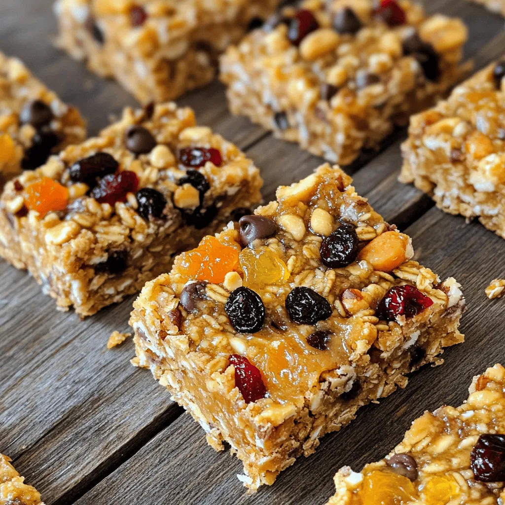 - 1 ½ cups rolled oats - ½ cup natural peanut butter - ¼ cup honey or maple syrup - ½ cup mixed nuts (almonds, walnuts, pecans) chopped - ¼ cup mini dark chocolate chips (optional) - ¼ cup dried fruits (raisins, cranberries, or apricots) chopped - 1 teaspoon vanilla extract - ½ teaspoon cinnamon - ¼ teaspoon salt Each ingredient plays a key role in the health benefits of these bars. - Rolled oats: They provide fiber, which helps keep you full and aids digestion. - Natural peanut butter: This adds protein and healthy fats, giving you energy. - Honey or maple syrup: Both are natural sweeteners that give quick energy. - Mixed nuts: These nuts add healthy fats, protein, and crunch to the bars. - Dark chocolate chips: They offer antioxidants and a hint of sweetness. - Dried fruits: These provide natural sugars and vitamins, making them a great snack. - Vanilla extract: It adds flavor without extra sugar. - Cinnamon: This spice can help regulate blood sugar levels. - Salt: Just a pinch enhances flavor and balances sweetness. If you have allergies or preferences, here are some great swaps: - Peanut butter: Use almond or sunflower seed butter for nut-free options. - Honey: Swap for agave syrup or brown rice syrup for vegan choices. - Mixed nuts: Use seeds like pumpkin or sunflower seeds for nut allergies. - Dried fruits: Substitute with fresh fruits for a different taste. - Rolled oats: Use gluten-free oats if you're avoiding gluten. These substitutes allow everyone to enjoy these tasty granola bars while meeting their dietary needs. For the complete recipe, check out [Full Recipe]. Start by gathering all your ingredients. This makes it easy to follow the recipe. Preheat your oven to 350°F (175°C). Line an 8x8 inch baking pan with parchment paper. Leave some paper hanging over the edges. This helps you lift the bars out later. In a large bowl, mix together the rolled oats, chopped nuts, chocolate chips, dried fruits, cinnamon, and salt. Stir well to combine everything evenly. In another bowl, whisk the peanut butter, honey, and vanilla extract. Make sure the mixture is smooth and creamy. Pour this mixture over the dry ingredients. Stir until all the oats and nuts are well-coated. Transfer the mixture into your baking pan. Press it down firmly with a spatula or your hands. This helps the bars hold together. Bake in the oven for 20 to 25 minutes. Look for golden brown edges to know they are done. Once they are baked, take the pan out of the oven. Let the bars cool in the pan for about 10 minutes. You can then lift them out using the parchment paper. Place the bars on a wire rack to cool completely for at least 30 minutes. Once cooled, slice them into bars of your desired size. Enjoy your Healthy Peanut Butter Granola Bars for instant energy! For detailed instructions, check the Full Recipe. To get the best texture in your granola bars, start with fresh oats. Old oats can lead to a dry bar. Make sure to mix the peanut butter and honey until smooth. This step ensures even flavor throughout the bars. Press the mixture firmly into the baking pan. A tight pack helps the bars hold their shape. Bake until the edges turn golden brown, but don’t overbake. This helps keep the bars chewy. Store your granola bars in an airtight container. They stay fresh for about a week at room temperature. If you want to keep them longer, freeze them. Wrap each bar individually in plastic wrap. Place the wrapped bars in a freezer bag. They can last up to three months in the freezer. When you want to eat one, just thaw it at room temperature. One common mistake is not measuring the ingredients correctly. This can change the texture and taste. Avoid skipping the salt; it enhances the flavor of the bars. Don't forget to let the bars cool completely before cutting them. Cutting too soon can make them crumbly. Lastly, avoid using too many wet ingredients. This can make your bars soggy instead of chewy. For the full recipe, check out the Healthy Peanut Butter Granola Bars recipe above. {{image_2}} You can make these granola bars even better. Try adding seeds like chia or flaxseed. They boost fiber and healthy fats. You can use nut butter blends for different flavors. Sunflower seed butter works well too. For sweetness, toss in some coconut flakes or cacao nibs. The options are endless! If you want a different sweet taste, try agave nectar or brown rice syrup. They give a nice flavor without harming your diet. You can also use mashed bananas or apple sauce. They add natural sweetness and moisture. Just keep the same amount in the recipe. To make these bars gluten-free, use certified gluten-free oats. Many oats have gluten, so check the label. You can also add gluten-free cereal for crunch. It gives extra texture and taste. Enjoy your tasty treat without worry! For the full recipe, check the details above. To keep your healthy peanut butter granola bars fresh, store them properly. I recommend wrapping each bar in plastic wrap. Then, place them in an airtight container. This helps to prevent moisture and keeps them tasty. You can also use parchment paper between layers if you stack them. When stored correctly, these bars can last up to one week at room temperature. If you want them to last longer, you can freeze them. In the freezer, they can stay good for about three months. Just remember to wrap them well to avoid freezer burn. If your bars lose some freshness, don’t worry! You can revive them. Simply warm them in the microwave for about 10-15 seconds. This softens them and brings back their chewy texture. If you want a crispy bite, toast them lightly in the oven for a few minutes. Enjoy them warm for a delightful snack! For the full recipe, check out the Healthy Peanut Butter Granola Bars section. Yes, you can make these granola bars vegan. To do this, simply swap honey for maple syrup. Use a plant-based peanut butter. Check the chocolate chips too. Many brands offer vegan options. Homemade granola bars can last about one week at room temperature. Store them in an airtight container. If you want them to last longer, keep them in the fridge. They can stay fresh for up to two weeks there. For even more shelf life, freeze them. They can last up to three months in the freezer. You can mix up the flavors in fun ways. Try adding coconut flakes for a tropical vibe. Use pumpkin seeds for a tasty crunch. Swap the dried fruits for fresh berries. You can also add spices like ginger or nutmeg for a warm taste. Experiment with your favorites to find what you love! For the full recipe, check out the detailed instructions above. You learned about healthy peanut butter granola bars. We discussed the key ingredients and their benefits. I shared step-by-step instructions for making these bars perfectly. You also got tips on texture and storage. Remember, feel free to change ingredients to suit your tastes or needs. Always store bars well to keep them fresh. Enjoy experimenting with flavors or variations! You now have the tools to make tasty snacks easily.