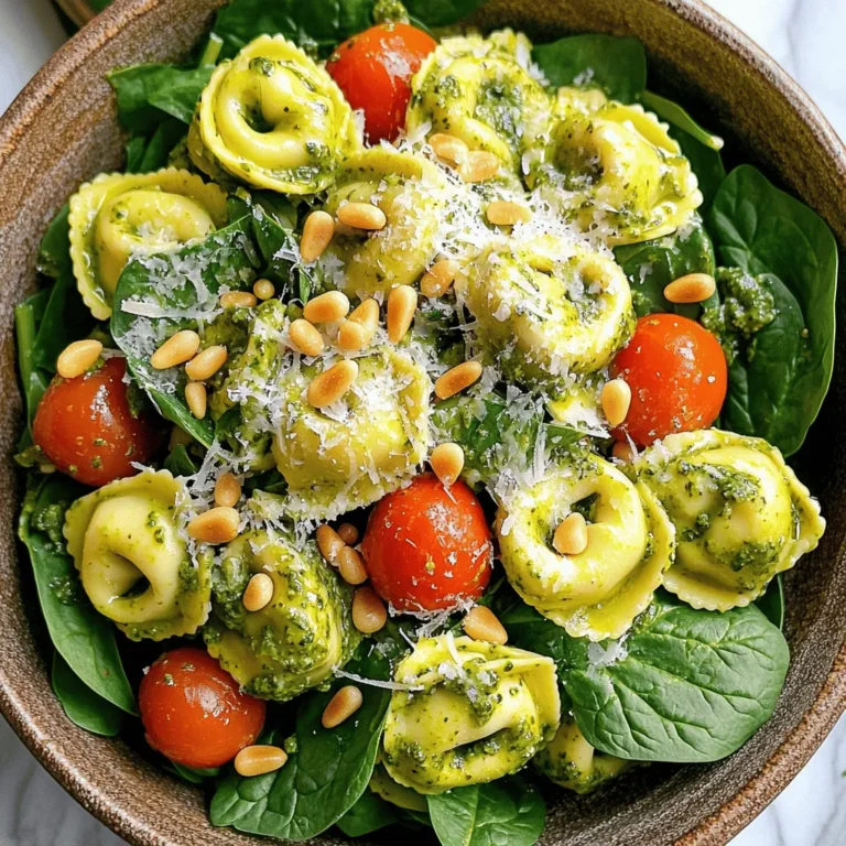 - 12 oz cheese tortellini - 1 cup cherry tomatoes, halved - 1 cup fresh spinach, roughly chopped For this salad, cheese tortellini is key. You want it to be soft and chewy. The tortellini holds the creamy pesto well, making every bite flavorful. Cherry tomatoes add a burst of sweetness. Their juicy texture pairs well with the creamy dressing. Fresh spinach brings a nice crunch and color to the dish. - ½ cup pesto (store-bought or homemade) - ½ cup cream cheese, softened - ¼ cup Parmesan cheese, grated The creamy dressing is what makes this salad stand out. I like to use pesto as a base. It adds a bright, herby flavor. Mixing in softened cream cheese gives rich creaminess. Grated Parmesan cheese adds a salty kick that ties everything together. This combination makes the salad rich but not too heavy. - 2 tablespoons olive oil - Salt and pepper to taste - Pine nuts for garnish (optional) A drizzle of olive oil enhances the flavors. It adds a smooth finish. Don’t forget to season with salt and pepper. These simple ingredients let the other flavors shine. If you want extra crunch, pine nuts are a great option. They add a nice nutty flavor and texture. You can find the full recipe for this delicious dish above. First, cook the cheese tortellini. Follow the package instructions closely for the best results. Once done, drain the tortellini and rinse it under cold water. This stops the cooking process and keeps the pasta firm. Set the tortellini aside while you prepare the dressing. In a large mixing bowl, combine the softened cream cheese and pesto. Use a whisk or fork to blend them together well. Your goal is a smooth and creamy dressing. If it feels too thick, add a splash of water or olive oil to make it easier to mix. Now, fold the cooled tortellini into the pesto dressing. Gently mix until every piece of pasta is coated. Next, add the halved cherry tomatoes and chopped spinach. Carefully mix them in without breaking the tortellini. Drizzle in the olive oil, and season with salt and pepper to taste. Stir gently one last time to blend everything nicely. Chill the salad in the fridge for at least 30 minutes. This lets the flavors meld together perfectly. For a finishing touch, you can sprinkle on some grated Parmesan cheese and toasted pine nuts before serving. This is how you create a fresh and flavorful Creamy Pesto Tortellini Salad. For the full recipe, refer to the earlier section. Enjoy your cooking! To make this salad shine, focus on seasoning. Salt enhances all the flavors. Start with a pinch, then taste and adjust. Freshly cracked black pepper adds a nice kick. You can also try red pepper flakes for some heat. To boost creaminess, mix in a splash of milk or a bit more cream cheese. This will give your dressing a smoother texture. You can even fold in some Greek yogurt for extra tang and creaminess. Cook the tortellini according to the package instructions. Be careful not to overcook them. Overcooked tortellini turn mushy. Aim for a perfect al dente texture. This means the pasta should be firm but cooked through. Once done, drain and rinse them under cold water. Timing is key. If you cook them just right, they will hold up beautifully in the salad. Chilling the salad is very important. It helps all the flavors blend together. Without chilling, the salad may taste flat. Aim to chill your salad for at least 30 minutes. If you have more time, an hour is even better. This extra time allows the tortellini to soak up the flavors of the pesto and cream cheese. For the full recipe, check the instructions above. {{image_2}} You can easily swap out cream cheese for Greek yogurt. Greek yogurt gives a nice tang and keeps it creamy. If you want to try different greens, arugula or kale work well, too. You can also add bell peppers or cucumbers for crunch. These swaps keep the salad fresh and fun. Adding protein makes this salad even more filling. Cooked chicken or shrimp brings great flavor. If you prefer a plant-based option, try chickpeas or tofu. Both give you protein without meat. Just make sure to season them well before adding. You can make your own pesto for a fresh taste. Try blending basil, garlic, nuts, and olive oil. If you like it creamier, add more cream cheese or yogurt. You can even mix in some lemon juice for a zesty kick. Adjust the creaminess to suit your taste. For the full recipe, check out the [Full Recipe]. For short-term storage, use airtight containers. Glass containers work well because they do not stain. Store your creamy pesto tortellini salad in the fridge. It stays fresh for up to three days. Make sure to seal it tightly to keep out air. If you want to keep it longer, consider freezing. Place the salad in a freezer-safe container. Leave some space at the top since it will expand as it freezes. It can last up to three months in the freezer. To serve, thaw it in the fridge overnight. Stir it gently before serving to mix the flavors. To maintain flavor and texture, store the salad without added toppings. Keep nuts and cheese separate until you're ready to serve. This helps keep everything crunchy. Signs your salad has spoiled include an off smell or a change in color. If it looks or smells bad, throw it away. Enjoy your creamy pesto tortellini salad fresh! You can find the full recipe to create this delightful dish. Yes, you can make this salad ahead of time. I recommend preparing it up to one day in advance. This allows all the flavors to blend well. Just store it in an airtight container in the fridge. If you want the best taste, mix in the fresh spinach just before serving. If you need a substitute for pesto, try using hummus or a simple olive oil and garlic mix. You could also use a sun-dried tomato spread for a different flavor. These options keep the salad creamy and tasty. Yes, this salad is vegetarian. It uses cheese tortellini and fresh veggies. You can feel good about serving it to vegetarian friends. Just make sure to check the ingredients of your tortellini and pesto. To make this salad gluten-free, use gluten-free tortellini. Many stores sell them now. You can also make your own using gluten-free flour. The rest of the ingredients are naturally gluten-free, so your salad will still be delicious. You can check the [Full Recipe] for more details on how to prepare this dish. This article explored a delicious creamy pesto tortellini salad recipe. We covered the main ingredients like cheese tortellini, cherry tomatoes, and spinach. You learned how to make a tasty dressing, assemble the salad, and enhance the flavors. We also shared tips for chilling and storing your salad. For a perfect meal, don’t be afraid to mix and match ingredients. Whether you add chicken or switch to gluten-free pasta, it’s all about your taste. Enjoy creating a dish that’s not just good, but great!