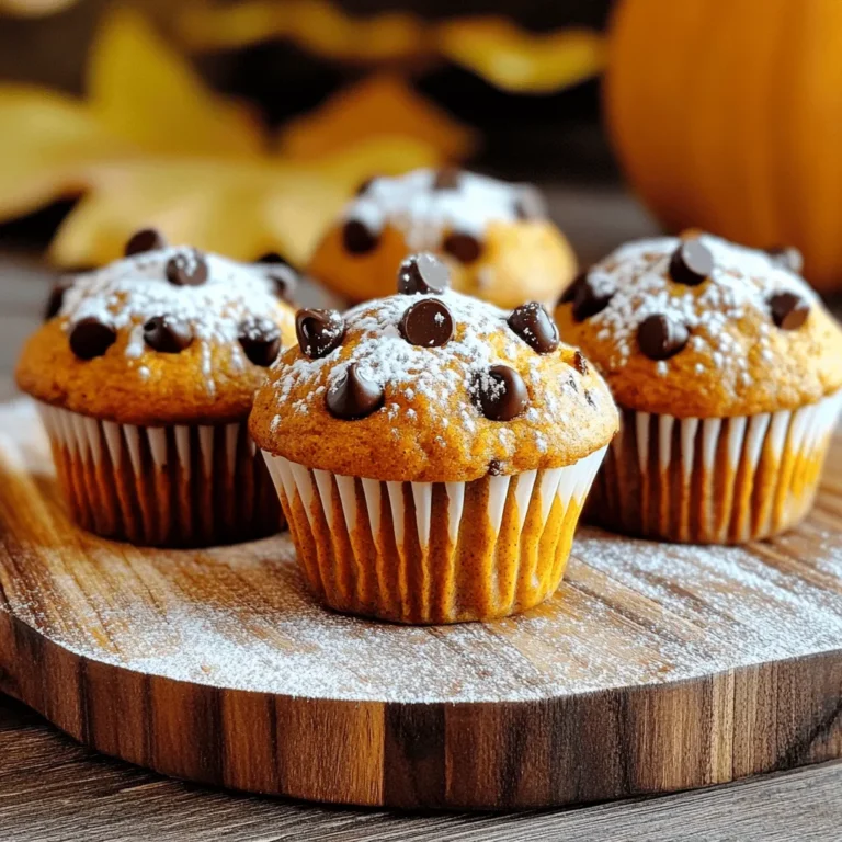 Creating the perfect pumpkin chocolate chip muffins starts with gathering the right ingredients. Here’s what you need: - 1 cup pure pumpkin puree - 1/2 cup brown sugar - 1/2 cup granulated sugar - 1/3 cup vegetable oil - 2 large eggs - 1 teaspoon vanilla extract - 1 1/2 cups all-purpose flour - 1 teaspoon baking soda - 1/2 teaspoon baking powder - 1 teaspoon ground cinnamon - 1/2 teaspoon ground nutmeg - 1/4 teaspoon allspice - 1/2 teaspoon salt - 1 cup semi-sweet chocolate chips - Optional: 1/4 cup chopped walnuts or pecans These ingredients blend perfectly to create a warm, comforting flavor. The pumpkin adds moisture and richness, while the chocolate chips bring sweetness. Brown sugar gives a deep, caramel-like taste. Don’t skip the spices! They give the muffins their cozy aroma. Using fresh pumpkin puree makes a big difference in flavor. If you use canned, check for pure pumpkin, not pie filling. You can easily find most of these items in your pantry or local store. If you want to add a nutty crunch, toss in the walnuts or pecans. For the full recipe, just follow the instructions after gathering these tasty ingredients! - Preheat your oven to 350°F (175°C). Line a muffin tin with paper liners or grease it. - In a large bowl, mix 1 cup of pumpkin puree, 1/2 cup brown sugar, 1/2 cup granulated sugar, 1/3 cup vegetable oil, 2 large eggs, and 1 teaspoon vanilla extract. Whisk until smooth. - In another bowl, combine 1 1/2 cups all-purpose flour, 1 teaspoon baking soda, 1/2 teaspoon baking powder, 1 teaspoon ground cinnamon, 1/2 teaspoon ground nutmeg, 1/4 teaspoon allspice, and 1/2 teaspoon salt. - Gradually add the dry mix to the wet mix. Stir gently until just combined. - Fold in 1 cup of semi-sweet chocolate chips. Add 1/4 cup of chopped walnuts or pecans if you like. - Spoon the batter into the muffin tin, filling each cup about 2/3 full. Bake for 18-22 minutes. Check with a toothpick; it should come out clean. - Let the muffins cool in the tin for about 5 minutes. Then, move them to a wire rack to cool completely. - For a nice touch, dust the cooled muffins with powdered sugar. Serve them on a wooden platter for a rustic look. You can even add a few chocolate chips on top for decoration. Don't forget, you can find the full recipe for these delightful Pumpkin Chocolate Chip Muffins in the earlier sections! Do not overmix the batter. This keeps your muffins light and fluffy. When you combine the wet and dry ingredients, stir gently. You want to mix until just combined. A few lumps are okay! This will help your muffins rise nicely. For even baking, use an oven thermometer. Sometimes, oven temperatures can be off. Preheat your oven to 350°F (175°C). This ensures your muffins bake evenly. Place the muffin tin in the center of the oven. This helps with consistent heat all around. Spices can boost pumpkin flavor. Ground cinnamon is a must. It adds warmth and sweetness. Nutmeg and allspice also work well with pumpkin. They bring out its natural richness. You can even add a pinch of ginger for extra kick. Choose high-quality chocolate. Semi-sweet chocolate chips are great, but you can use dark chocolate too. Look for brands with high cocoa content. This gives a deeper flavor. Always check the ingredients to avoid additives. A little powdered sugar can make a big difference. Dust it over the cooled muffins for a pretty look. Use a small sieve for an even coating. This adds a touch of elegance. For creative plating, use a wooden platter. It gives a rustic feel. You can also add a few chocolate chips on top of each muffin. This makes them more inviting. Arrange them in a circle or stack them for an eye-catching display. {{image_2}} You can swap out regular sugar for healthier options. Try using maple syrup or honey. These natural sweeteners add a touch of flavor. They also bring moisture to your muffins. You can use less sugar this way, too. Choosing whole grain flour is another smart move. It gives you more fiber and nutrients. Whole wheat flour works well in this recipe. You can replace all-purpose flour with it. Just remember, the muffins may turn darker and denser. Want to mix things up? Adding spices can make your muffins shine! Try ginger or cloves for an extra kick. They pair nicely with the pumpkin. You can also play with different chocolates. Dark chocolate chips add richness. White chocolate can bring a sweet twist. You can add fruits like cranberries or apples. They add a pop of color and flavor. Just chop them small so they mix well. Think about fun add-ins for your muffins. Nuts like walnuts or pecans add crunch. Just chop them up and fold them in. You can also use dried fruits like raisins or apricots. They add sweetness and texture. For toppings, you can get creative! Try a sprinkle of oats or a drizzle of honey. A dusting of powdered sugar makes them look great, too. Check out the Full Recipe for more tips on how to make these muffins your own! To keep your pumpkin chocolate chip muffins fresh, store them in an airtight container. This helps seal in moisture. At room temperature, they last for about 2 to 3 days. If your kitchen is warm and humid, you might want to refrigerate them. Muffins can dry out quickly, so be mindful. For long-term storage, freezing is a great option. Wrap each muffin tightly in plastic wrap and place them in a freezer bag. This keeps them safe from freezer burn. You can freeze them for up to 3 months. To thaw, leave them at room temperature for about 1 hour. If you need them warm, pop them in the microwave for 15-20 seconds. Check your muffins before eating. If they smell off or show mold, it's time to toss them. A good muffin should feel moist but not wet. If they feel dry or crumbly, they might not taste great. To maintain freshness, always store them in a cool, dry place. You can use applesauce, mashed banana, or butternut squash. Each option adds moisture and sweetness. Applesauce works well for a lighter taste. Mashed banana gives a unique flavor, while butternut squash is very similar to pumpkin. Yes, you can! Make the batter a day ahead and store it in the fridge. This helps the flavors blend better. You can also bake the muffins and store them in an airtight container. They stay fresh for about three days at room temperature. Use a gluten-free all-purpose flour blend. These blends often include rice flour, tapioca flour, and potato starch. Make sure the blend contains xanthan gum for added structure. This way, you keep the same fluffy texture without gluten. This recipe balances pumpkin flavor with sweet chocolate. The spices like cinnamon and nutmeg bring warmth and depth. I also use a mix of sugars, which adds richness. The muffins stay moist and fluffy, making them truly special. Key factors include not overmixing the batter. Mix until just combined for fluffiness. Use fresh baking powder and soda for rise. Proper measuring of flour is crucial, too. Spoon flour into your measuring cup rather than scooping it straight from the bag. This keeps the muffins light and airy. These Pumpkin Chocolate Chip Muffins are a delightful treat made with simple ingredients. You mixed wet and dry items separately, added chocolate chips, and baked them to perfection. Remember, don’t overmix; it keeps muffins light. Feel free to make variations with spices or different add-ins. Storing them right helps maintain freshness. Enjoy your baking journey, and share these tasty muffins with friends! They will love them just as much as you do.