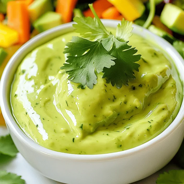 - 1 ripe avocado, pitted and peeled - 1/2 cup fresh cilantro leaves, chopped - 1/2 cup Greek yogurt (or dairy-free yogurt) - 2 tablespoons lime juice - 1 tablespoon olive oil - 1 garlic clove, minced - Salt and pepper to taste - 1-2 tablespoons water (to thin, if needed) To make creamy avocado cilantro dressing, you need fresh ingredients. The avocado gives a rich texture. Cilantro adds a bright taste that wakes up your dishes. Greek yogurt makes it creamy and adds protein. Lime juice offers a zesty kick that balances the flavor. Olive oil gives a smooth finish. Garlic brings depth, while salt and pepper enhance all the tastes. This dressing is packed with nutrients. A serving has about 90 calories. It has healthy fats from the avocado and olive oil. Greek yogurt adds protein and probiotics. Each ingredient brings health benefits: - Avocado: Good for heart health and full of fiber. - Cilantro: High in vitamins A, C, and K. - Greek yogurt: Provides calcium and protein. - Lime juice: Rich in vitamin C, boosting your immune system. - Garlic: May help lower blood pressure and cholesterol. Using fresh ingredients not only makes the dressing tasty but also boosts your health. For the full recipe, check out the details above. To make creamy avocado cilantro dressing, you need a blender or food processor. These tools help mix the ingredients smoothly. Step 1: Combining Ingredients Start by placing the following ingredients in your blender: - 1 ripe avocado, pitted and peeled - 1/2 cup fresh cilantro leaves, chopped - 1/2 cup Greek yogurt (or dairy-free yogurt) - 2 tablespoons lime juice - 1 tablespoon olive oil - 1 garlic clove, minced Make sure all the ingredients are ready. This ensures a quick and easy blending process. Step 2: Blending to a Smooth Consistency Blend the mixture until it is smooth and creamy. Stop to scrape down the sides if needed. If the dressing is too thick, add 1-2 tablespoons of water to reach your desired consistency. Blending should take about one to two minutes. Next, it’s time to season your dressing. Taste it to see if it needs more salt and pepper. Adjust these to your liking. For extra tanginess, squeeze in more lime juice. This brightens up the flavors nicely. Once seasoned, transfer the dressing to a bowl or jar. Refrigerate it for at least 30 minutes. This waiting time allows the flavors to meld together beautifully. For serving, drizzle the dressing over fresh salads or serve it in a small bowl with veggie sticks. You can also garnish with a few cilantro leaves for a special touch. This dressing pairs well with many dishes, making it a versatile addition to your meals. Enjoy the bright, fresh taste! To get the right consistency, you might need to use water to thin the dressing. Start with one tablespoon of water. Blend it in and check the thickness. If it’s still too thick, add another tablespoon. This helps you control how creamy or pourable the dressing gets. For a smooth and creamy texture, ensure your avocado is ripe. A ripe avocado blends easily and adds richness. You can also blend longer to make it super smooth. Don’t skip scraping down the sides of the blender. This ensures everything mixes well. You can enhance the flavor by adding more herbs or spices. Try mixing in some chopped green onions or a pinch of cumin for a twist. Fresh ingredients matter a lot. Fresh cilantro brings a vibrant taste. Always choose the freshest lime juice, too. For creative serving ideas, drizzle the dressing over fresh salads. It also pairs well with vegetable sticks. Place it in a small bowl for dipping. To make it extra pretty, garnish with a few cilantro leaves on top. This adds color and makes your dish look inviting. {{image_2}} You can easily make this dressing dairy-free. Try using silken tofu or cashew cream. Both options give a creamy texture without dairy. If you prefer yogurt, look for dairy-free yogurt made from coconut or almond. These options keep the flavor fresh and tasty. Want a kick? Add jalapeños to your dressing. This will give it a nice heat. You can also mix in other herbs like parsley or mint. These herbs add unique flavors and aromas that make your dressing stand out. Feel free to switch out the yogurt. Sour cream works great as a substitute. It adds a rich flavor that pairs well with the avocado. You can also explore using avocado oil instead of olive oil. This change can enhance the avocado flavor while keeping it light. For the full recipe, check out the Creamy Avocado Cilantro Dressing section above. For the best storage, use an airtight container. Glass jars with tight lids work great. This keeps the dressing fresh and prevents odors from other foods. It stays fresh for about 3 to 5 days in the refrigerator. Always check for any changes in smell or color before using. You can freeze avocado dressing, but it may change in texture. To freeze, pour the dressing into ice cube trays. Once frozen, transfer the cubes to a freezer bag. This way, you can thaw just what you need. To thaw, place cubes in the fridge overnight or use a microwave. Stir well before using to restore its creamy texture. Look for changes in color or smell to check if the dressing is bad. If it turns brown or has an off odor, it's time to toss it. The recommended shelf life is about 3 to 5 days when stored correctly. To ensure safety, always trust your senses! To make your dressing creamier, you can use a few simple tricks: - Add more Greek yogurt. This thickens and enriches the flavor. - Use a ripe avocado. The riper it is, the smoother the texture. - Blend longer. This ensures all ingredients mix well. - If it's still thick, add water slowly. Mix until the right creaminess is reached. Yes, you can easily substitute some ingredients: - Greek yogurt can be replaced with any dairy-free yogurt. - Use lime juice instead of lemon juice for a different citrus taste. - Olive oil can be swapped with avocado oil for a richer flavor. These changes can slightly alter the taste but will still be delicious. Avocado dressing lasts about 3 to 5 days in the fridge. - Store it in an airtight container to keep it fresh. - Check for browning; this means it may not be good anymore. - If it smells off, it’s best to throw it away. This dressing goes well with many dishes: - Drizzle it on salads for a fresh kick. - Use it as a dip for veggies or chips. - Spread it on sandwiches or wraps for extra flavor. - It also complements grilled chicken or fish nicely. Enjoy experimenting with different pairings! This blog post explores how to make a delicious avocado dressing. You learned about the right ingredients, from ripe avocados to Greek yogurt. I covered step-by-step instructions for blending and seasoning. Tips for achieving the perfect texture and enhancing flavor were shared. We also looked at variations for dietary needs and creative ways to store the dressing. Now, you can enjoy this tasty, healthy dressing in many ways. Get started in your kitchen today!