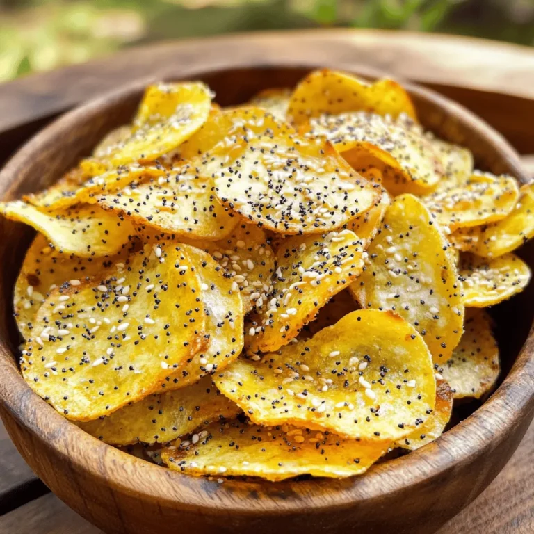 To make these tasty bagel chips, you need just a few basic items: - 1 large everything bagel - 2 tablespoons olive oil - 1 teaspoon garlic powder - 1 teaspoon onion powder - 1 teaspoon sesame seeds - 1 teaspoon poppy seeds - 1/2 teaspoon sea salt These ingredients work together to create a crunchy, flavorful snack. The everything bagel gives a unique taste that you will love. You can add some fun twists to your bagel chips. Here are some ideas: - Red pepper flakes for heat - Parmesan cheese for a cheesy bite - Dried herbs like oregano or thyme Feel free to mix and match these extras. They can elevate your chips to a whole new level. To make this recipe, you will need a few tools: - A serrated knife for slicing the bagel - A mixing bowl for the oil mixture - A brush for spreading the oil on the bagel slices - An air fryer for cooking These tools will help you prepare and cook your delicious bagel chips with ease. Enjoy the process and get creative! Start by slicing the everything bagel into thin pieces. Aim for about 1/4-inch thick. A serrated knife works best for this task. This thickness will help them crisp up nicely in the air fryer. In a mixing bowl, combine the olive oil, garlic powder, onion powder, sesame seeds, poppy seeds, and sea salt. Whisk these ingredients together until they blend well. This oil mixture adds wonderful flavor to the bagel chips. Preheat your air fryer to 350°F (175°C) for about 3-5 minutes. Arrange the bagel slices in a single layer in the air fryer basket. Make sure they do not overlap. This ensures even cooking. Air fry the slices for 8-10 minutes. Flip them halfway through to get both sides crispy. Keep an eye on them, as air fryers can cook differently. Once golden and crisp, remove the bagel chips and let them cool on a wire rack. You can sprinkle extra sea salt or seasoning on top if you want more flavor. Enjoy your tasty snack! To get the best crunch from your bagel chips, slice the bagel thinly. Aim for about 1/4-inch thickness. This helps them cook evenly and become crispy. Brush both sides with the oil mixture for a nice flavor boost. Air fry at 350°F for 8-10 minutes. Flip them halfway through to ensure even cooking. Keep an eye on them, as air fryers can vary in how fast they cook. You can change the flavor to match your mood! Add more garlic powder for a punch or some chili flakes for heat. Swap sesame seeds for other seeds like sunflower seeds, if you prefer. You can even sprinkle some cheese on top before air frying. Get creative and make these chips your own! If your chips are not crispy enough, you might have cut them too thick. Always ensure they are in a single layer in the air fryer. If they are overlapping, they won’t cook right. If they taste bland, try adding more seasoning to the oil mix. Adjust your seasoning to find your perfect balance. {{image_2}} You can use many bagel types for your chips. Try plain, sesame, or poppy seed bagels. Each type gives a different taste and texture. If you want a sweet twist, try a cinnamon raisin bagel. The sugar balance makes for a unique snack. Mix up the flavors by adding spices. Try smoked paprika for a smoky taste or chili powder for heat. You can even add grated cheese for a cheesy kick! For a fresh twist, sprinkle fresh herbs like dill or rosemary on top after cooking. These flavors make your bagel chips extra special. Dipping sauces can take your bagel chips to the next level. Hummus pairs well with the savory flavors. Creamy ranch or tzatziki sauce also works great. For a twist, try salsa or guacamole. These options add more fun to your snacking experience. To keep your bagel chips fresh, store them in an airtight container. This helps to keep them crispy. You can use a glass jar or a plastic container with a tight lid. If you have leftover seasoning, you might want to store that separately. Avoid moisture, as it makes chips soggy. When you want to enjoy your bagel chips again, reheating is key. Place them in the air fryer at 350°F (175°C) for about 3-5 minutes. This will bring back their crunch. You can also use a regular oven at the same temperature. Lay them on a baking sheet and heat for the same time. These bagel chips last up to a week in storage. After that, they may lose their crispness or flavor. Check for any signs of spoilage like a weird smell or soft texture. If they feel chewy or taste stale, it’s best to toss them. For the freshest taste, enjoy them within a few days. Air Fryer Everything Bagel Chips stay fresh for about one week. Store them in an airtight container. This keeps them crispy and tasty. If you want extra crunch, eat them sooner. You can also freeze them for longer storage, but they may lose some crispness. Yes, you can bake these bagel chips in the oven. Preheat your oven to 350°F (175°C). Arrange the bagel slices on a baking sheet. Brush them with the oil mixture. Bake for 15-20 minutes, flipping halfway through. Keep an eye on them so they don’t burn. If your chips are not crispy, try a few tips. First, check the thickness of your slices. Thinner slices cook better and get crispier. Second, make sure they have enough space in the air fryer. Overlapping slices can lead to sogginess. Lastly, air fry them a bit longer. Just keep watching to avoid burning! You learned about making air fryer everything bagel chips in this post. We covered essential ingredients, helpful tools, and easy step-by-step instructions. I shared tips for perfect crispiness and flavor tweaks you can try. You now know about storage and how to keep them fresh. These bagel chips are fun and tasty snacks. With your newfound skills, you can impress friends and family with delicious treats. Enjoy your cooking and crunching!