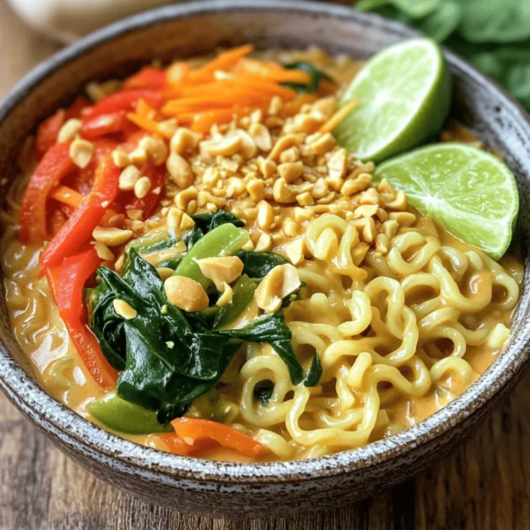 To make Thai peanut ramen, you need these key ingredients: - 200g ramen noodles - 1 cup vegetable broth - 1/2 cup creamy peanut butter - 3 tablespoons soy sauce - 2 tablespoons lime juice - 1 tablespoon brown sugar - 1 tablespoon sesame oil - 1 teaspoon fresh grated ginger - 1 garlic clove, minced - 1 cup baby spinach - 1 carrot, julienned - 1 bell pepper, thinly sliced (any color) - 1/4 cup chopped green onions - Crushed peanuts and lime wedges for garnish You can swap some ingredients for dietary needs. If you need a gluten-free option, use gluten-free ramen or rice noodles. For a nut-free dish, try sunflower seed butter instead of peanut butter. If you want a low-sodium version, use low-sodium soy sauce. Also, you can replace vegetable broth with water if you want a lighter taste. Using fresh ingredients makes a big difference in flavor. Fresh veggies add crunch and color, making the dish appealing. Fresh garlic and ginger enhance the sauce with bright flavors. Always choose ripe limes for the best juice. Fresh ingredients not only taste better but also give a healthy touch to your meal. When you use good-quality items, you create a dish that shines with flavor. For the full recipe, refer to the list above. First, let’s cook the ramen noodles. Boil water in a pot. Add the noodles and cook them based on the package instructions. Usually, it takes about 3 to 5 minutes. Once they are soft, drain them and set them aside. This step is crucial, as the noodles will soak up the flavors later. Next, we need to make the peanut sauce. Grab a medium saucepan and place it on medium heat. Pour in the vegetable broth. Then, add the creamy peanut butter, soy sauce, lime juice, brown sugar, sesame oil, grated ginger, and minced garlic. Stir well until the sauce is smooth and warm. This sauce is the heart of the dish, giving it that rich and nutty flavor. Now, it’s time to mix everything. Add the julienned carrot and sliced bell pepper into the saucepan. Cook for about 3 to 4 minutes. You want the veggies to be tender but still crisp. Then, stir in the baby spinach and cooked ramen noodles. Mix gently until the spinach wilts. Serve the dish in bowls. Don’t forget to top each bowl with chopped green onions, crushed peanuts, and a lime wedge. This adds a fresh and zesty touch. For the full recipe, check out the details above. Enjoy your tasty Thai peanut ramen! When cooking ramen, follow these tips for the best results: - Use plenty of water. This helps the noodles cook evenly. - Add noodles once the water boils. This keeps them from sticking. - Stir gently at first, then let them cook without stirring. - Taste the noodles a minute before the time is up. They should be firm but tender. This way, you’ll have perfect ramen every time. To make your peanut sauce pop, try these tips: - Use fresh lime juice instead of bottled. Fresh juice tastes brighter. - Add a pinch of salt to enhance the flavors. - If you like spice, add chili paste or sriracha. This gives the sauce a nice kick. - Mix in some coconut milk for creaminess and depth. These small changes will elevate your sauce to a new level. Serving your Thai peanut ramen well makes it even more inviting. Here are a few ideas: - Use a wide, shallow bowl to show off the colors. - Top the dish with sliced green onions and crushed peanuts. - Add lime wedges on the side for a fresh touch. - Arrange the veggies nicely on top. This makes the dish look more appealing. With these tips, your ramen will be as beautiful as it is tasty. For the full recipe, check out the complete guide. {{image_2}} You can easily make this dish vegetarian or vegan. Use vegetable broth and creamy peanut butter as your base. Instead of chicken or shrimp, add tofu for protein. Tofu absorbs the flavors well and gives a nice texture. You can also add more veggies like mushrooms or zucchini. These additions make the dish colorful and healthy. If you want to add protein, there are great choices. Chicken is a classic option. Cook it in a pan until it’s golden brown. Then slice it and toss it into the ramen. Shrimp is another tasty option. Just cook them until pink and tender. If you prefer plant-based protein, use firm tofu. Press it, cube it, and sauté until crispy. Each protein adds a different taste and texture to your ramen. For those who love spice, add chili flakes or hot sauce. Start with a little, then taste before adding more. You can also use sriracha or sambal oelek for a kick. For a fresh touch, add sliced jalapeños or Thai bird chilies. These spicy options will wake up your dish and make it even more exciting. Once you finish your meal, let the Thai peanut ramen cool down. Use an airtight container to store the leftovers. This will keep the noodles and sauce fresh. Place it in the fridge if you plan to eat it within a few days. It is best to eat it within three days for the best taste. To reheat your ramen, add a splash of water to the noodles. Put it in a pot over low heat. Stir gently until heated through. This keeps the noodles from drying out. You can also use the microwave. Just cover your bowl and heat for one minute. Stir and heat again if needed. You can freeze Thai peanut ramen if you want to save it for later. However, the texture may change when you thaw it. The noodles might become softer. To freeze, place it in a freezer-safe container. Leave some space at the top for expansion. When ready to eat, thaw it in the fridge overnight. Reheat as explained before. Enjoy your flavorful meal anytime! For the full recipe, check out the details above. Thai Peanut Ramen is a tasty, quick meal. It combines ramen noodles with a creamy peanut sauce. This dish bursts with flavor from fresh vegetables and spices. You can whip it up in just 20 minutes. The sauce is made with peanut butter, soy sauce, and lime juice. It's rich, savory, and has a hint of sweetness. This meal is perfect for busy weeknights when you crave something comforting. Yes, you can use different noodles if you like. Soba or udon noodles work well in this dish. Rice noodles are also a great choice for a gluten-free option. Just make sure to cook them according to the package directions. Each type of noodle brings its own taste and texture. Experimenting can lead to new favorites. To make Thai Peanut Ramen gluten-free, use gluten-free soy sauce. This will keep the flavor while avoiding gluten. Also, pick gluten-free noodles, like rice noodles or gluten-free ramen. Check labels for any hidden gluten in sauces or ingredients. With these swaps, you can enjoy this dish without worry. This blog post covers making delicious Thai Peanut Ramen. We explored ingredients, including healthy swaps and the need for fresh produce. Then, we provided step-by-step instructions for cooking the noodles and making the sauce. I shared tips for better cooking and fun presentation ideas. Variations allow for dietary choices, including vegan and spicy options. Lastly, proper storage and reheating tips ensure your meal stays tasty. Embrace these ideas. Dive into cooking and enjoy your flavorful bowl of ramen!