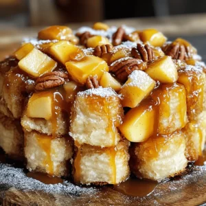 To make the delicious Caramel Apple Monkey Bread, you will need the following ingredients: - 2 cans of refrigerated biscuit dough - 1 cup brown sugar - 1/2 cup granulated sugar - 1 teaspoon ground cinnamon - 1/4 cup unsalted butter, melted - 2 large apples, peeled and diced (Granny Smith or Honeycrisp work great) - 1/2 cup pecan pieces (optional) - 1 cup caramel sauce (store-bought or homemade) - Powdered sugar for dusting (optional) You can switch up the apples if you like. Try using Fuji or Gala for a sweeter taste. If you want a nut-free version, skip the pecans altogether. You can also use almond or cashew pieces if you prefer. For a fun twist, add chocolate chips or dried fruit to the mix! These simple ingredients come together to create a sweet treat that is full of flavor. The mix of cinnamon, apples, and caramel makes every bite special. For the full recipe, check out the instructions above. First, preheat your oven to 350°F (175°C). This step is key for a perfectly baked monkey bread. Next, grab your bundt pan and spray it with non-stick spray. This will help the bread release easily later. In a medium bowl, mix together 1/2 cup of granulated sugar and 1 teaspoon of ground cinnamon. This sweet blend will coat the biscuit pieces. Now, open the cans of biscuit dough and cut each biscuit into quarters. This makes them bite-sized and easy to layer. Roll each piece of dough in the cinnamon sugar mixture until they are fully coated. Set them aside for later use. Now it's time to layer! Start by placing half of the coated biscuit pieces in the bottom of your greased bundt pan. Next, take half of the apple-pecan mixture and sprinkle it over the biscuit layer. If you like nuts, this is where you can use the pecan pieces. Add another layer of the remaining biscuit pieces on top. Follow it with the rest of the apple-pecan mixture. This creates a delicious mix of flavors throughout the monkey bread. Drizzle the melted butter evenly over the top of the biscuit and apple layers. This step adds richness and flavor. After that, sprinkle any leftover cinnamon sugar over the entire pan. Now, pour the caramel sauce evenly over the top. This allows it to drizzle between the layers, enhancing the sweetness. Bake your monkey bread in the preheated oven for 30-35 minutes. Check for doneness by looking for a golden brown color. Once it’s ready, let the monkey bread cool in the pan for about 10 minutes. Then, carefully invert it onto a serving plate. If you want, dust it with powdered sugar before serving. For the full recipe, check out the details and enjoy this delightful homemade treat! To get a golden brown finish, preheat your oven to 350°F (175°C). Grease your bundt pan well. This helps the bread come out easily. Layer the biscuit dough evenly to ensure it cooks through. Common pitfalls include undercooking or overcooking. To avoid these, set a timer for 30 minutes. Check for doneness by inserting a toothpick into the center. If it comes out clean, your bread is ready. If it’s still wet, give it a few more minutes. For serving, carefully invert the monkey bread onto a plate. This will show off the caramel and apple layers. You can cut it into pieces or pull it apart for a fun, casual look. To add some flair, dust the top with powdered sugar. This creates a lovely contrast with the caramel. You can also drizzle some extra caramel sauce over the top. It makes the dish look even more appetizing. Enjoy serving this sweet treat at gatherings or family dinners! {{image_2}} You can play with flavors in your Caramel Apple Monkey Bread. Try using pears instead of apples. Pears add a sweet, juicy twist. Berries are another fun option. They bring a burst of color and tartness. Mix berries like raspberries or blueberries for a fruity flair. You could even combine fruits for a unique taste. Think apples and berries together! The key is to choose fruits that hold their shape when baked. If you need a gluten-free version, use gluten-free biscuit dough. Many brands offer tasty options that work well. For a vegan twist, swap the butter for coconut oil. You can also use a plant-based caramel sauce. These changes keep the flavors while making it suitable for your diet. Always check labels to ensure all ingredients fit your needs. This monkey bread is great on its own, but you can elevate it. Serve it warm with a scoop of vanilla ice cream. The hot bread and cold ice cream create a delightful mix. Another fun idea is to add whipped cream on top. You can sprinkle some cinnamon or nuts for extra crunch. For a more indulgent treat, drizzle extra caramel sauce over each slice. Each of these ideas makes your Caramel Apple Monkey Bread even more special. Want the full recipe? Check out the Full Recipe section. After enjoying Caramel Apple Monkey Bread, store leftovers in an airtight container. This helps keep the bread moist. Place it in the fridge for the best results. To reheat, simply pop it in the microwave for about 15-20 seconds. If you prefer, you can warm it in the oven at 350°F for about 10 minutes. This brings back the gooey caramel and soft texture. Caramel Apple Monkey Bread stays fresh in the fridge for up to three days. After that, it may start to lose its flavor and texture. Always check for any signs of spoilage before eating. If it smells off or feels dry, it’s best to toss it. You can freeze Caramel Apple Monkey Bread for up to two months. To do this, let it cool completely. Wrap it tightly in plastic wrap and then in aluminum foil. This prevents freezer burn. To thaw, move it to the fridge overnight. Then, reheat it in the oven or microwave before serving. Enjoy the sweet flavors that taste just as fresh as when you first made it! For the complete recipe, check out the Full Recipe section. What can I substitute for biscuit dough? You can use crescent roll dough if you want a different taste. Some people like to use homemade dough for a fresh touch. Just make sure it’s easy to pull apart. Can I make this recipe ahead of time? Yes, you can! Prepare the dough and apple layers the night before. Just cover it well and place it in the fridge. Bake it fresh in the morning for a warm treat. Why did my monkey bread not rise properly? If your monkey bread did not rise, it could be due to the dough being old or expired. Make sure to check the date on the biscuit cans. Also, ensure your oven is preheated correctly. This helps the dough rise well. What can I do if my apples turned mushy? If your apples turned mushy, they may have been overcooked. Try choosing firmer apples like Granny Smith. You can also add them later in the bake to keep their crunch. Is Caramel Apple Monkey Bread a suitable dessert for gatherings? Absolutely! Caramel apple monkey bread is a fun dessert for any gathering. It’s easy to share and looks beautiful on a table. Everyone loves pulling apart the sweet, sticky pieces. Caramel Apple Monkey Bread is a fun treat that brings joy to any table. We covered everything from ingredients and preparation to baking tips and variations. Remember, you can swap fruits or try different diets. Store leftovers the right way to enjoy them later. This dish is great for gatherings, and you can prepare it ahead if needed. Follow these steps, and your dessert will impress everyone. Enjoy making this sweet delight!