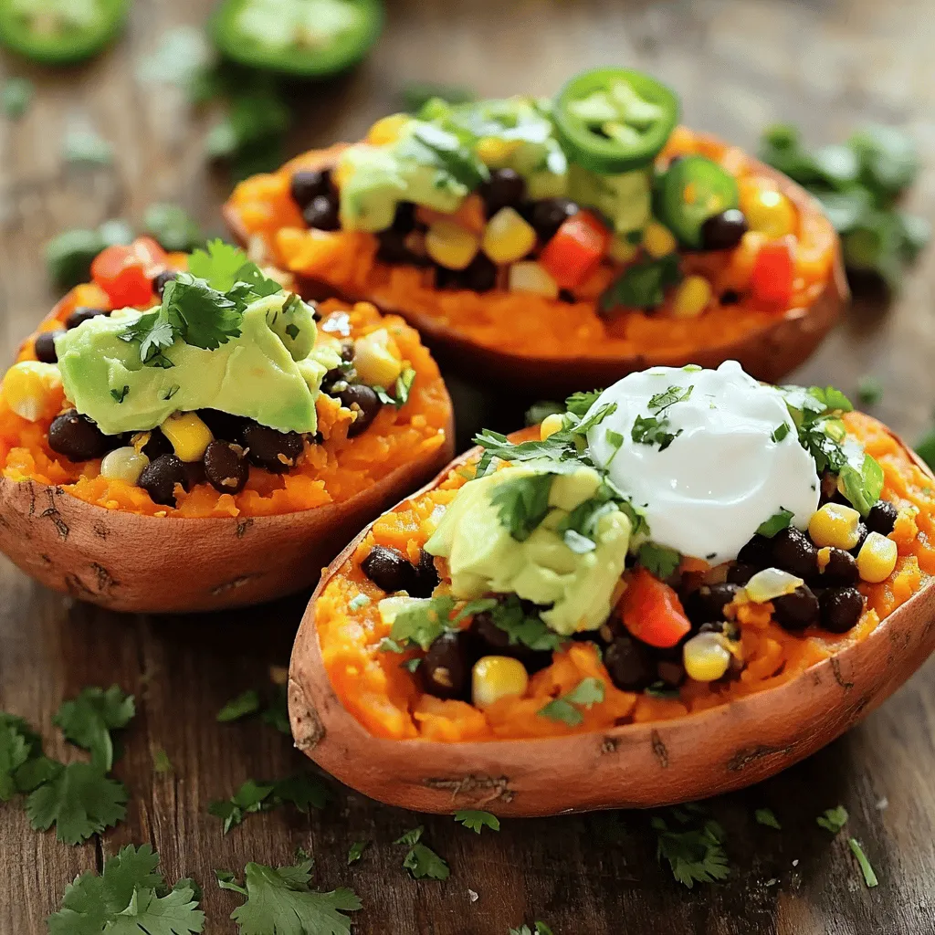 - 4 medium-sized sweet potatoes - 1 can black beans, drained and rinsed - 1 cup corn kernels (fresh or frozen) - 1 red bell pepper, diced - 1 teaspoon cumin - 1 teaspoon smoked paprika - 1 avocado, diced - 1/4 cup cilantro, chopped - Juice of 1 lime - Salt and pepper to taste - 1/2 cup Greek yogurt or sour cream for topping - Optional: Sliced jalapeños for heat You can add more flavors to your stuffed sweet potatoes. Try adding cheese for creaminess. A sprinkle of feta or a handful of shredded cheddar works well. If you want a bit of spice, use sliced jalapeños. They add a nice kick to the dish. You could also toss in some cooked quinoa for extra protein and texture. Always choose fresh ingredients. Fresh sweet potatoes should feel firm and have smooth skin. Check for any soft spots or blemishes. For the best taste, use ripe avocados. They should yield slightly when you press them. Select canned beans that have no added sugar or preservatives. When possible, use organic corn and peppers. Fresh or frozen corn is a great option. Quality ingredients make your stuffed sweet potatoes shine. For the full recipe, refer to the above list. First, preheat your oven to 425°F (220°C). Rinse and scrub the sweet potatoes well. This step is key to remove dirt. Next, pierce each sweet potato several times with a fork. This helps steam escape while baking. Place the sweet potatoes on a baking sheet. Bake them for about 45 to 60 minutes. They are done when a knife goes in easily. While the sweet potatoes bake, prepare the stuffing. In a large bowl, mix the black beans, corn, and diced red bell pepper. Add in the cumin and smoked paprika for flavor. Squeeze in the juice of one lime. This brightens the dish. Season with salt and pepper to taste. Mix everything well. Toss in half of the chopped cilantro for a fresh touch. When the sweet potatoes are tender, take them out of the oven. Let them cool for a few minutes. Cut each sweet potato in half lengthwise. Use a fork to fluff the insides gently. This creates space for the stuffing. Spoon the bean and corn mixture into each half. Fill them generously. Top each one with diced avocado and a scoop of Greek yogurt or sour cream. Finish with a sprinkle of the remaining cilantro. If you like heat, add sliced jalapeños. Your stuffed sweet potatoes are ready to enjoy! You can find the Full Recipe for more details. To bake sweet potatoes just right, choose medium-sized ones. They cook evenly and are easier to handle. Always scrub them clean to remove dirt. This helps the skin stay nice and tasty. Pierce each potato several times with a fork. This lets steam escape and prevents them from bursting. Bake them at 425°F (220°C) for 45-60 minutes. Check them with a knife; if it slides in easily, they are done. When it comes to flavor, get creative! Add spices like cayenne for heat or chili powder for depth. You can also mix in garlic powder for extra taste. Fresh herbs like basil or parsley can make your dish pop. For a zesty kick, try lime or lemon juice. A sprinkle of cheese on top can melt beautifully. Don’t be shy about experimenting with toppings to find your favorite combo! Using the right tools makes cooking easier. A sharp knife helps cut the sweet potatoes smoothly. Use a fork to fluff the insides without making a mess. A baking sheet is great for roasting them. If you have a mixing bowl, it’s perfect for combining your stuffing. Don’t forget measuring cups for accuracy! For a fun twist, a spiralizer can create veggie noodles to mix in. You can check out the Full Recipe for more tips! {{image_2}} You can get creative with vegetarian options for your stuffed sweet potatoes. Here are some ideas: - Chickpeas and Spinach: Mix chickpeas with sautéed spinach and garlic. - Quinoa and Feta: Combine cooked quinoa with crumbled feta and cherry tomatoes. - Mushrooms and Swiss Cheese: Sauté mushrooms with onions, then top with Swiss cheese. These combinations add flavor and texture to your meal. If you want to add meat, consider these non-vegetarian fillings: - Ground Turkey or Chicken: Sauté with taco seasoning for a zesty kick. - Shredded BBQ Chicken: Use cooked chicken mixed with your favorite BBQ sauce. - Bacon and Cheese: Fry up some bacon, crumble it, and mix with cheddar cheese. These options make your stuffed sweet potatoes heartier and more filling. For gluten-free and vegan choices, try these alternatives: - Lentils and Vegetables: Cook lentils with diced veggies like zucchini and carrots. - Cauliflower Rice: Use riced cauliflower mixed with spices and herbs. - Nut and Seed Mix: Blend nuts and seeds for a crunchy, protein-rich filling. These variations keep your meal healthy and accessible for all diets. After you enjoy your stuffed sweet potatoes, store any leftovers in the fridge. Place them in an airtight container. Be sure to do this within two hours of cooking. Leftovers can last about 3 to 5 days in the fridge. If you want to keep them fresh longer, consider freezing them. To reheat stuffed sweet potatoes, use the oven for the best results. Preheat your oven to 350°F (175°C). Place the stuffed sweet potatoes on a baking sheet. Cover them with foil to keep them moist. Heat for about 15 to 20 minutes, or until warm. You can also use a microwave, but this may make the potatoes softer. Yes, you can freeze stuffed sweet potatoes! Wrap each one tightly in plastic wrap. Then, place them in a freezer-safe bag or container. They can last up to 3 months in the freezer. When ready to eat, thaw them in the fridge overnight and reheat as mentioned above. This method keeps the flavors intact. You can change the filling to suit your taste. Some options include: - Cooked quinoa for added protein - Shredded chicken or turkey for a meat option - Spinach or kale for extra greens - Feta or goat cheese for a creamy touch Mix and match these ingredients to create your own unique flavor. Yes, you can prepare stuffed sweet potatoes ahead of time. Bake the sweet potatoes and prepare the filling. Store them separately in the fridge. When you're ready to eat, just stuff the potatoes and bake them again until warm. This makes meal prep easy and quick. Stuffed sweet potatoes pair well with many sides. Here are a few ideas: - A simple green salad for freshness - Grilled vegetables for added flavor - Rice or quinoa for extra carbs You can also serve them with salsa or hot sauce for a kick. Sweet potatoes are done when they are soft. You can check by poking them with a fork or knife. If it goes in easily, they are ready. The skin may also look a bit wrinkled. This means they are sweet and tender, perfect for stuffing. Stuffed sweet potatoes are versatile and tasty. We covered the ingredients, from main staples to optional flavors. I shared detailed steps for preparing, baking, and enhancing these dishes. Tips ensured perfect results, and I provided variations for everyone, including gluten-free options. You can also store and reheat leftovers with ease. Now, you are ready to create your own stuffed sweet potatoes. Enjoy the mix of flavors and textures. They are sure to please at any meal.